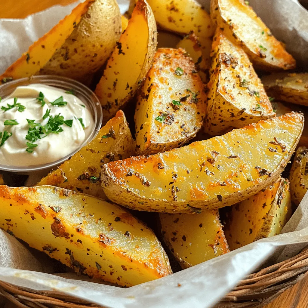 To make crispy potato wedges, gather these ingredients: - 4 large russet potatoes - 3 tablespoons olive oil - 2 teaspoons garlic powder - 1 teaspoon smoked paprika - 1 teaspoon dried oregano - 1 teaspoon dried thyme - ½ teaspoon salt - ½ teaspoon black pepper - ¼ teaspoon cayenne pepper (optional for extra heat) - Fresh parsley, chopped (for garnish) When selecting potatoes, go for russet or Yukon Gold. They have a high starch content, which helps create a fluffy inside and crispy outside. Look for firm potatoes with no bruises or green spots. You can also play with optional seasonings. Try adding parmesan cheese for a cheesy flavor or chili powder for a spicy kick. Fresh herbs can also enhance the taste. Just remember to adjust your seasoning according to your personal preference. For the full recipe, you can find detailed instructions to ensure your wedges turn out perfectly crispy and flavorful. 1. Wash and cut potatoes into wedges Start by washing 4 large russet potatoes. I like to scrub them under cold water to remove dirt. Pat them dry with a towel. Leaving the skins on adds flavor and texture. Cut each potato into 8 wedges. Aim for even sizes to ensure they cook well. 2. Prepare the seasoning oil mixture In a large bowl, mix 3 tablespoons of olive oil with spices. Add 2 teaspoons of garlic powder, 1 teaspoon of smoked paprika, 1 teaspoon of dried oregano, 1 teaspoon of dried thyme, ½ teaspoon of salt, ½ teaspoon of black pepper, and ¼ teaspoon of cayenne pepper if you want heat. Whisk it until well blended. 3. Coat the wedges and arrange on the baking sheet Toss the potato wedges in the oil mixture. Make sure each wedge gets a good coat. This step adds flavor and helps with crispiness. Next, arrange the coated wedges on a baking sheet lined with parchment paper. Lay them out in a single layer and avoid overlapping; this helps them crisp up nicely. 1. Preheat oven and cooking time Preheat your oven to 425°F (220°C). This high temperature helps create a crunchy outside. Bake the wedges for 30-35 minutes. 2. Flipping the wedges midway for optimal crispiness Halfway through baking, carefully flip the wedges. This step is key to getting them golden brown and crispy on all sides. Use tongs for easy handling. 1. Allowing wedges to cool before serving Once the wedges are crispy and golden, take them out. Let them cool for a few minutes. This wait will help them crisp up even more. 2. Garnishing with fresh parsley Before serving, sprinkle chopped fresh parsley over the wedges. This adds a nice pop of color and freshness to your dish. Enjoy your crispy potato wedges! For the full recipe, check the earlier section. To get crispy potato wedges, oil and seasoning must coat each wedge well. I like to use olive oil for its great flavor. Mix your oil and spices in a bowl before adding the wedges. Spacing is key on the baking sheet. Place the wedges in a single layer, leaving space between them. This helps hot air circulate and makes them crispy. I suggest baking at 425°F (220°C). This high heat gives the outside a nice crunch. Flip the wedges halfway through cooking. This helps them cook evenly and turn golden. You can fry or bake your wedges. Frying gives a rich, crunchy texture. However, baking is healthier and just as tasty. An air fryer is another great option. It cooks the wedges quickly and makes them super crispy. Just toss them in the air fryer and set the time. For a vegan option, use oil and spices without any animal products. You can skip cheese and still enjoy great flavor. If you need gluten-free options, check the labels on your spices. Most spices are gluten-free, but it’s good to confirm. This way, everyone can enjoy your crispy potato wedges! {{image_2}} You can spice up your crispy potato wedges in many ways. Try different blends to make them exciting. Here are some ideas: - BBQ: Mix in BBQ seasoning for a smoky taste. - Spicy: Add more cayenne or chili powder for heat. - Cheesy: Sprinkle grated Parmesan or cheddar before baking for a cheesy twist. If you want something different, consider sweet potato wedges. They offer a sweet flavor and a beautiful color. Sweet potatoes have more nutrients too, making them a healthier choice. No wedge is complete without a dip! Here are some popular homemade sauces: - Garlic Aioli: A creamy mix of garlic and mayo. - Ranch Dressing: A fan favorite with herbs and buttermilk. - Salsa: Fresh and tangy, perfect for a kick. For healthier options, try these dips: - Greek Yogurt Dip: Use yogurt, herbs, and lemon for a light taste. - Hummus: This chickpea dip adds flavor and fiber. Feel free to explore and find what you love! For the full recipe, check out the link provided. To keep your crispy potato wedges fresh, store them in an airtight container. Let them cool down first to avoid steam. If you want to freeze them, place the cooled wedges on a baking sheet first. This step prevents them from sticking together. Once frozen, transfer them to a freezer-safe bag. When it's time to enjoy them again, reheating is key to keeping that crunch. Preheat your oven to 400°F (200°C). Spread the wedges on a baking sheet and bake for about 10-15 minutes. This method revives their crispiness. Avoid using the microwave, as it can make them soggy. In the fridge, your crispy potato wedges last about 3-5 days. For freezing, they stay good for up to 3 months. Always check for spoilage before eating. If you see any mold or if they smell bad, it’s best to throw them away. Freshness is key to enjoying your delicious recipe. To make your potato wedges crispy, start with good oil. Use olive oil to coat the wedges evenly. This helps them fry in the oven. Next, cut the potatoes into equal-sized wedges. This ensures they cook at the same rate. Spread them out on the baking sheet. Give them space to breathe; this helps them get crispy. Finally, flip the wedges halfway through baking. This allows both sides to brown nicely. For an extra crunch, you can bake at a high temperature, like 425°F (220°C). Yes, you can use an air fryer to make crispy potato wedges. First, coat the wedges in oil and seasoning. Then, place them in the air fryer basket. Set the temperature to 400°F (200°C) and cook for about 20 minutes. Shake the basket halfway through to ensure even cooking. Check for crispiness, and if needed, cook a few more minutes. You have many options for seasoning potato wedges. Here are some popular choices: - Garlic powder - Smoked paprika - Dried oregano - Dried thyme - Cayenne pepper for heat You can mix and match these spices. Experiment to find your favorite blend. Adding cheese or ranch seasoning can also add a fun twist! Baking time depends on the size of the wedges. For standard-sized wedges, bake for 30-35 minutes at 425°F (220°C). If your wedges are thicker, they may need more time. Thin wedges might cook faster, around 25-30 minutes. Always flip them halfway through for even cooking. Yes, you can use other types of potatoes for wedges. While russet potatoes are great, you can also try: - Yukon Gold potatoes - Red potatoes - Sweet potatoes for a sweeter flavor Each type will give a different texture and taste. Just remember to adjust cooking times as needed. For the full recipe, check out the Crispy Herbed Potato Wedges section. In this blog post, we discussed how to make the perfect potato wedges. We covered ingredients, preparation, cooking steps, and tips for maximum crispiness. You learned about flavor variations and how to store leftovers properly. Now, you have all the tools for making tasty, crispy potato wedges at home. With the right techniques and seasonings, your wedges will impress. Enjoy experimenting with different flavors and dipping sauces, and share your delicious results!