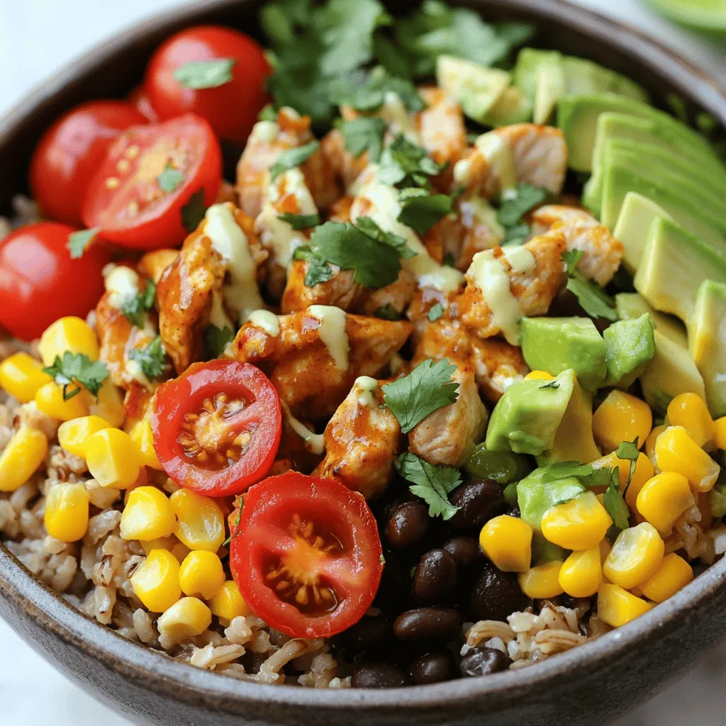 - 1 lb boneless, skinless chicken breast, diced - 1 cup brown rice - 1 can (15 oz) black beans, rinsed and drained - 1 cup corn kernels (fresh or frozen) - 1 red bell pepper, diced - 1 cup cherry tomatoes, halved - 1 avocado, diced - 1/2 cup fresh cilantro, chopped - 1 lime, juiced - 2 tablespoons olive oil - 1 teaspoon cumin - 1 teaspoon smoked paprika - 1 teaspoon garlic powder - Salt and pepper to taste - Optional: shredded cheese, salsa, or Greek yogurt for topping This Chicken Burrito Bowl is a great meal prep choice. It combines protein, veggies, and grains. Each ingredient adds flavor and nutrition. The brown rice gives you a solid base. The chicken adds protein and heartiness. Black beans provide fiber and texture. Fresh veggies keep it colorful and crisp. One serving offers a good balance of nutrients. It has protein from chicken and beans. You get healthy fats from avocado. The bowl is rich in vitamins from peppers and tomatoes. Each serving contains about 450 calories, 20g of protein, and 15g of fiber. This meal helps you stay full and satisfied. You can change up the ingredients easily. Use quinoa or cauliflower rice instead of brown rice for a twist. Swap the chicken for tofu or beef for different flavors. Add zucchini or spinach for more greens. You can even replace lime juice with lemon juice if needed. These swaps keep the meal fresh and fun! Start by rinsing 1 cup of brown rice under cold water. This helps remove any dust. In a medium pot, mix the rice with 2 cups of water and a pinch of salt. Bring it to a boil over high heat. Once boiling, reduce the heat to low. Cover the pot and let it simmer for 30-35 minutes. After that, fluff the rice with a fork and set it aside. This rice will add a nutty base to your burrito bowl. While the rice cooks, get ready to cook your chicken. Heat 2 tablespoons of olive oil in a large skillet over medium-high heat. Add 1 lb of diced chicken breast to the skillet. Season the chicken with 1 teaspoon each of cumin, smoked paprika, garlic powder, salt, and pepper. Cook for 7-10 minutes until the chicken turns golden brown and is fully cooked. This step adds great flavor and texture to your meal. Now that the chicken is cooked, it’s time to add some veggies. Toss in the diced red bell pepper, 1 cup of corn, and 1 can of black beans (rinsed and drained). Stir everything together and cook for another 5-7 minutes. This makes the vegetables tender and enhances their flavor. The colors will brighten your dish, making it look appealing. To assemble, grab serving bowls. Start with a layer of the cooked brown rice at the bottom. Next, add the chicken and vegetable mixture on top. Then, sprinkle 1 cup of halved cherry tomatoes and 1 diced avocado over everything. Finish with 1/2 cup of chopped cilantro for freshness. Squeeze lime juice over each bowl for a zesty touch. If you like, top with shredded cheese, salsa, or Greek yogurt. This makes for a well-rounded and delightful meal. For the complete recipe, check the Full Recipe section. When meal prepping, think ahead. Cook a big batch of brown rice. Store it in the fridge. You can use it for a few days. Cook the chicken in a large skillet. This saves time. Season the chicken well for great taste. You can also cook extra veggies. Use what you have on hand. Black beans and corn are great options. They add color and flavor. To make your burrito bowl shine, use fresh herbs. Cilantro adds a bright taste. Squeeze lime juice for a zesty kick. If you like heat, add some diced jalapeños. Smoked paprika gives a nice depth. Don’t forget to season the chicken well. Taste as you go to find the right balance. You can also mix in some salsa for extra flavor. A great-looking bowl makes food more fun. Layer ingredients neatly. Start with the rice at the bottom. Next, add the chicken and veggies. Top with cherry tomatoes and avocado. Use a sprinkle of cilantro for color. Serve with lime wedges on the side. This adds freshness and makes it look appetizing. A colorful bowl is a happy bowl! For the full recipe, check the earlier sections. {{image_2}} You can easily make a vegetarian burrito bowl. Just leave out the chicken. Use extra black beans or chickpeas for protein. Add more veggies like zucchini or mushrooms. You can also use grilled tofu for a tasty twist. This option is still filling and packed with flavor. If you want to change the protein, there are many options. Ground turkey or beef works well. You can use shrimp or even fish for a lighter meal. For a smokier taste, try pulled pork or shredded rotisserie chicken. Each choice will add its unique flavor to your bowl. Want a kick? Add jalapeños or a dash of hot sauce. You can also mix in spices like cayenne or chipotle. For a savory twist, try adding more herbs like oregano or thyme. You can also swap the lime for a splash of vinegar for a tangy bite. Each change keeps the meal fresh and exciting. You can find the full recipe in the earlier sections! To keep your Chicken Burrito Bowl fresh, store leftovers in an airtight container. Make sure the container is cool before sealing it. Place it in the fridge within two hours of cooking. This helps prevent bacteria growth. You can enjoy your leftovers for up to four days. When you’re ready to eat, there are easy ways to reheat. For the microwave, place the bowl in and cover it. Heat for one to two minutes. Stir halfway through to ensure even warming. If you prefer, you can reheat in a skillet. Just add a splash of water and heat over medium heat until warm. If you want to save your Chicken Burrito Bowl for later, freezing is a great option. First, let it cool completely. Then, divide the meal into portions and place them in freezer-safe bags. Remove as much air as possible before sealing. Label the bags with the date. You can freeze for up to three months. To reheat, simply thaw overnight in the fridge. Then use the reheating methods mentioned above. Enjoy the flavors even after freezing! Yes, you can customize your Chicken Burrito Bowl. Use different proteins, like shrimp or tofu. You can also swap the brown rice for quinoa or cauliflower rice. Add your favorite veggies too, like spinach or zucchini. Mix in sauces for a new twist! The best way to reheat a chicken burrito bowl is in the microwave. Place it in a microwave-safe dish. Cover it with a damp paper towel to keep it moist. Heat for one to two minutes, stirring halfway through. Check the heat and enjoy! To make a low-calorie Chicken Burrito Bowl, use less oil or skip it altogether. Choose skinless chicken breast for lean protein. Opt for brown rice or a smaller portion. Load up on fresh veggies to add volume without many calories. For the best flavor, consider adding fresh avocado, salsa, or Greek yogurt. Shredded cheese can add creaminess, while cilantro gives a fresh kick. Lime juice brightens the dish. You can also add jalapeños for heat if you like spice! Yes, you can make this Chicken Burrito Bowl ahead of time. Cook the chicken and rice, then store them separately. Prepare the veggies and toppings as well. Keep everything in the fridge for up to four days. Just assemble before serving for fresh taste! This blog post outlined the ingredients and steps for a delicious Chicken Burrito Bowl. You learned about each component, from cooking the rice to sautéing vegetables. I shared tips for meal prep and how to add your own twist. Whether you go for the vegetarian option or adjust the flavors, you can make this bowl yours. Remember to store leftovers properly and reheating tips to enjoy later. Enjoy your cooking!