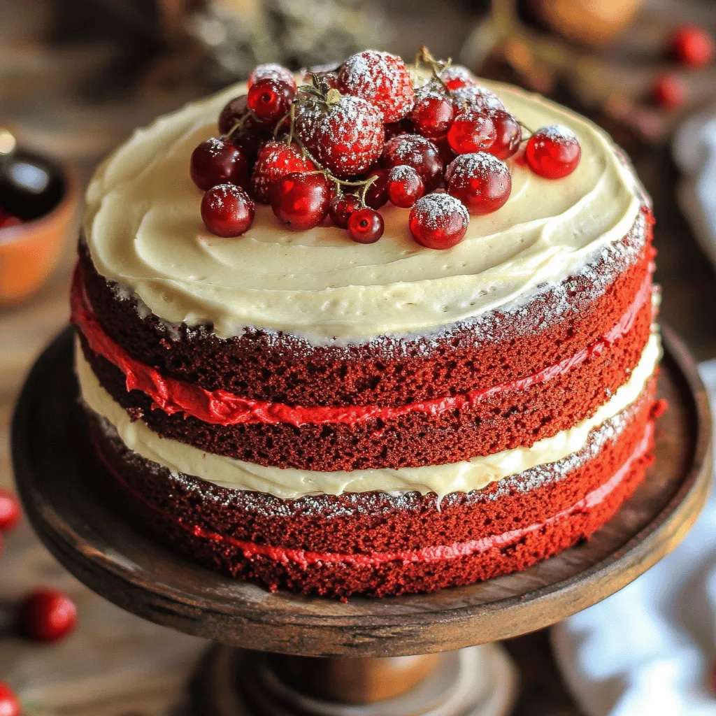 To make a delightful red velvet cake, you need specific ingredients. Here’s what you’ll need: - 2 ½ cups all-purpose flour - 1 ½ cups granulated sugar - 1 cup vegetable oil - 1 cup buttermilk, at room temperature - 3 large eggs, at room temperature - 2 tablespoons red food coloring - 1 teaspoon vanilla extract - 1 teaspoon baking soda - 1 teaspoon salt - 1 tablespoon white vinegar - ½ cup unsweetened cocoa powder For the frosting, gather these: - 8 oz cream cheese, softened - ½ cup unsalted butter, softened - 4 cups powdered sugar - 1 teaspoon vanilla extract - 1-2 tablespoons milk (if needed for consistency) Sometimes, you may not have all the ingredients. Here are some easy swaps: - Buttermilk: Use regular milk mixed with a teaspoon of vinegar or lemon juice. Let it sit for 5 minutes. - Vegetable oil: You can use canola oil or melted coconut oil. - Granulated sugar: Brown sugar can work too, but it will give a different taste. - Cream cheese: If you can't find cream cheese, try mascarpone or ricotta for the frosting. Using fresh ingredients is key for a tasty cake. Fresh eggs create a fluffier texture. New baking soda helps the cake rise well. Fresh cream cheese makes the frosting smooth and creamy. Always check the expiry dates. This helps ensure your cake turns out moist, rich, and flavorful. Plus, fresh ingredients boost the cake's color and taste. Trust me, it makes a big difference! First, gather all your ingredients. You need flour, sugar, cocoa, and more. Start by preheating your oven to 350°F (175°C). Grease and flour two 9-inch cake pans. In a medium bowl, whisk the flour, cocoa powder, baking soda, and salt until mixed. This step helps to ensure even mixing. In a large bowl, mix the vegetable oil and sugar. Beat them together until smooth. Next, add the eggs one at a time, mixing well after each. Now, pour in the buttermilk, vanilla, red food coloring, and vinegar. Stir until everything is smooth. Gradually add the dry mixture to the wet one. Mix gently until just combined. Be careful not to overmix; it can make the cake tough. Divide the batter evenly between the two pans. Bake for 25 to 30 minutes. Use a toothpick to check if they’re done. Insert it into the center. If it comes out clean, your cakes are ready. Let them cool in the pans for about 10 minutes. After that, transfer them to a wire rack to cool completely. While the cakes cool, let’s make the frosting. In a mixing bowl, beat the softened cream cheese and butter. Mix until it’s smooth and creamy. Gradually add the powdered sugar and vanilla. Keep mixing until there are no lumps. If your frosting is too thick, add milk a little at a time. Mix until you reach your desired consistency. Once your cakes are cool, it's time to assemble. Place one layer on a platter. Spread a nice layer of cream cheese frosting on top. Put the second layer on top and frost the top and sides. For a special touch, you can decorate with crumbs or fresh berries. Now, you’re ready to enjoy this decadent red velvet cake. For the full recipe, check out the recipe section! To get that deep red color, use high-quality red food coloring. Brands vary, so choose one that gives a bold hue. Mix the red food coloring into your wet ingredients. This helps spread the color evenly. Remember, the cocoa powder also impacts the shade. Use unsweetened cocoa powder for the best results. Too much cocoa can darken the cake. A moist cake starts with the right balance of wet and dry ingredients. Use buttermilk for a rich flavor and soft texture. Make sure your eggs are at room temperature; this helps them blend better. Don’t overmix the batter; fold gently until combined. Overmixing can lead to a tough cake. Also, check the cakes early in the oven. They should spring back when lightly touched. For a smooth frosting layer, chill your cakes for a bit before frosting. This helps keep the crumbs in place. Use a spatula to spread the cream cheese frosting evenly. For a sleek look, dip your spatula in hot water, then wipe it dry. This warms the spatula and helps smooth the frosting. Don’t forget to decorate! A sprinkle of crumbs or fresh berries adds flair. For the full recipe, check out the complete guide. {{image_2}} Cream cheese frosting is a classic choice for red velvet cake. It adds a tangy flavor that balances the sweetness of the cake. The creamy texture also pairs well with the cake's moist layers. If you want a sweeter option, try buttercream frosting. Buttercream is smooth and rich, making it a crowd favorite. You can even mix both to create a unique frosting blend! Want to switch things up? You can add different flavors to your red velvet cake. Consider mixing in a teaspoon of almond extract for a nutty taste. Or, try adding orange zest for a bright, citrusy twist. You can also incorporate chocolate chips for a fun surprise in every bite. These add-ins make the cake more personal and exciting. Presentation matters when serving red velvet cake. For a simple look, dust the top with powdered sugar. For a more festive vibe, add fresh berries on top. You can also pipe extra frosting around the edges for a beautiful finish. Consider using edible flowers for a stunning effect. If you want something fun, sprinkle some crushed cookies on top. Get creative with your decorations to impress your guests! For the full recipe, check out the [Full Recipe]. To keep your red velvet cake fresh, wrap it well. Use plastic wrap or place it in an airtight container. Store it in the fridge for up to five days. This helps keep the cake moist and tasty. If you want to enjoy it later, freezing is a great option. You can freeze your red velvet cake for later. First, let it cool completely. Next, wrap each layer in plastic wrap. Then, place the wrapped layers in a freezer bag. This keeps out air and prevents freezer burn. Your cake can stay in the freezer for up to three months. When you’re ready to eat the frozen cake, take it out of the freezer. Remove the plastic wrap but leave it in the bag. Let it thaw in the fridge overnight. This helps keep the cake moist. Once it’s fully thawed, frost it if needed, and serve it fresh. Enjoy the deliciousness! For the full recipe, check out the entire guide. Red velvet cake stands out for its bright red color and soft texture. The cake has a mild cocoa flavor, which is unique. The blend of buttermilk and vinegar adds a slight tang that makes it special. This cake is often paired with cream cheese frosting, which enhances its taste and richness. The visual appeal and flavor balance make it a favorite at celebrations. Yes, you can make red velvet cake without buttermilk. You can use plain yogurt or sour cream as a substitute. Another option is to mix milk with a bit of vinegar or lemon juice. This mix will mimic the tangy flavor of buttermilk. Keep in mind, the cake's texture may change slightly, but it will still taste great. If your cake is too dry, try reducing the baking time. You can also add more wet ingredients, like buttermilk or oil. If the cake is too dense, ensure you did not overmix the batter. Always check your oven temperature with an oven thermometer. This will help you bake at the right heat. - Where to Buy Red Velvet Cake? You can find red velvet cake at many bakeries and grocery stores. Look for local shops that specialize in cakes. Many places offer custom orders if you want a special design. Online delivery services also offer red velvet cake from popular bakeries. You can enjoy this sweet treat without baking it yourself! Red velvet cake is a blend of rich flavors and textures that many love. We explored its key ingredients, how to prepare the cake, and tips for perfecting it. Using fresh ingredients can really boost taste. Variations like different frostings and add-ins can make your cake unique. Finally, knowing how to store leftovers ensures you enjoy every bite. Remember, baking is about fun and creativity. Enjoy making and sharing this delicious cake!