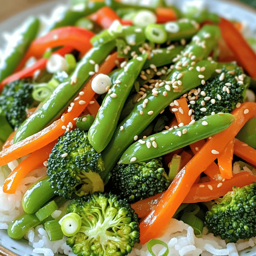For a bright and fresh stir-fry, you'll need: - 1 cup snap peas, trimmed - 1 cup asparagus, cut into 2-inch pieces - 1 cup baby carrots, sliced - 1 red bell pepper, julienned - 1 cup broccoli florets