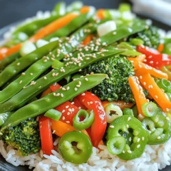 For a bright and fresh stir-fry, you'll need: - 1 cup snap peas, trimmed - 1 cup asparagus, cut into 2-inch pieces - 1 cup baby carrots, sliced - 1 red bell pepper, julienned - 1 cup broccoli florets