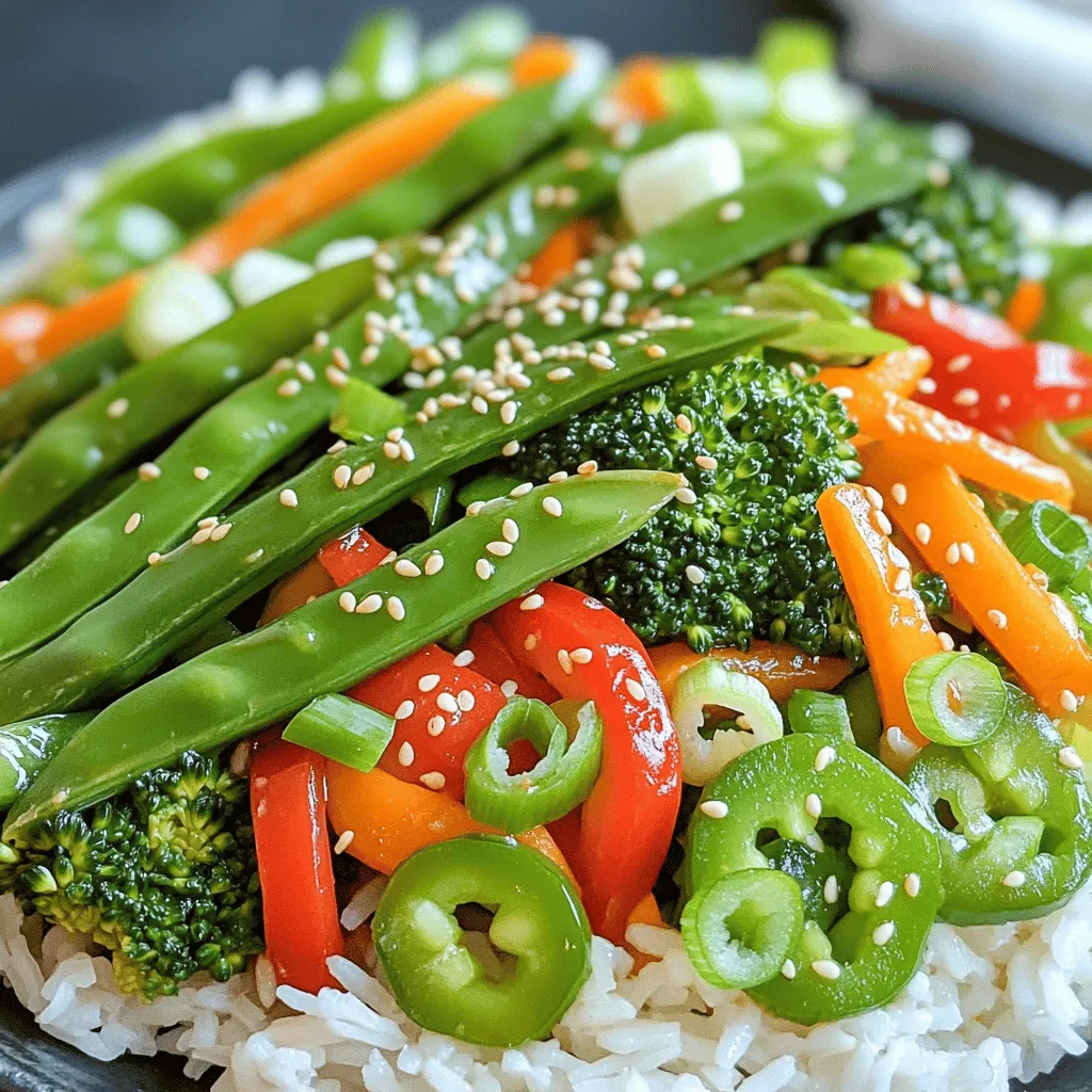 For a bright and fresh stir-fry, you'll need: - 1 cup snap peas, trimmed - 1 cup asparagus, cut into 2-inch pieces - 1 cup baby carrots, sliced - 1 red bell pepper, julienned - 1 cup broccoli florets