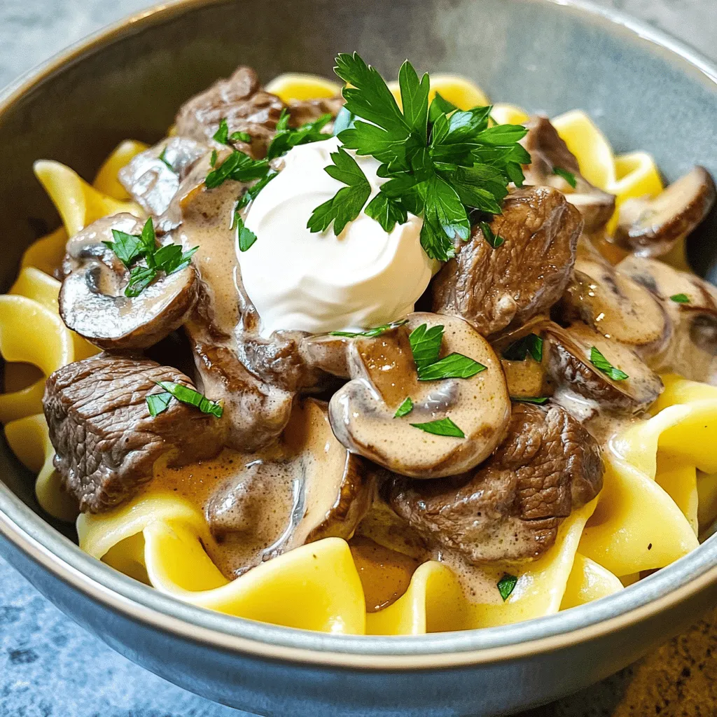 Beef Stroganoff is a warm and creamy dish. It combines beef, mushrooms, and sauce. You can serve it over egg noodles or rice. This meal is simple and quick to make. You can find the full recipe below. - 1 lb (450g) beef sirloin, sliced thinly - 1 medium onion, finely chopped - 2 cloves garlic, minced - 8 oz (225g) mushrooms, sliced - 1 cup beef broth - 1 cup sour cream - 2 tablespoons all-purpose flour - 2 tablespoons olive oil - 1 teaspoon Dijon mustard - Salt and pepper to taste - Fresh parsley, chopped (for garnish) - Egg noodles or rice (for serving) These ingredients work together to create a rich flavor. The beef adds protein, while the mushrooms bring earthiness. Sour cream adds creaminess, making the dish comforting. You can get creative with some optional ingredients. For a bit of heat, add red pepper flakes. For a different taste, use white wine instead of some beef broth. If you want a lighter dish, replace sour cream with Greek yogurt. You can also try using chicken or pork instead of beef. Feel free to mix and match! First, gather your ingredients. You need: - 1 lb (450g) beef sirloin, sliced thinly - 1 medium onion, finely chopped - 2 cloves garlic, minced - 8 oz (225g) mushrooms, sliced - 1 cup beef broth - 1 cup sour cream - 2 tablespoons all-purpose flour - 2 tablespoons olive oil - 1 teaspoon Dijon mustard - Salt and pepper to taste - Fresh parsley, chopped (for garnish) - Egg noodles or rice (for serving) Next, prepare your workspace. Clean the counter and grab your tools. You will need a large skillet and a cutting board. Start by heating the olive oil in your skillet over medium-high heat. Add the sliced beef, seasoning it with salt and pepper. Sauté the beef for 3-4 minutes until it turns brown. Once done, remove the beef and set it aside. In the same skillet, add the chopped onion and minced garlic. Cook for about 2-3 minutes until the onion is clear. Then, toss in the sliced mushrooms. Stir and cook for 5 minutes until they soften. Sprinkle the flour over the mushroom mix and stir well. Cook for one more minute. Gradually pour in the beef broth while stirring. Keep stirring until the mix thickens, about 2-3 minutes. Now, lower the heat and add the sour cream and Dijon mustard. Stir until everything is combined. Return the beef to the skillet and let it simmer for 5 minutes. Taste and adjust the seasoning with salt and pepper. Serve your beef stroganoff over cooked egg noodles or rice. For a nice touch, garnish with fresh parsley. You can also add a side of crusty bread for a complete meal. This dish is creamy, rich, and sure to please everyone at the table. For the full recipe, check out the [Full Recipe]. When making Beef Stroganoff, avoid overcooking the beef. Cook it just until browned. If you cook it too long, the beef will turn tough. Another common mistake is adding sour cream too soon. Always add it after cooking. This keeps the sauce creamy and smooth. Also, be careful with salt. The beef broth can be salty, so taste first before adding more. To make your Beef Stroganoff even better, use fresh herbs. Parsley adds a nice touch. You can also try using a splash of white wine. This adds depth to the sauce. For a richer taste, use beef stock instead of broth. Adding a little Worcestershire sauce will also boost flavor. Don’t forget to season each layer as you cook. This builds a strong taste. If you want to save time, prep your ingredients in advance. Chop the onions and garlic the night before. You can also slice the beef and mushrooms early. Use pre-sliced mushrooms to cut down on prep time. Cooking the stroganoff in one pan saves on cleanup too. Serve it with quick-cooking egg noodles or rice to complete the meal fast. For the full recipe, check out the detailed steps above. {{image_2}} You can make a tasty vegetarian or vegan version of Beef Stroganoff. For this, use mushrooms as the star. They add a rich umami flavor. Instead of beef, try using tofu or tempeh for protein. Both options soak up all the good flavors well. Use vegetable broth instead of beef broth. Swap out sour cream for a vegan version, like cashew cream or coconut yogurt. This keeps the dish creamy without meat or dairy. If you want to switch up the protein in Beef Stroganoff, consider chicken or pork. Thinly slice chicken breast or pork tenderloin. Cook them the same way as the beef. You can also try ground turkey or chicken. This makes the dish lighter but still very tasty. If you want something different, use seitan or jackfruit for a plant-based option. Both options can mimic meat's texture in your dish. Beef Stroganoff is often served over egg noodles or rice. However, you can try other options. Serve it on mashed potatoes for a comforting twist. You could also use quinoa or even polenta for a unique experience. For sides, consider a fresh green salad or steamed vegetables. They balance the meal and add some crunch. Crusty bread is a great choice, too. It soaks up the rich sauce and adds texture. For the full recipe, check out the Creamy Mushroom Beef Stroganoff 🥩. To store leftover Beef Stroganoff, let it cool first. Place it in an airtight container. Make sure the lid fits tightly. This keeps the flavors fresh. You can store it in the fridge for up to three days. If you think you won’t eat it soon, freezing is a good option. If you freeze Beef Stroganoff, use a freezer-safe container. It can last for up to three months. When you’re ready to eat, thaw it in the fridge overnight. Reheat it on the stove over low heat. Add a splash of beef broth or water to keep it creamy. Stir often to prevent sticking. Beef Stroganoff stored in the fridge is best eaten within three days. After that, it may lose taste and texture. For frozen stroganoff, use it within three months for the best flavor. Always check for any off smells or changes in color before eating. This keeps your meal safe and tasty. For the full recipe, check out the details above. Beef Stroganoff is often served with egg noodles or rice. The creamy sauce clings nicely to both. You can also serve it with mashed potatoes for a thick, hearty meal. Some like to add a side of crusty bread to soak up the sauce. This makes a great meal that fills you up! Yes, you can. Make the dish ahead of time and store it in the fridge. It keeps well for about three days. Just reheat it gently in a skillet. You may want to add a splash of broth to keep it creamy. This saves time on busy nights! You can swap beef sirloin for chicken or mushrooms for a vegetarian option. Greek yogurt can replace sour cream for a lighter touch. If you need gluten-free, use cornstarch instead of flour. Each change can give the dish a unique twist while keeping the flavors rich and tasty! Beef Stroganoff is a classic dish that combines simple ingredients with delicious flavors. We covered essential and optional components, cooking steps, and tips for perfect results. Remember to avoid common mistakes and consider variations like vegetarian options. Proper storage ensures your leftovers stay tasty. Enjoy making the dish your own, and don’t be afraid to experiment with flavors and ingredients. With these insights, you’ll create a Beef Stroganoff that delights everyone at your table.