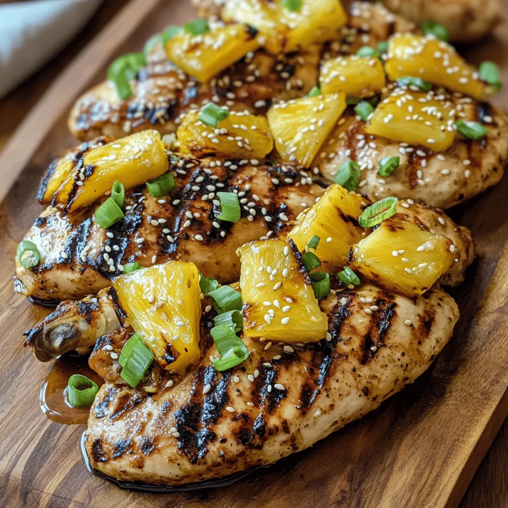 - 4 boneless, skinless chicken breasts - 1 cup fresh pineapple, diced - 1/4 cup soy sauce - 3 tablespoons honey - 2 tablespoons chili paste - 2 cloves garlic, minced - 1 teaspoon fresh ginger, grated - 1 tablespoon sesame oil - 1/2 teaspoon black pepper - 1 tablespoon lime juice - Chopped green onions - Sesame seeds For my Chili Pineapple Grilled Chicken, I focus on simple yet fresh ingredients. The chicken breasts provide a great base. Pineapple adds a sweet and tangy kick. The soy sauce and honey create a rich marinade. Chili paste gives it a spicy edge. Fresh garlic and ginger enhance the flavor profile. I love to use fresh ingredients. They make a big difference in taste. You can adjust the chili paste to match your spice level. If you want more heat, add more. For a milder version, reduce it. The optional garnishes, like green onions and sesame seeds, offer a nice touch. They add color and crunch to your dish. This recipe is all about balance. Sweet, spicy, and savory come together to create a delicious meal. You can find the full recipe to guide you step-by-step in making this dish at home. Start by making the marinade. In a bowl, whisk together these ingredients: - 1/4 cup soy sauce - 3 tablespoons honey - 2 tablespoons chili paste - 2 cloves garlic, minced - 1 teaspoon fresh ginger, grated - 1 tablespoon sesame oil - 1/2 teaspoon black pepper - 1 tablespoon lime juice This mix brings a sweet and spicy flavor. Once mixed, coat the chicken breasts well. Make sure every piece is covered. Cover the bowl and refrigerate the chicken. Let it marinate for at least 30 minutes. For a stronger taste, marinate up to 2 hours. Next, heat your grill. If you use a gas grill, set it to medium-high heat. For a charcoal grill, light the coals and let them get hot. Spread the coals evenly across the grill. This ensures even cooking. Remove the chicken from the marinade, letting the extra drip off. Place the chicken on the grill. Cook for about 6-7 minutes on each side. Use a meat thermometer to check the internal temperature. It should read 165°F (75°C). This means the chicken is ready to eat. You want nice grill marks on the outside too. While the chicken cooks, prepare the pineapple. Cut the pineapple into small chunks. In the last few minutes of cooking the chicken, place the pineapple on the grill. Grill for about 2-3 minutes. You want it to be caramelized and soft. This adds a sweet touch to your dish. Once the chicken is cooked, take it off the grill. Let it rest for a couple of minutes. This helps the juices stay inside. Slice the chicken and serve it topped with the grilled pineapple. For a fun presentation, add chopped green onions and sesame seeds on top. They add a nice color and flavor. For the full recipe, check the section above. - The best marination time is at least 30 minutes. - For more flavor, marinate up to 2 hours. - Adjust spice levels by adding more or less chili paste. - Taste the marinade before adding chicken to find your spice sweet spot. - To prevent chicken from sticking, oil the grill grates first. - Use tongs to flip the chicken, not a fork, to keep juices in. - For nice grill marks, place the chicken at a 45-degree angle on the grates. - Cook until the chicken reaches 165°F (75°C) for safety and juiciness. - Serve with coconut rice or a fresh green salad for balance. - Grilled vegetables like zucchini or corn add great texture. - Pair with a light beer or a fruity white wine. - For a non-alcoholic option, try iced tea with lemon. You can find the Full Recipe to make this delightful dish. {{image_2}} You can change the main protein in this dish. Try using tofu for a vegetarian option. Tofu absorbs flavors well and soaks up the marinade. Shrimp is another tasty choice if you like seafood. Just grill shrimp for a few minutes until they turn pink. Switching fruits can also add fun flavors. Grilled mango or peaches can work instead of pineapple. Each fruit brings its own sweetness and texture. You can even mix fruits to add more taste. You can explore different spice blends to give this dish a unique twist. Try adding cumin or smoked paprika for a smoky flavor. If you like a kick, add cayenne or chipotle powder. Each spice can change the taste and make it special. Different cultures have great ideas for this dish. Add teriyaki sauce for a Japanese twist. Or try a Caribbean jerk spice blend for a fun kick. These changes will give your meal a fresh feel. If you're watching your sodium intake, use low-sodium soy sauce. It helps keep the dish tasty without too much salt. For those who are gluten-free, make sure to use gluten-free soy sauce. It keeps the flavor intact while meeting dietary needs. You can still enjoy this dish without the gluten. For more details on the full recipe, check out the [Full Recipe]. To keep your Chili Pineapple Grilled Chicken fresh, follow these simple steps: - Refrigeration: Place leftover chicken in an airtight container. Store it in the fridge for up to four days. This helps keep it juicy and tasty. - Freezing: If you want to save it longer, freeze the chicken. Wrap it tightly in foil or plastic wrap, then place it in a freezer bag. It can last up to three months in the freezer. To enjoy your leftovers again, reheating is key: - Safe Methods: Use a microwave, oven, or stovetop to reheat. If using a microwave, cover the chicken to keep moisture in. - Texture and Flavor: For the best taste, reheat in the oven at 350°F (175°C) for about 15 minutes. This helps keep the chicken from drying out and helps it taste fresh again. Knowing when your dish is no longer good is important: - Duration: When stored properly, your Chili Pineapple Grilled Chicken lasts about four days in the fridge and three months in the freezer. - Spoilage Signs: Look for changes in color or smell. If it smells sour or looks off, it's best to throw it away. Always trust your senses to keep you safe. For the full recipe, check out the [Full Recipe]. Chili Pineapple Grilled Chicken combines sweet and spicy flavors. The chicken absorbs a marinade made of soy sauce, honey, chili paste, and fresh ginger. Grilling adds a smoky taste while the pineapple becomes sweet and caramelized. This dish is colorful and full of flavor, making it a favorite. Yes, you can make this recipe ahead. Marinate the chicken for at least 30 minutes. For more flavor, go up to 2 hours. This allows the chicken to soak up the marinade. You can also prep the pineapple in advance. Just grill it fresh when you cook the chicken. Great side dishes for this chicken include: - Steamed rice - Grilled vegetables - Simple green salad - Quinoa salad These sides complement the sweet and spicy taste of the chicken. They also add color to your plate. To adjust the spice level, you can: - Reduce the chili paste for less heat - Add more honey to balance the spice - Serve with a cooling side, like yogurt sauce These tips help you make the dish just right for your taste. Avoid these common mistakes: - Not marinating long enough - Overcooking the chicken - Skipping the pineapple grilling Each step is key to a delicious meal. Pay attention to these details to make the best dish possible. For the full recipe, check out the Chili Pineapple Grilled Chicken section! This blog post gave you a complete guide to making Chili Pineapple Grilled Chicken. You learned about the essential ingredients and how to grill to perfection. I shared tips for marinating, grilling, and storing leftovers. This dish offers great flavor, and you can tweak it to fit your tastes. Enjoy this simple and tasty recipe with your favorite sides. Get ready to impress friends and family with your grilling skills. Dive into this delicious meal and savor every bite!