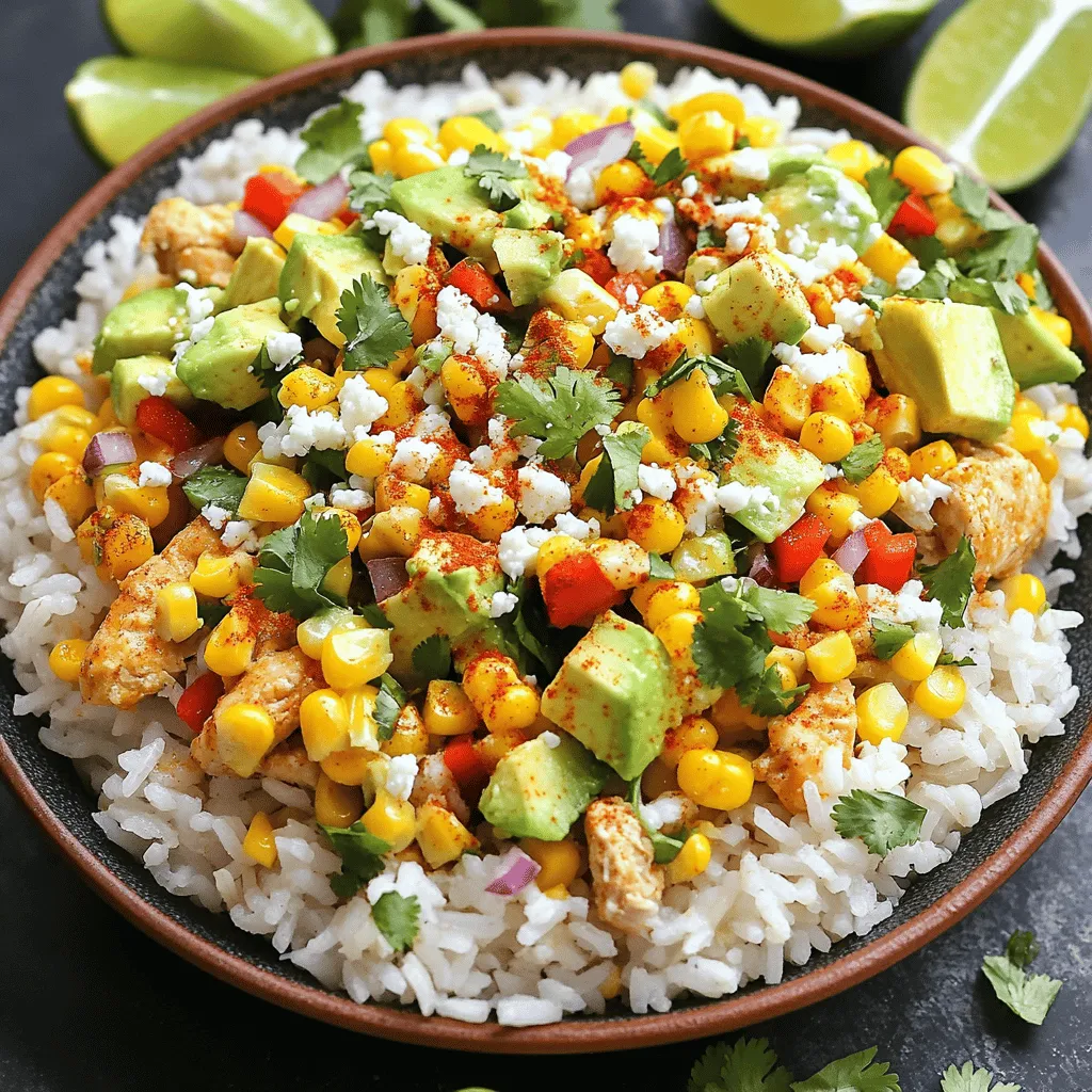 - 2 cups cooked jasmine rice - 1 lb chicken breast, diced - 1 cup corn kernels (fresh or frozen) - 1 red bell pepper, diced - 1 avocado, diced - 1/4 cup red onion, finely chopped - 1/2 cup cotija cheese, crumbled - 1 tbsp olive oil - 2 tbsp mayonnaise - 1 tbsp lime juice - 1 tsp chili powder - 1/2 tsp paprika - Salt and black pepper to taste - Fresh cilantro, chopped (for garnish) - Lime wedges (for serving) - Lime zest - Extra spices (cumin, garlic powder) Gather these simple and fresh ingredients. You will create a bright and tasty meal. The jasmine rice serves as a great base. The chicken adds protein and flavor. Corn gives sweetness and crunch. The bell pepper brings color and a bit of spice. Avocado adds creaminess, while red onion gives a nice bite. Cotija cheese offers a salty kick. Olive oil brings richness, and mayonnaise mixed with lime juice adds a creamy tang. Chili powder and paprika heat up the dish just right. Salt and black pepper enhance all these flavors. Fresh cilantro and lime wedges finish it off, adding a burst of freshness. This recipe is easy to adapt. You can try lime zest or extra spices to change the flavor. If you like it spicy, add more chili powder. If you prefer a milder meal, skip the spices. Enjoy the process of making this dish your own! Check the [Full Recipe] for complete details. - Heat 1 tablespoon of olive oil in a skillet over medium heat. - Season 1 pound of diced chicken breast with 1 teaspoon of chili powder, 1/2 teaspoon of paprika, salt, and black pepper. - Sauté the chicken for 7 to 10 minutes until it is fully cooked and golden brown. Remove from heat and set aside. - In the same skillet, add 1 cup of corn kernels and 1 diced red bell pepper. - Cook for 3 to 5 minutes until the corn is charred and tender. Remove from heat. - In a small bowl, mix 2 tablespoons of mayonnaise with 1 tablespoon of lime juice. - Taste the dressing and adjust seasoning if necessary. - In serving bowls, layer 2 cups of cooked jasmine rice as the base. - Top with the sautéed chicken and charred corn mixture. - Add fresh toppings like 1 diced avocado, 1/4 cup of finely chopped red onion, and 1/2 cup of crumbled cotija cheese. - Drizzle the creamy dressing over the prepared bowls. - Garnish with chopped cilantro and serve with lime wedges. For the full recipe, check out the details above. Enjoy your delightful street corn chicken rice bowl! - Use a meat thermometer to ensure doneness. Aim for 165°F for chicken. - Let the chicken rest for optimal juiciness. Resting for five minutes keeps it moist. - For perfect char on corn, use high heat. A grill pan works great for this! - If you can’t find fresh corn, frozen corn works well too. Thaw it before cooking. - Try using Greek yogurt instead of mayonnaise for a tangy twist. - To make it dairy-free, replace cotija cheese with avocado or a nut-based cheese. {{image_2}} You can switch the chicken for shrimp or tofu. Shrimp cooks fast and brings a lovely taste. Tofu is a great choice for a vegetarian meal. It absorbs flavors well and adds protein. Add leafy greens like spinach for more vitamins. Spinach is mild in flavor and cooks down easily. You can also toss in beans for extra fiber. Beans make the dish filling and keep you satisfied. Change the spices for a new flavor. Try cumin for a warm taste or garlic powder for depth. You can also add tropical fruits like mango. Mango adds sweetness and a fresh twist to the bowl. Feel free to explore these options to create your ideal street corn chicken rice bowl. For a complete recipe, check the Full Recipe section above. To keep your Street Corn Chicken Rice Bowl fresh, start by storing leftovers in the fridge. Place them in an airtight container to keep flavors intact. This method helps prevent drying out. Use glass or BPA-free plastic containers for longer-lasting quality. Avoid metal containers, as they can react with certain foods. When you reheat, use the microwave or stovetop for best results. For the microwave, place your bowl on a plate and cover it with a damp paper towel. This keeps moisture in and helps prevent drying out. If you use the stovetop, add a splash of water to the pan and cover it. This method keeps your rice fluffy and warm. To avoid sogginess, do not reheat rice too long. Heat just until warm to keep its texture. If you want to freeze components, start with the chicken and corn mixture. Cool them first, then place them in freezer-safe bags. Flatten the bags to save space. For rice, use separate bags to keep it fresh. When you’re ready to eat, thaw in the fridge overnight. For reheating, use the microwave or stovetop as mentioned above. This keeps all components tasty and fresh, just like when you first made it. Yes, you can prepare parts of this dish ahead of time. Cook the chicken and corn mixture the day before. Store them in airtight containers in the fridge. This way, you save time on busy days. Just reheat everything when you’re ready to eat. If you cannot find cotija cheese, try feta or queso fresco. For a vegan option, use nutritional yeast or vegan cheese. These alternatives will still give you a tasty finish to your rice bowl. This recipe is great for meal prep! Cook a big batch and portion it into containers. It keeps well in the fridge for about four days. You can enjoy it throughout the week without losing flavor. To make it milder, use less chili powder. You can also skip it altogether if you prefer no heat. For a spicier kick, add more chili powder or some hot sauce. Adjusting spices can help you find your perfect flavor. Yes, you can skip the mayonnaise. Use Greek yogurt instead for a creamy texture. Another option is to mix olive oil with lime juice and herbs. This gives a lighter dressing that still tastes great. Serve your rice bowl with a fresh salad or grilled veggies. Corn on the cob or tortilla chips work well too. You can also add a fruit salsa for a sweet touch. These sides enhance the meal and add variety. For the full recipe, check the earlier section. Enjoy your cooking! This blog post shared a tasty rice bowl recipe packed with chicken, corn, and toppings. You learned how to cook the chicken and prepare a creamy dressing to elevate the flavors. We covered ways to customize with different proteins and flavors, along with tips on storage and reheating. Remember, cooking should be fun and easy! Enjoy experimenting with variations and make this dish your own. Happy cooking!