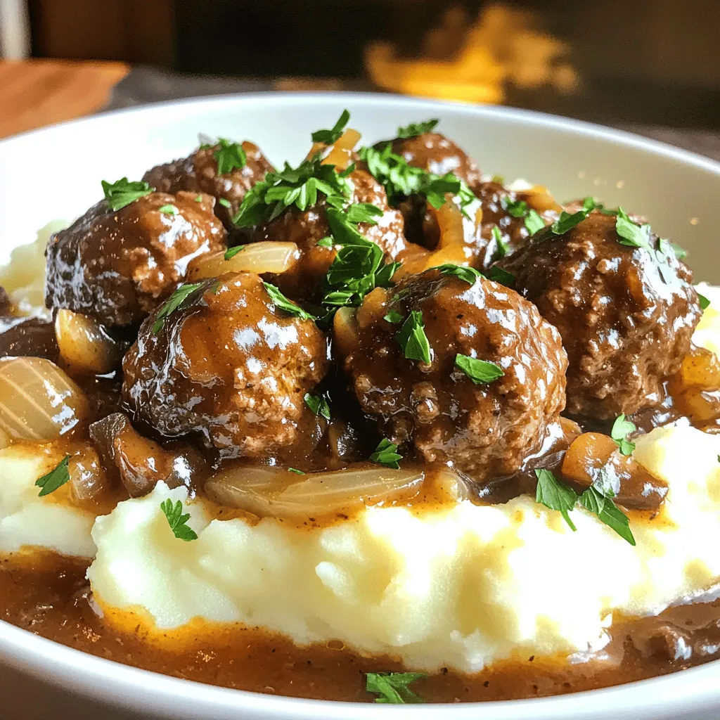 To make Slow Cooker Salisbury Steak Meatballs, you'll need: - 1 pound ground beef - 1/2 cup breadcrumbs - 1/4 cup grated Parmesan cheese - 1/4 cup chopped fresh parsley - 1 egg - 2 cloves garlic, minced - 1 teaspoon onion powder - Salt and pepper to taste - 1 tablespoon olive oil - 2 cups beef broth - 1 tablespoon Worcestershire sauce - 1 cup sliced mushrooms - 1 medium onion, sliced - 2 tablespoons cornstarch - 2 tablespoons water You can add some optional ingredients for more taste: - 1 teaspoon dried thyme - 1 teaspoon smoked paprika - 1/2 cup shredded cheese for topping - Fresh herbs, like thyme or rosemary, for garnish These extras can give your dish a nice twist. If you don't have some ingredients, don't worry! Here are some swaps: - Ground turkey or chicken instead of beef - Gluten-free breadcrumbs for a gluten-free option - Vegetable broth instead of beef broth for a lighter flavor - Fresh garlic can be replaced with garlic powder These substitutions can help you create a dish that fits your needs while still being delicious. For the full recipe, check out the Slow Cooker Salisbury Steak Meatballs. Start by gathering your ingredients. In a big bowl, mix together: - 1 pound ground beef - 1/2 cup breadcrumbs - 1/4 cup grated Parmesan cheese - 1/4 cup chopped fresh parsley - 1 egg - 2 cloves garlic, minced - 1 teaspoon onion powder - Salt and pepper to taste Use your hands to mix everything well. Make sure all the items combine nicely. Once mixed, shape the mixture into meatballs about 1.5 inches wide. You should get 12 to 15 meatballs. Take a large skillet and add 1 tablespoon of olive oil. Heat it over medium-high heat. Once hot, place the meatballs in the skillet. Brown the meatballs for about 5 minutes. Turn them so they brown on all sides. This step adds flavor and gives them a nice color. After browning, move the meatballs to the slow cooker. In the same skillet, add sliced onions and mushrooms. Sauté them for about 3 to 4 minutes until they soften. Then, pour in 2 cups of beef broth and 1 tablespoon of Worcestershire sauce. Stir well. Pour this mixture over the meatballs in the slow cooker. Cover the slow cooker and set it to low for 6 to 8 hours or high for 3 to 4 hours. Your meatballs will cook through and get tender. To thicken the sauce, mix 2 tablespoons of cornstarch with 2 tablespoons of water to make a slurry. Add this slurry during the last 30 minutes of cooking. When it’s done, gently stir the meatballs in the sauce before serving. Enjoy your meal! For more details, check out the Full Recipe. To keep your meatballs juicy, use a mix of beef and breadcrumbs. The breadcrumbs soak up moisture, adding softness. Do not overmix the meat; just combine until blended. Form the meatballs gently so they stay tender. Browning them adds flavor but does not cook them fully. Use beef broth for a rich taste. Add Worcestershire sauce for depth and a hint of umami. Sautéed onions and mushrooms boost flavor and texture. When the sauce simmers with the meatballs, it becomes thick and flavorful. If you want more thickness, mix cornstarch with water to create a slurry. Add this during the last half hour of cooking. Cooking time will change based on your slow cooker. On low, cook for 6-8 hours for tender meatballs. If you're in a hurry, cook on high for 3-4 hours. Always check the meatballs to ensure they are fully cooked. Aim for an internal temperature of 160°F. Adjust cooking time based on your slow cooker’s power. {{image_2}} You can change the taste by adding more veggies. Carrots, bell peppers, and peas work well. They add color and nutrition. Just chop them up and toss them in the slow cooker. You can add them with the onions and mushrooms. This makes the dish more hearty and fun. If you want to try a different meat, you can! Ground turkey or chicken are great swaps. They keep the dish light but still tasty. You can also use a mix of meats for more flavor. Just remember to adjust the cooking time if needed. For those who like a kick, add some heat! A dash of hot sauce or chili flakes can spice up your meatballs. If you want a savory twist, try adding herbs like thyme or rosemary. These will deepen the flavor of your dish. You can play around with spices to find your favorite mix! For the full recipe, check out the earlier section. To store your leftover Slow Cooker Salisbury Steak Meatballs, let them cool first. Then, place them in an airtight container. Make sure to include the sauce. Store the container in the fridge for up to three days. This helps keep the meatballs fresh and tasty. When you're ready to enjoy the leftovers, you can reheat them easily. Place the meatballs in a skillet over medium heat. Add a splash of beef broth to keep them moist. Heat for about 5-10 minutes until warmed through. You can also use a microwave. Just cover them and heat for about 2-3 minutes, stirring halfway. If you want to save some meatballs for later, freezing is a great option. After cooking, let them cool completely. Place the meatballs and sauce in a freezer-safe bag or container. Press out as much air as possible. They can stay in the freezer for up to three months. When you're ready to eat, thaw them in the fridge overnight and reheat as mentioned earlier. Enjoy your meal! Yes, you can. If you don't have a slow cooker, use a large pot. Brown the meatballs in the pot, then add the broth and other ingredients. Cover the pot and cook on low heat. Stir often and keep an eye on the time. Cook for about 40 minutes. Your meatballs will still be tasty! A few great sides go well with Salisbury steak meatballs. Here are some ideas: - Creamy mashed potatoes - Egg noodles - Steamed green beans - Buttered corn - A fresh green salad These sides will balance the rich flavors of the meatballs. Check the internal temperature of the meatballs. It should reach 165°F (74°C). Use a meat thermometer to be sure. If you don't have one, cut a meatball in half. The inside should be brown with no pink. Juices should run clear. This means they are safe and ready to eat. This post covered all you need for making Slow Cooker Salisbury Steak Meatballs. We talked about the key ingredients, cooking steps, and tips for the best flavors. Don’t forget about the fun variations to try. Remember to store leftovers properly and follow reheating steps for great taste later. Now you’re set to make a delicious meal that stands out. Enjoy your cooking and impress your family with these tasty meatballs!