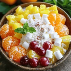 To make a classic Ambrosia Salad, you need these essential ingredients: - 1 cup mini marshmallows - 1 cup canned mandarin oranges, drained - 1 cup canned pineapple chunks, drained - 1 cup shredded coconut (choose sweetened or unsweetened) - 1 cup halved red grapes