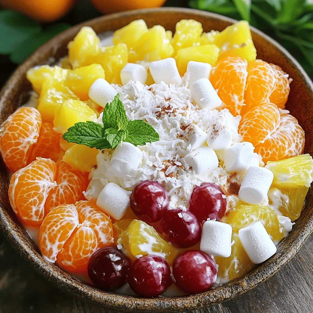 To make a classic Ambrosia Salad, you need these essential ingredients: - 1 cup mini marshmallows - 1 cup canned mandarin oranges, drained - 1 cup canned pineapple chunks, drained - 1 cup shredded coconut (choose sweetened or unsweetened) - 1 cup halved red grapes