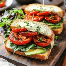 - 4 large ripe tomatoes - 4 slices of sourdough or whole-grain bread - 1 cup fresh spinach or arugula - 1/4 cup vegan mayonnaise - 1 garlic clove - 1 tablespoon lemon juice - 1 teaspoon Dijon mustard - Olive oil - Salt and pepper - Dried Italian herbs (oregano, basil, thyme) In my kitchen, I love to use fresh, high-quality ingredients. For these roasted tomato sandwiches, ripe tomatoes are key. They bring sweetness and flavor. Choose tomatoes that feel heavy and smell fragrant. You want them juicy and soft. Next, I like to use sourdough or whole-grain bread. Sourdough adds a nice tang, while whole grain gives a hearty bite. Both options toast well and hold up against the toppings. For the greens, I often pick spinach or arugula. Spinach is mild and tender, while arugula adds a peppery kick. You can choose either based on your taste. Now, let’s talk about the vegan aioli. It’s creamy and rich, perfect for these sandwiches. For the aioli, I start with vegan mayonnaise. It gives a great base. Then, I add minced garlic for a bold flavor. Lemon juice brightens everything up, and Dijon mustard adds depth. Seasoning is essential too. I use olive oil to roast the tomatoes and enhance their flavor. Salt and pepper bring out the natural taste. I always add dried Italian herbs like oregano, basil, and thyme. They add a lovely aroma and taste. These ingredients come together beautifully in the full recipe, making a delightful sandwich. Enjoy crafting your version! First, preheat your oven to 400°F (200°C). This hot oven will help the tomatoes roast perfectly. Next, take your halved tomatoes and toss them in a bowl with olive oil, salt, pepper, and dried Italian herbs. Make sure each tomato is well-coated for great flavor. Now, spread the seasoned tomatoes cut-side up on a baking sheet. This helps them roast evenly. Place the baking sheet in the oven and roast for 25-30 minutes. You want them to be soft and slightly charred. The roasting brings out their natural sweetness. While the tomatoes roast, let's make the vegan aioli. In a small bowl, combine the vegan mayonnaise, minced garlic, lemon juice, and Dijon mustard. Use a whisk to mix until smooth. Give it a taste and adjust the seasonings if needed. This aioli adds a nice creamy touch to your sandwich. Once your tomatoes finish roasting, it’s time to toast the bread. Place the sourdough slices in the oven for about 5-7 minutes. You want them to be crispy and golden, which adds a great texture to your sandwich. Now comes the fun part—putting it all together! Spread a generous layer of vegan aioli on each slice of toasted bread. On two slices, add fresh spinach or arugula, followed by the roasted tomato halves. Then, add slices of avocado on top of the tomatoes for extra creaminess. Finally, place the other slices of bread on top to create a sandwich. Press down gently and slice in half if desired. Enjoy your delicious roasted tomato sandwiches with vegan aioli! For the full recipe, check the earlier sections. For roasted tomato sandwiches, I love using Roma or heirloom tomatoes. These types have a rich flavor and hold up well when roasted. Look for tomatoes that feel heavy for their size and have smooth skin. They should smell sweet and earthy. This means they are ripe and ready to eat. To make your vegan aioli shine, try adding fresh herbs like basil or dill. You can also mix in a teaspoon of smoked paprika for a smoky taste. One common mistake is to skip the garlic. Always use fresh garlic for the best flavor. Avoid using too much salt at first; you can always add more later. For crispy toast, preheat your oven to 400°F (200°C). Lay the bread slices on a baking sheet and toast for about 5-7 minutes until golden brown. If you need a gluten-free option, try using gluten-free bread. It can still be crispy and delicious if toasted properly. Just keep an eye on it, as cooking times may vary. These tips turn a simple sandwich into a gourmet delight. For the full recipe, check out the recipe section above and enjoy! {{image_2}} You can switch up the aioli for a fun twist. Try using hummus or avocado spread instead. These options still give great flavor and creaminess. If you want a spicy kick, blend in some sriracha or chipotle sauce. For add-ons, roasted red peppers add sweetness and a nice texture. Vegan cheese can also elevate your sandwich. Look for a brand that melts well. The type of bread can make a big difference. Sourdough works well, but you can also use whole-grain or ciabatta. If you need gluten-free options, look for gluten-free bread at your local store. It’s tasty and holds up well with the fillings. Another fun choice is a wrap. Using a large lettuce leaf or a gluten-free wrap can keep it light and fresh. Adding spices or herbs can take your sandwich to the next level. Fresh basil or oregano can enhance the taste. You might even sprinkle some crushed red pepper for heat. Incorporating different veggies is easy, too. Try layering in roasted zucchini or bell peppers. They add color and flavor. Fresh cucumber slices give a nice crunch and freshness. For the full recipe, check out the details above! To store leftover roasted tomato sandwiches, wrap them well. Use plastic wrap or foil. You can also place them in an airtight container. This helps keep them fresh. Make sure to store them in the fridge. They will last for about 2-3 days. After that, the bread may get soggy. You can freeze assembled sandwiches, but it’s best to freeze them without the avocado. Avocado can turn brown and mushy. To freeze, wrap each sandwich tightly in plastic wrap, then in foil. This prevents freezer burn. When you want to eat one, let it thaw in the fridge overnight. Reheat the sandwich in the oven for a crispy texture. If you’ve frozen the aioli separately, add it fresh when reheating. This keeps the flavors bright and tasty. To enhance roasted tomatoes, use fresh herbs like basil and thyme. Drizzle extra olive oil before roasting. You can also add a splash of balsamic vinegar for a sweet kick. For spice lovers, sprinkle red pepper flakes on top. This adds depth and layers of flavor to the dish. Yes, you can make vegan aioli without mayo. Use soaked cashews blended with garlic and lemon juice for creaminess. Another option is to use silken tofu; it creates a rich texture. Blend these ingredients until smooth. Add a touch of mustard for flavor. This keeps your aioli tasty and vegan. Roasted tomato sandwiches go well with mixed green salads. A simple side salad with lemon dressing works great. You can also serve crunchy pickles or sweet potato fries. For something warm, consider a bowl of tomato soup. These sides balance your meal and add variety to your plate. To make more servings, simply double or triple the ingredients. Use more tomatoes and bread slices based on how many sandwiches you want. Keep the same ratios for the vegan aioli. Adjust cooking times slightly if using multiple trays in the oven. This way, you can easily serve a crowd. In this post, we explored how to make roasted tomato sandwiches. We covered essential ingredients, from juicy tomatoes to creamy vegan aioli. I shared simple steps to prepare and roast the tomatoes, toast your bread, and assemble the sandwich. Remember to choose ripe tomatoes for the best flavor. Don't hesitate to try new variations or side dishes. Enjoy making these tasty sandwiches, and share them with friends. They will love the fresh taste!