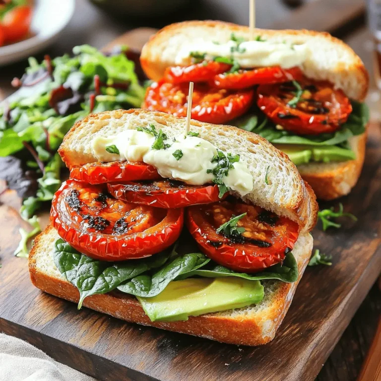 - 4 large ripe tomatoes - 4 slices of sourdough or whole-grain bread - 1 cup fresh spinach or arugula - 1/4 cup vegan mayonnaise - 1 garlic clove - 1 tablespoon lemon juice - 1 teaspoon Dijon mustard - Olive oil - Salt and pepper - Dried Italian herbs (oregano, basil, thyme) In my kitchen, I love to use fresh, high-quality ingredients. For these roasted tomato sandwiches, ripe tomatoes are key. They bring sweetness and flavor. Choose tomatoes that feel heavy and smell fragrant. You want them juicy and soft. Next, I like to use sourdough or whole-grain bread. Sourdough adds a nice tang, while whole grain gives a hearty bite. Both options toast well and hold up against the toppings. For the greens, I often pick spinach or arugula. Spinach is mild and tender, while arugula adds a peppery kick. You can choose either based on your taste. Now, let’s talk about the vegan aioli. It’s creamy and rich, perfect for these sandwiches. For the aioli, I start with vegan mayonnaise. It gives a great base. Then, I add minced garlic for a bold flavor. Lemon juice brightens everything up, and Dijon mustard adds depth. Seasoning is essential too. I use olive oil to roast the tomatoes and enhance their flavor. Salt and pepper bring out the natural taste. I always add dried Italian herbs like oregano, basil, and thyme. They add a lovely aroma and taste. These ingredients come together beautifully in the full recipe, making a delightful sandwich. Enjoy crafting your version! First, preheat your oven to 400°F (200°C). This hot oven will help the tomatoes roast perfectly. Next, take your halved tomatoes and toss them in a bowl with olive oil, salt, pepper, and dried Italian herbs. Make sure each tomato is well-coated for great flavor. Now, spread the seasoned tomatoes cut-side up on a baking sheet. This helps them roast evenly. Place the baking sheet in the oven and roast for 25-30 minutes. You want them to be soft and slightly charred. The roasting brings out their natural sweetness. While the tomatoes roast, let's make the vegan aioli. In a small bowl, combine the vegan mayonnaise, minced garlic, lemon juice, and Dijon mustard. Use a whisk to mix until smooth. Give it a taste and adjust the seasonings if needed. This aioli adds a nice creamy touch to your sandwich. Once your tomatoes finish roasting, it’s time to toast the bread. Place the sourdough slices in the oven for about 5-7 minutes. You want them to be crispy and golden, which adds a great texture to your sandwich. Now comes the fun part—putting it all together! Spread a generous layer of vegan aioli on each slice of toasted bread. On two slices, add fresh spinach or arugula, followed by the roasted tomato halves. Then, add slices of avocado on top of the tomatoes for extra creaminess. Finally, place the other slices of bread on top to create a sandwich. Press down gently and slice in half if desired. Enjoy your delicious roasted tomato sandwiches with vegan aioli! For the full recipe, check the earlier sections. For roasted tomato sandwiches, I love using Roma or heirloom tomatoes. These types have a rich flavor and hold up well when roasted. Look for tomatoes that feel heavy for their size and have smooth skin. They should smell sweet and earthy. This means they are ripe and ready to eat. To make your vegan aioli shine, try adding fresh herbs like basil or dill. You can also mix in a teaspoon of smoked paprika for a smoky taste. One common mistake is to skip the garlic. Always use fresh garlic for the best flavor. Avoid using too much salt at first; you can always add more later. For crispy toast, preheat your oven to 400°F (200°C). Lay the bread slices on a baking sheet and toast for about 5-7 minutes until golden brown. If you need a gluten-free option, try using gluten-free bread. It can still be crispy and delicious if toasted properly. Just keep an eye on it, as cooking times may vary. These tips turn a simple sandwich into a gourmet delight. For the full recipe, check out the recipe section above and enjoy! {{image_2}} You can switch up the aioli for a fun twist. Try using hummus or avocado spread instead. These options still give great flavor and creaminess. If you want a spicy kick, blend in some sriracha or chipotle sauce. For add-ons, roasted red peppers add sweetness and a nice texture. Vegan cheese can also elevate your sandwich. Look for a brand that melts well. The type of bread can make a big difference. Sourdough works well, but you can also use whole-grain or ciabatta. If you need gluten-free options, look for gluten-free bread at your local store. It’s tasty and holds up well with the fillings. Another fun choice is a wrap. Using a large lettuce leaf or a gluten-free wrap can keep it light and fresh. Adding spices or herbs can take your sandwich to the next level. Fresh basil or oregano can enhance the taste. You might even sprinkle some crushed red pepper for heat. Incorporating different veggies is easy, too. Try layering in roasted zucchini or bell peppers. They add color and flavor. Fresh cucumber slices give a nice crunch and freshness. For the full recipe, check out the details above! To store leftover roasted tomato sandwiches, wrap them well. Use plastic wrap or foil. You can also place them in an airtight container. This helps keep them fresh. Make sure to store them in the fridge. They will last for about 2-3 days. After that, the bread may get soggy. You can freeze assembled sandwiches, but it’s best to freeze them without the avocado. Avocado can turn brown and mushy. To freeze, wrap each sandwich tightly in plastic wrap, then in foil. This prevents freezer burn. When you want to eat one, let it thaw in the fridge overnight. Reheat the sandwich in the oven for a crispy texture. If you’ve frozen the aioli separately, add it fresh when reheating. This keeps the flavors bright and tasty. To enhance roasted tomatoes, use fresh herbs like basil and thyme. Drizzle extra olive oil before roasting. You can also add a splash of balsamic vinegar for a sweet kick. For spice lovers, sprinkle red pepper flakes on top. This adds depth and layers of flavor to the dish. Yes, you can make vegan aioli without mayo. Use soaked cashews blended with garlic and lemon juice for creaminess. Another option is to use silken tofu; it creates a rich texture. Blend these ingredients until smooth. Add a touch of mustard for flavor. This keeps your aioli tasty and vegan. Roasted tomato sandwiches go well with mixed green salads. A simple side salad with lemon dressing works great. You can also serve crunchy pickles or sweet potato fries. For something warm, consider a bowl of tomato soup. These sides balance your meal and add variety to your plate. To make more servings, simply double or triple the ingredients. Use more tomatoes and bread slices based on how many sandwiches you want. Keep the same ratios for the vegan aioli. Adjust cooking times slightly if using multiple trays in the oven. This way, you can easily serve a crowd. In this post, we explored how to make roasted tomato sandwiches. We covered essential ingredients, from juicy tomatoes to creamy vegan aioli. I shared simple steps to prepare and roast the tomatoes, toast your bread, and assemble the sandwich. Remember to choose ripe tomatoes for the best flavor. Don't hesitate to try new variations or side dishes. Enjoy making these tasty sandwiches, and share them with friends. They will love the fresh taste!