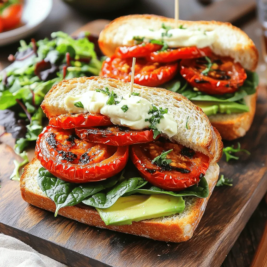 - 4 large ripe tomatoes - 4 slices of sourdough or whole-grain bread - 1 cup fresh spinach or arugula - 1/4 cup vegan mayonnaise - 1 garlic clove - 1 tablespoon lemon juice - 1 teaspoon Dijon mustard - Olive oil - Salt and pepper - Dried Italian herbs (oregano, basil, thyme) In my kitchen, I love to use fresh, high-quality ingredients. For these roasted tomato sandwiches, ripe tomatoes are key. They bring sweetness and flavor. Choose tomatoes that feel heavy and smell fragrant. You want them juicy and soft. Next, I like to use sourdough or whole-grain bread. Sourdough adds a nice tang, while whole grain gives a hearty bite. Both options toast well and hold up against the toppings. For the greens, I often pick spinach or arugula. Spinach is mild and tender, while arugula adds a peppery kick. You can choose either based on your taste. Now, let’s talk about the vegan aioli. It’s creamy and rich, perfect for these sandwiches. For the aioli, I start with vegan mayonnaise. It gives a great base. Then, I add minced garlic for a bold flavor. Lemon juice brightens everything up, and Dijon mustard adds depth. Seasoning is essential too. I use olive oil to roast the tomatoes and enhance their flavor. Salt and pepper bring out the natural taste. I always add dried Italian herbs like oregano, basil, and thyme. They add a lovely aroma and taste. These ingredients come together beautifully in the full recipe, making a delightful sandwich. Enjoy crafting your version! First, preheat your oven to 400°F (200°C). This hot oven will help the tomatoes roast perfectly. Next, take your halved tomatoes and toss them in a bowl with olive oil, salt, pepper, and dried Italian herbs. Make sure each tomato is well-coated for great flavor. Now, spread the seasoned tomatoes cut-side up on a baking sheet. This helps them roast evenly. Place the baking sheet in the oven and roast for 25-30 minutes. You want them to be soft and slightly charred. The roasting brings out their natural sweetness. While the tomatoes roast, let's make the vegan aioli. In a small bowl, combine the vegan mayonnaise, minced garlic, lemon juice, and Dijon mustard. Use a whisk to mix until smooth. Give it a taste and adjust the seasonings if needed. This aioli adds a nice creamy touch to your sandwich. Once your tomatoes finish roasting, it’s time to toast the bread. Place the sourdough slices in the oven for about 5-7 minutes. You want them to be crispy and golden, which adds a great texture to your sandwich. Now comes the fun part—putting it all together! Spread a generous layer of vegan aioli on each slice of toasted bread. On two slices, add fresh spinach or arugula, followed by the roasted tomato halves. Then, add slices of avocado on top of the tomatoes for extra creaminess. Finally, place the other slices of bread on top to create a sandwich. Press down gently and slice in half if desired. Enjoy your delicious roasted tomato sandwiches with vegan aioli! For the full recipe, check the earlier sections. For roasted tomato sandwiches, I love using Roma or heirloom tomatoes. These types have a rich flavor and hold up well when roasted. Look for tomatoes that feel heavy for their size and have smooth skin. They should smell sweet and earthy. This means they are ripe and ready to eat. To make your vegan aioli shine, try adding fresh herbs like basil or dill. You can also mix in a teaspoon of smoked paprika for a smoky taste. One common mistake is to skip the garlic. Always use fresh garlic for the best flavor. Avoid using too much salt at first; you can always add more later. For crispy toast, preheat your oven to 400°F (200°C). Lay the bread slices on a baking sheet and toast for about 5-7 minutes until golden brown. If you need a gluten-free option, try using gluten-free bread. It can still be crispy and delicious if toasted properly. Just keep an eye on it, as cooking times may vary. These tips turn a simple sandwich into a gourmet delight. For the full recipe, check out the recipe section above and enjoy! {{image_2}} You can switch up the aioli for a fun twist. Try using hummus or avocado spread instead. These options still give great flavor and creaminess. If you want a spicy kick, blend in some sriracha or chipotle sauce. For add-ons, roasted red peppers add sweetness and a nice texture. Vegan cheese can also elevate your sandwich. Look for a brand that melts well. The type of bread can make a big difference. Sourdough works well, but you can also use whole-grain or ciabatta. If you need gluten-free options, look for gluten-free bread at your local store. It’s tasty and holds up well with the fillings. Another fun choice is a wrap. Using a large lettuce leaf or a gluten-free wrap can keep it light and fresh. Adding spices or herbs can take your sandwich to the next level. Fresh basil or oregano can enhance the taste. You might even sprinkle some crushed red pepper for heat. Incorporating different veggies is easy, too. Try layering in roasted zucchini or bell peppers. They add color and flavor. Fresh cucumber slices give a nice crunch and freshness. For the full recipe, check out the details above! To store leftover roasted tomato sandwiches, wrap them well. Use plastic wrap or foil. You can also place them in an airtight container. This helps keep them fresh. Make sure to store them in the fridge. They will last for about 2-3 days. After that, the bread may get soggy. You can freeze assembled sandwiches, but it’s best to freeze them without the avocado. Avocado can turn brown and mushy. To freeze, wrap each sandwich tightly in plastic wrap, then in foil. This prevents freezer burn. When you want to eat one, let it thaw in the fridge overnight. Reheat the sandwich in the oven for a crispy texture. If you’ve frozen the aioli separately, add it fresh when reheating. This keeps the flavors bright and tasty. To enhance roasted tomatoes, use fresh herbs like basil and thyme. Drizzle extra olive oil before roasting. You can also add a splash of balsamic vinegar for a sweet kick. For spice lovers, sprinkle red pepper flakes on top. This adds depth and layers of flavor to the dish. Yes, you can make vegan aioli without mayo. Use soaked cashews blended with garlic and lemon juice for creaminess. Another option is to use silken tofu; it creates a rich texture. Blend these ingredients until smooth. Add a touch of mustard for flavor. This keeps your aioli tasty and vegan. Roasted tomato sandwiches go well with mixed green salads. A simple side salad with lemon dressing works great. You can also serve crunchy pickles or sweet potato fries. For something warm, consider a bowl of tomato soup. These sides balance your meal and add variety to your plate. To make more servings, simply double or triple the ingredients. Use more tomatoes and bread slices based on how many sandwiches you want. Keep the same ratios for the vegan aioli. Adjust cooking times slightly if using multiple trays in the oven. This way, you can easily serve a crowd. In this post, we explored how to make roasted tomato sandwiches. We covered essential ingredients, from juicy tomatoes to creamy vegan aioli. I shared simple steps to prepare and roast the tomatoes, toast your bread, and assemble the sandwich. Remember to choose ripe tomatoes for the best flavor. Don't hesitate to try new variations or side dishes. Enjoy making these tasty sandwiches, and share them with friends. They will love the fresh taste!
