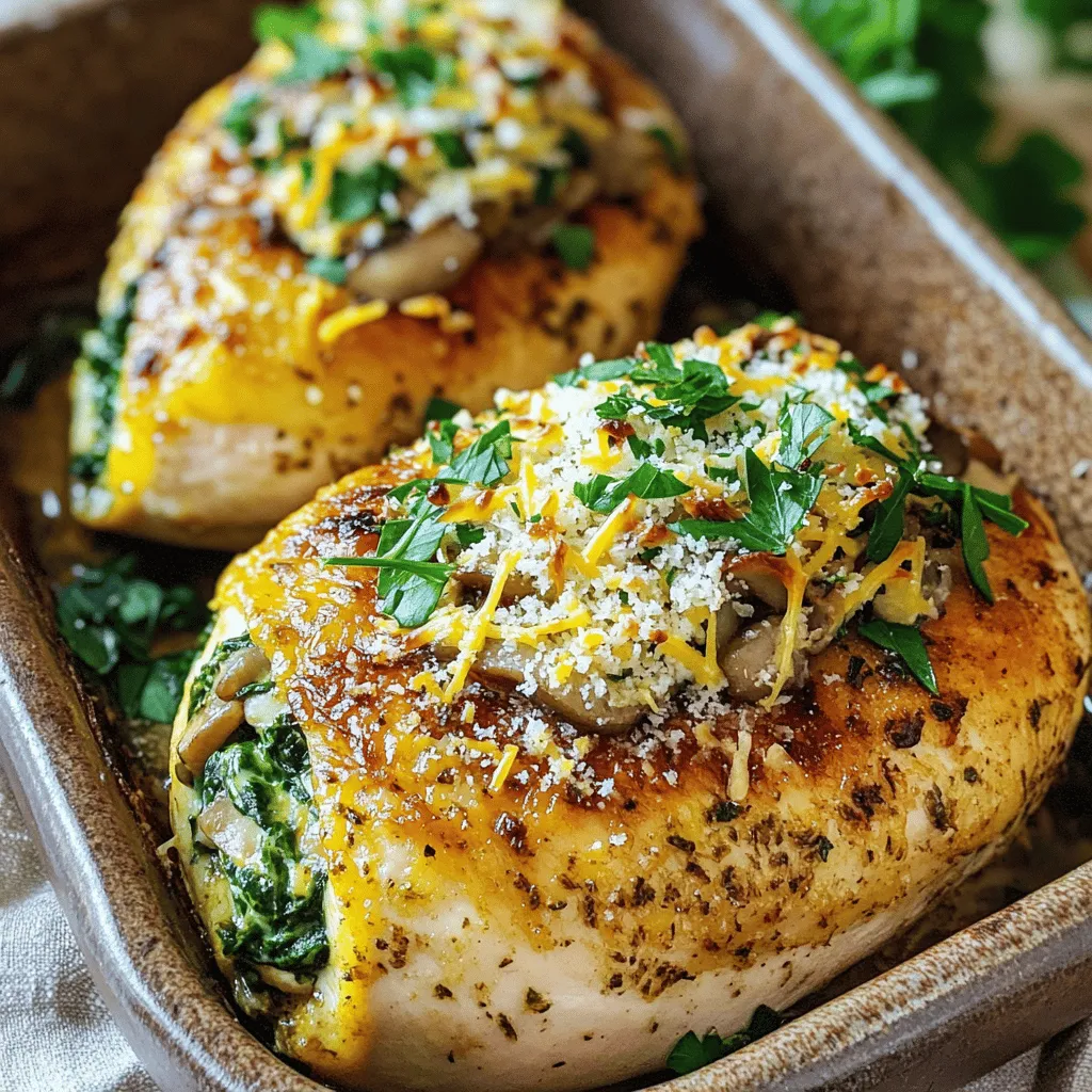 - 4 boneless, skinless chicken breasts - 1 cup fresh mushrooms, finely chopped (cremini or button) - 1 small onion, finely chopped - 2 cloves garlic, minced - 1 cup fresh spinach, chopped - ½ cup ricotta cheese - ½ cup grated Parmesan cheese