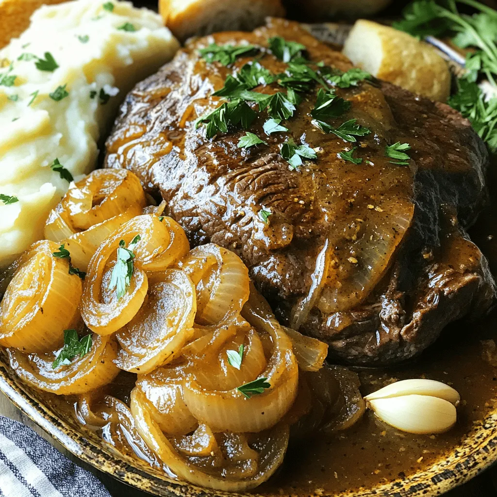 - 3 to 4 pounds of beef chuck roast - 3 large yellow onions, thinly sliced - 4 cloves garlic, minced - 4 cups beef broth