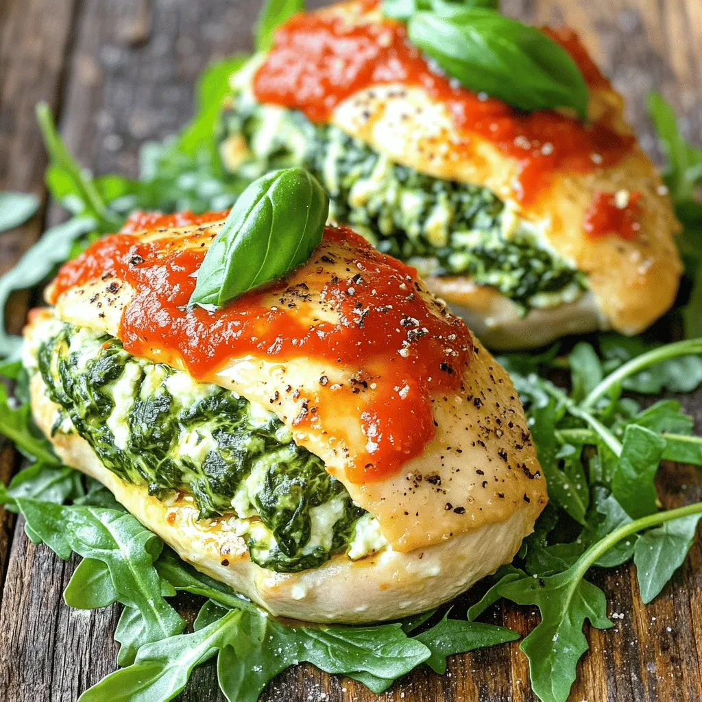 To make spinach stuffed chicken breasts, gather these key items: - 4 boneless, skinless chicken breasts - 2 cups fresh spinach, chopped - 1 cup ricotta cheese - 1/2 cup grated Parmesan cheese - 1/2 cup cream cheese, softened - 2 cloves garlic, minced - 1 teaspoon Italian seasoning - 1/2 teaspoon salt - 1/4 teaspoon black pepper - 1/4 cup sun-dried tomatoes, chopped (optional) - 1 tablespoon olive oil - 1 cup marinara sauce (for serving) - Fresh basil leaves (for garnish) You can change up the flavor with these options: - Feta cheese instead of ricotta - Chopped artichokes for a unique twist - Fresh herbs like parsley or dill - Spicy red pepper flakes for heat Each serving of spinach stuffed chicken breasts offers: - Calories: 350 - Protein: 42g - Carbohydrates: 8g - Fat: 16g - Fiber: 1g - Sodium: 600mg This dish is tasty and healthy. It combines lean protein with fresh spinach and cheese. Enjoy it as a filling meal that fuels your day! For the full recipe, check out the cooking section. First, preheat your oven to 375°F (190°C). This step sets the stage for cooking. A hot oven helps the chicken cook evenly and keeps it juicy. In a medium skillet, add one tablespoon of olive oil. Heat the oil over medium heat. Once hot, add two minced garlic cloves. Sauté them for about one minute until fragrant. Next, add two cups of chopped fresh spinach. Stir and cook until the spinach wilts. Remove the skillet from heat and let it cool slightly. In a large mixing bowl, combine the cooked spinach and garlic with one cup of ricotta cheese, half a cup of cream cheese, and half a cup of grated Parmesan cheese. Add one teaspoon of Italian seasoning, half a teaspoon of salt, and a quarter teaspoon of black pepper. If you like, stir in a quarter cup of chopped sun-dried tomatoes. Mix everything well until it is creamy and smooth. Grab four boneless, skinless chicken breasts. Place each one between two pieces of plastic wrap. Use a meat mallet or rolling pin to gently pound them to about half an inch thick. This helps the chicken cook evenly and makes it easier to stuff. Take a generous spoonful of the spinach filling. Spread it on one side of each chicken breast. Fold the other side over to cover the filling. If you want, use toothpicks or kitchen twine to hold the chicken closed. Arrange the stuffed chicken breasts in a baking dish. Pour one cup of marinara sauce over the top. Cover the dish with aluminum foil. Bake it in the preheated oven for 30 minutes. After that, remove the foil and bake for another 10-15 minutes. The chicken should reach an internal temperature of 165°F (75°C). After baking, take the chicken out of the oven. Let it rest for five minutes before serving. This helps the juices stay inside the chicken. Slice each chicken breast in half to show off the beautiful filling. Serve with extra marinara sauce and sprinkle fresh basil leaves on top. Enjoy this tasty dish! For the full recipe, check the previous section. To make the best spinach stuffed chicken, start with fresh ingredients. Use fresh spinach, not frozen. When you mix the filling, ensure it is creamy and well combined. This helps the flavors blend well. Also, don’t skip the step of pounding the chicken. It helps the chicken cook evenly and makes it easier to stuff. For juicy chicken, avoid overcooking. Use a meat thermometer to check the temperature. The chicken should reach 165°F (75°C) when done. Covering the dish with foil during baking keeps the chicken moist. After cooking, let it rest for a few minutes. This step allows the juices to redistribute throughout the meat. Serve the stuffed chicken with marinara sauce for added flavor. A bed of arugula or roasted vegetables makes a great side. You can also sprinkle fresh basil on top for color and taste. For a fun twist, add a side of garlic bread or a light salad. Check out the Full Recipe for more serving ideas. {{image_2}} You can play with different cheeses in this dish. Try using feta, goat cheese, or mozzarella. Feta adds a tangy kick, while goat cheese brings creaminess. Mozzarella melts beautifully and makes the dish gooey. Mix and match these cheeses for your perfect flavor. Adding extra ingredients can elevate your stuffed chicken. Consider sun-dried tomatoes, which give a burst of flavor. You can also include chopped artichokes or roasted red peppers. For a spicy twist, add some crushed red pepper flakes. Each option offers a new taste experience. You can grill or fry the stuffed chicken for a different texture. Grilling gives a smoky flavor and nice char. Cook it on medium heat for about 6-7 minutes per side. Frying can create a crispy crust. Use a skillet with a bit of oil over medium-high heat. Cook for about 5-6 minutes per side. Each method brings out unique flavors and textures. Check the [Full Recipe] for more details. After you enjoy your spinach stuffed chicken breasts, store leftovers in the fridge. Place them in an airtight container. This keeps the chicken moist and fresh. You can store them for up to three days. Make sure they cool down before sealing the container. This helps prevent excess moisture. To reheat, use a microwave or oven. If using a microwave, place the chicken on a microwave-safe plate. Cover it with a damp paper towel. Heat for 1-2 minutes until warm. If you prefer the oven, set it to 350°F (175°C). Place the chicken in a baking dish and cover it with foil. Heat for about 15 minutes. This keeps the chicken from drying out. You can freeze spinach stuffed chicken for later. Wrap each stuffed chicken breast tightly in plastic wrap. Then, place them in a freezer bag or container. Label with the date. They can last up to three months. To thaw, move the chicken to the fridge overnight. This ensures even cooking when you reheat it. If you want to enjoy a homemade meal later, this is a great option! For the full recipe, check out Spinach Stuffed Chicken Breasts. Bake the spinach stuffed chicken breasts for about 30 minutes covered, then 10-15 minutes uncovered. This helps the chicken cook through while keeping it moist. You should check for an internal temperature of 165°F (75°C) to make sure it's safe to eat. Yes, you can use frozen spinach in this recipe. Just make sure to thaw and drain it well. Frozen spinach has more water than fresh spinach, so you want to remove excess moisture. This keeps the filling from becoming too soggy. There are many great sides to serve with spinach stuffed chicken breasts. Here are a few ideas: - Roasted vegetables - Garlic mashed potatoes - Quinoa salad - Steamed broccoli - A light garden salad These sides complement the flavors of the chicken and add color to your plate. To know if your stuffed chicken is fully cooked, use a meat thermometer. Insert it into the thickest part of the chicken. It should read at least 165°F (75°C). If you don’t have a thermometer, cut into the chicken. The juices should run clear, not pink. Yes, you can make the filling ahead of time. Just mix it up and refrigerate it. This can save you time when you’re ready to cook. Just remember to let it come to room temperature before stuffing the chicken. This helps the chicken cook evenly. For the full recipe, check the section above. This blog post covered the essential steps to make delicious spinach stuffed chicken. We explored ingredients, preparations, and creative variations. I shared tips for juicy chicken and great serving ideas. Remember, cooking is fun and you can make this dish your own. Try different fillings and cooking methods. Enjoy your meal, trust your taste, and savor each bite!