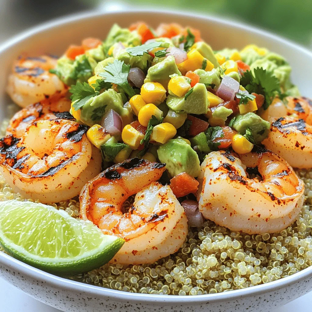 - 1 lb large shrimp, peeled and deveined - 2 cups cooked quinoa - 1 avocado, diced - 2 tablespoons olive oil - 1 teaspoon garlic powder - 1 cup fresh or canned sweet corn - Fresh cilantro - Lime wedges - Diced red bell pepper This recipe is simple and fun, and it packs a punch of flavor. The shrimp stands out with its tender texture, while the quinoa adds a nice base. The diced avocado brings creaminess, and the corn adds sweetness. You can swap or add other veggies too! For the seasoning, the olive oil and garlic powder create a great marinade for the shrimp. The optional garnishes like cilantro and lime wedges give it that extra zing. Each bite is fresh and satisfying. You can find the complete preparation details in the Full Recipe, and I encourage you to play with the ingredients! To start, take your large shrimp. In a big bowl, mix them with 2 tablespoons of olive oil. Add 1 teaspoon of garlic powder and 1 teaspoon of smoked paprika. Season with salt and pepper to your taste. Toss everything until the shrimp are well coated. Let the shrimp sit for about 15 minutes. This step helps the shrimp soak in all the flavors. While the shrimp marinate, you can make the salsa. In another bowl, combine 1 diced avocado, 1 cup of sweet corn, 1/2 diced red bell pepper, and 1/4 finely chopped red onion. Add 2 tablespoons of chopped cilantro and the juice of 1 lime. Gently stir everything together. Season with salt if needed and set it aside. This salsa adds freshness to the bowl. Next, it’s time to grill. Preheat your grill or grill pan to medium-high heat. If using skewers, thread the marinated shrimp onto them. If you use wooden skewers, soak them in water for 30 minutes first. Place the shrimp on the grill and cook for about 2-3 minutes on each side. They should turn pink and opaque when done. Now for the fun part—putting it all together! Take serving bowls and start with a layer of cooked quinoa. Place the grilled shrimp on top of the quinoa. Add a generous scoop of your avocado corn salsa. This layering creates a beautiful and tasty dish. For a finishing touch, sprinkle some extra cilantro on top. You can also add a lime wedge on the side. This adds a burst of freshness when you squeeze the lime over the bowl. Enjoy your Grilled Shrimp Bowl with Avocado Corn Salsa! For the full recipe, check the details above. Grilling shrimp can be simple if you know a few tricks. First, set your grill to medium-high heat. This temperature helps cook the shrimp quickly without drying them out. Aim for 2-3 minutes per side. When they turn pink and opaque, they are ready. Using skewers makes grilling easier. For wooden skewers, soak them in water for 30 minutes first. This helps prevent burning. Metal skewers are great too, and they don’t need soaking. Just remember to space the shrimp so they cook evenly. Your salsa can be your own creation. Start with the base of avocado and corn. Then, feel free to add spices like cumin or chili powder for heat. You can also mix in other veggies, such as diced tomatoes or jalapeños. Fresh ingredients always taste best, but canned corn works in a pinch. Just rinse it well before using. Toppings can change your bowl from good to great. Try adding crumbled feta or diced mango for extra flavor. You can also drizzle with a tangy yogurt sauce or a zesty vinaigrette. These small changes make a big impact on taste. Don't be afraid to experiment and find what you love. For the full recipe, check the main article. Enjoy your grilled shrimp bowl! {{image_2}} You can switch up the shrimp for other proteins. Chicken works great and adds a nice flavor. Just marinate it like the shrimp. Fish is another choice, and it cooks fast. Try salmon or tilapia for a tasty twist. If you want a meat-free option, tofu is perfect. Make sure to press the tofu to remove extra water. This helps it absorb flavors better. To make the bowl plant-based, skip the shrimp. Use more veggies instead. Try adding black beans or chickpeas for protein. You can also add extra greens like spinach or kale. Adjust the quinoa toppings to keep it filling and nutritious. A squeeze of lime juice adds a fresh taste to the dish. Get creative with your seasonings! Instead of garlic powder, try onion powder for a different taste. Lime zest can brighten up the dish. If you like heat, sprinkle some chili powder or cayenne pepper on the shrimp. Fresh herbs like mint or basil can also change the flavor. Play with these swaps to find your favorite mix. Check out the [Full Recipe] for more ideas! To keep your Grilled Shrimp Bowl fresh, store leftovers in airtight containers. Place shrimp, quinoa, and salsa in separate containers. This helps maintain texture and flavor. Refrigerate within two hours of cooking. Properly stored, shrimp lasts for up to three days. Quinoa can stay fresh for five days, while salsa is best used within two days. You can prep parts of this dish ahead of time. Cook the quinoa one day before serving. Store it in the fridge until you need it. Marinate the shrimp a few hours before grilling for more flavor. You can also chop veggies for the salsa the night before. Just keep everything in airtight containers. To safely reheat leftovers, use the microwave or stovetop. For quinoa, add a splash of water and cover the bowl. Heat for 1-2 minutes, stirring halfway. For shrimp, warm them in a skillet over medium heat for about 3-4 minutes. Stir gently to avoid overcooking. Salsa is best served cold, so no reheating needed. Enjoy your meal! Yes, you can use frozen shrimp. Just follow these best practices: - Thaw shrimp in the fridge overnight. - For quick thawing, place shrimp in a sealed bag and submerge in cold water for 15-20 minutes. - Pat them dry before marinating to help the flavors stick. Using frozen shrimp is a great option. They are often frozen right after catch, so they can be fresh and tasty. You can tell shrimp are done when they turn pink and opaque. Here are some key indicators: - Look for a C-shape; if they curl, they are cooked. - The internal temperature should reach 120°F. - Avoid overcooking, as shrimp can become tough and rubbery. Perfectly cooked shrimp are juicy and tender. To make your meal even better, consider these side dishes: - A fresh green salad with lemon dressing. - Grilled vegetables like bell peppers and zucchini. - Cornbread or tortilla chips for crunch. These sides enhance the flavors of the shrimp bowl. Leftovers can last in the fridge for about 3 days. Here are some tips for safety: - Store shrimp and quinoa in airtight containers. - Keep the avocado corn salsa separate to stay fresh longer. - Reheat shrimp gently to keep them tender. Always check for any off smells before eating leftovers. You can make the avocado corn salsa a few hours ahead. Here’s how to store it: - Keep it in an airtight container in the fridge. - To prevent browning, squeeze a little extra lime juice on top. - Stir gently before serving to mix flavors. Making salsa ahead saves time and allows the flavors to meld nicely. For the full recipe, check out the section above! In this article, I shared a recipe for a delicious grilled shrimp bowl. We covered key ingredients like shrimp, quinoa, and a fresh avocado corn salsa. I discussed easy steps to marinate shrimp and grill it perfectly. You can customize your bowl with different proteins or toppings to suit your taste. Proper storage tips ensure your leftovers stay fresh. This meal is tasty, easy to make, and full of healthy ingredients. Enjoy creating your shrimp bowl and experimenting with flavors!