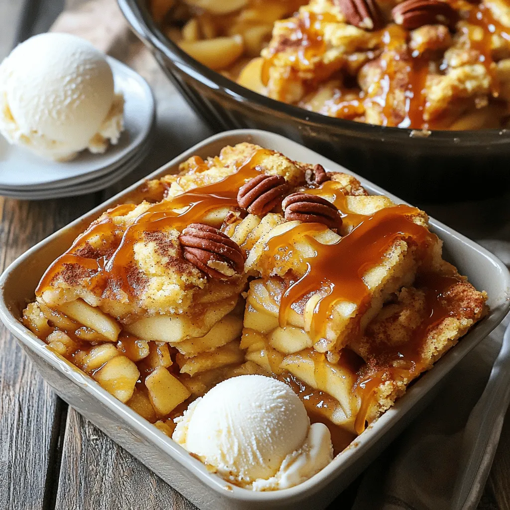 Gathering the right ingredients is key to making this delicious treat. Here’s what you need: - 2 cans (21 oz each) apple pie filling - 3 teaspoons ground cinnamon - 1 cup caramel sauce (store-bought or homemade) - 1 box vanilla cake mix (15.25 oz) - 1/2 cup unsalted butter, melted - 1 cup chopped pecans (optional) - Ice cream or whipped cream for serving (optional) The apple pie filling brings a sweet and fruity base. The ground cinnamon adds warmth and spice, making it cozy. Caramel sauce gives it richness and a sweet finish. The vanilla cake mix forms a soft, cake-like top. Melted butter helps the cake mix brown nicely in the oven. Chopped pecans add a tasty crunch, but you can skip them if you want. Lastly, serving it with ice cream or whipped cream makes it a true dessert delight. For the full recipe, check out the detailed steps to create this scrumptious dessert. First, preheat your oven to 350°F (175°C). This step is key for even baking. While the oven heats, take a 9x13 inch baking dish and grease it. Use cooking spray or butter for easy cleanup later. Next, it’s time to build the flavor. Open your two cans of apple pie filling. Spread this filling evenly across the bottom of your baking dish. This layer is sweet and tart, giving a nice base. Now, sprinkle three teaspoons of ground cinnamon on top of the apple filling. This spice adds warmth and depth to the dish. Then, take your cup of caramel sauce and drizzle half of it over the apples. Watch the sauce soak in, making everything even more delicious. Now, grab your box of vanilla cake mix. Open it and evenly sprinkle it over the apple and caramel layers. Do not mix it in; just let it sit on top. This layer will create a fluffy texture. Next, drizzle half a cup of melted butter over the cake mix. Make sure to cover as much as you can for a rich taste. If you like, sprinkle a cup of chopped pecans on top for some extra crunch. Put your dish in the preheated oven. Bake for about 40-45 minutes. You’ll know it’s done when the edges bubble and the top turns golden brown. Once baked, let it cool for about 10 minutes. It’s now ready to serve. For a special touch, drizzle the remaining caramel sauce on top. Enjoy this warm treat with a scoop of ice cream or a dollop of whipped cream for extra joy. For the complete recipe, check out the Full Recipe. To ensure even baking, spread the apple pie filling smoothly in the dish. The cinnamon layer adds a nice warmth, so sprinkle it evenly. For the top to turn golden, drizzle the melted butter carefully over the cake mix. This helps create a lovely crust. If you want to switch things up, consider adding chopped pecans or walnuts for a crunchy twist. You can even use spices like nutmeg for extra flavor. Serve this cake warm. A scoop of vanilla ice cream or a dollop of whipped cream makes it even better. You can add more caramel sauce on top for a sweet touch. Serve the cake in bowls for a cozy feel. Garnish with a sprinkle of cinnamon for a delightful finish. This not only looks nice but also enhances the taste. If you have leftovers, let the cake cool completely. Store it in an airtight container in the fridge. It will stay fresh for about three days. To reheat, place it in the oven at 350°F for about 10 minutes. You can also use the microwave for quick heating, but the oven gives a better texture. Enjoy the sweet taste of your homemade treat for days to come! {{image_2}} You can switch up the fruit in your dump cake. Try using peach or cherry pie filling instead of apple. You can even use mixed berries for a fresh twist. Want a unique flavor? Use lemon pie filling for a zesty kick. If you’re looking for gluten-free options, choose a gluten-free cake mix. Many brands offer great choices. You can also substitute apple pie filling with homemade filling made from fresh apples. Just cook them with sugar and spices until soft. To make your dump cake even better, consider adding nuts or chocolate. Chopped pecans or walnuts add a nice crunch. You can mix them into the cake or sprinkle them on top before baking. If you love chocolate, try adding chocolate chips. Just sprinkle them over the cake mix before baking. You can also add spices like nutmeg or allspice for extra warmth. Get creative with flavors! You can even drizzle some extra caramel sauce on top after baking. This adds a sweet touch that everyone will love. To keep your caramel apple dump cake fresh, store it in an airtight container. You can leave it at room temperature for up to two days. If you want it to last longer, move it to the fridge. In the fridge, it can stay good for up to five days. Just make sure to cover it well to prevent it from drying out. You can freeze the dump cake for longer storage. First, let it cool completely. Then, cut it into slices for easy use. Wrap each slice tightly in plastic wrap. Place the wrapped slices in a freezer-safe bag or container. It will keep well for up to three months in the freezer. When you're ready to enjoy it again, take a slice out and let it thaw overnight in the fridge. If you want it warm, pop it in the microwave for about 30 seconds. Enjoy it as if it were fresh from the oven. Don't forget, you can drizzle some caramel sauce on top before serving. For the full recipe, check out the details above! To stop the top from burning, keep an eye on the time. Check the cake around 35 minutes. If it looks too brown, cover it with foil. This helps cook the inside without burning the top. Bake until the edges bubble and the top is golden. Yes, you can use fresh apples! Slice them thinly and toss with sugar and cinnamon. This will give them a nice flavor. Use about six cups of fresh apples for the cake. It may need a little more caramel for extra sweetness. To reheat the leftover dump cake, use the oven or the microwave. For the oven, preheat to 350°F (175°C). Place the cake in for about 15 minutes. If using the microwave, heat in 30-second bursts. Add a little caramel sauce to keep it moist. To make a delicious Caramel Apple Dump Cake, follow these steps closely. Start with apple pie filling and add spices and sauces. Layer the cake mix, drizzle butter, and bake it until golden. Customize it with optional ingredients to fit your taste. Store leftovers well or freeze for future treats. Whether you serve it warm or cold, this dessert is a hit. Experiment with different fruits or toppings to find your favorite version. Happy baking!