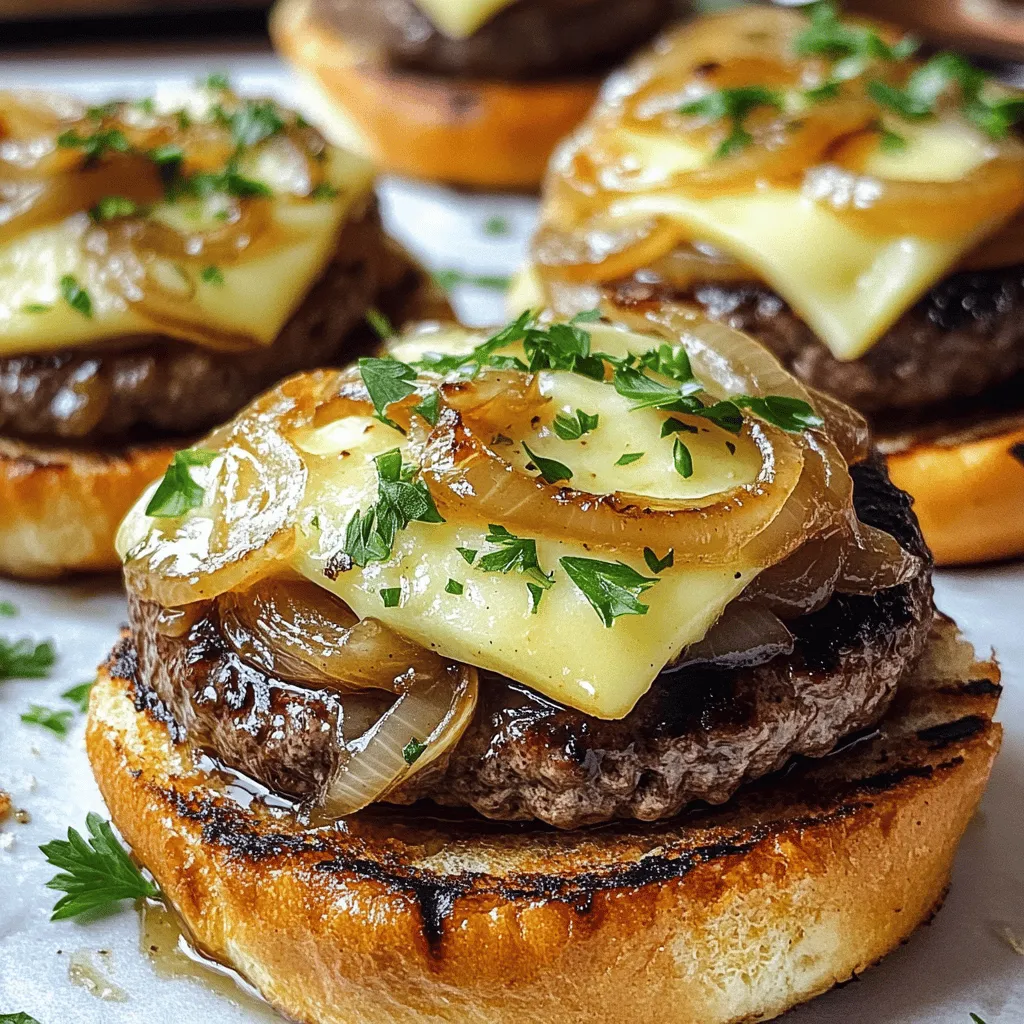 - 1 lb ground beef - 1 large onion, thinly sliced - 2 cups beef broth The main ingredients for French Onion Soup Burgers are simple yet vital. Ground beef serves as a hearty base. You want a good quality beef to make your patties juicy. Onions bring the sweet, caramelized flavor we love in onion soup. Thin slicing helps them cook evenly. Beef broth adds depth and richness, tying all the flavors together. - 4 slices Swiss cheese - Salt and pepper to taste - 1 tablespoon olive oil - 1 tablespoon butter - 1 teaspoon sugar - 1 teaspoon thyme (fresh or dried) You can add cheese for that classic French onion flavor. Swiss cheese melts beautifully. Feel free to experiment with other cheese varieties too. Seasoning is key, so a pinch of salt and pepper can enhance the taste. Olive oil and butter help caramelize the onions, making them sweet and golden. Sugar boosts this sweetness. Thyme adds a nice herbal note. - Fresh parsley for garnish (optional) Garnishes can brighten your dish. Fresh parsley adds a pop of color and a hint of freshness. You might also consider adding condiments, like mustard or a hint of mayo, for extra flavor. Enjoy crafting your perfect French Onion Soup Burger with these ingredients. For the complete recipe, be sure to check out the Full Recipe. To start, you’ll need to sauté the onions. Heat 1 tablespoon of olive oil and 1 tablespoon of butter in a large skillet over medium heat. Add the thinly sliced onions and a pinch of salt. This helps them cook evenly. Stir the onions often. They need about 15-20 minutes to caramelize. For perfect caramelization, keep an eye on the heat. Too high, and they burn. Too low, and they won't brown. Add 1 teaspoon of sugar halfway through to enhance the sweetness. In the last few minutes, stir in 1 teaspoon of thyme. This adds a nice flavor. Now, let’s work on the burger patties. In a mixing bowl, combine 1 pound of ground beef with salt and pepper. Mix it gently. You want to keep the meat loose for a juicy burger. Shape the mixture into 4 equal patties. Make them about 1 inch thick. You can cook these patties on a grill or a skillet. Preheat your grill or skillet over medium-high heat. Cook each patty for 4-5 minutes per side. This gives you a medium burger. If you like it more done, just add a minute or two. Once your patties are done, it’s time to assemble. Start with the toasted burger bun. Spoon some of the onion and beef broth mixture on the bottom half. Place the cheese-topped burger patty on top. Use 1 slice of Swiss cheese per patty. Ensure that cheese melts by covering the burger with a lid for the last minute of cooking. Next, add more onion mixture on top of the patty. Finish with the top half of the bun. That’s it! Your French Onion Soup Burger is ready to enjoy. For the full recipe, check back on our site. To get great caramelized onions, keep the heat low. A medium heat works well. This helps the onions cook slowly and evenly. Stir them often to avoid burning. Aim for about 15 to 20 minutes to reach that golden brown color. Make sure to add a pinch of salt and a teaspoon of sugar. This helps with the caramelization. Choosing the right broth can change the taste of your burger. Use a rich beef broth for a deep flavor. If you want a lighter touch, try chicken broth. You can also add more seasoning to enhance the taste. Try adding garlic powder, or even a splash of Worcestershire sauce for extra depth. When cooking your burgers, know your doneness levels. A medium burger is juicy and pink inside. A well-done burger has no pink and is firmer. Use a meat thermometer to check the temperature. Aim for 160°F for medium and 170°F for well-done. This ensures your burger is safe to eat while keeping it moist. {{image_2}} You can use many different cheeses on your French onion soup burgers. While Swiss cheese is classic, try Gruyère for a nutty taste. Cheddar adds sharpness, while fontina brings creaminess. Feel free to mix and match cheeses for extra flavor. To make a vegetarian version, swap out the beef patties for plant-based ones. Look for patties made from beans, lentils, or mushrooms. For the broth, use vegetable broth instead of beef broth. This keeps the rich taste while making it meat-free. Get creative with toppings! Consider adding sautéed mushrooms or crispy bacon for texture. You can also drizzle balsamic glaze or add fresh arugula for a peppery kick. For sides, try sweet potato fries or a simple salad. These add balance to your hearty meal. To keep your French Onion Soup Burgers fresh, store them properly. First, let them cool down. Place the burgers in an airtight container. You can keep them in the fridge for up to three days. If you want to save them longer, freezing is a great option. Wrap each burger tightly in plastic wrap, then put them in a freezer bag. They can last for about three months. When you’re ready to enjoy leftovers, reheating is key. The best way to reheat a burger is in the oven. Preheat your oven to 350°F (175°C). Place the burgers on a baking sheet and cover them with aluminum foil. Heat for about 10-15 minutes. This method keeps the buns from getting soggy. If you're in a hurry, you can use the microwave too. Heat for about 30 seconds, but remember, the texture may change. If you love planning ahead, meal prep is a smart choice. You can cook the onions and beef broth a day before. Store them in separate containers in the fridge. The next day, just shape the patties and cook them as needed. For quick assembly, you can toast the buns while the burgers cook. This saves time and keeps everything fresh. Enjoy the ease of making this dish any day! For the full recipe, check out the details above. For French Onion Soup Burgers, Swiss cheese works best. It melts beautifully and adds a mild flavor. You can also try Gruyère cheese for a richer taste. Both cheeses enhance the onion and beef flavors in the burger. Yes, you can prepare parts of this recipe ahead. You can caramelize the onions and make the broth a day in advance. Store them in the fridge. On the day of serving, shape the patties and cook them fresh. This saves time and ensures the best taste. To make a vegetarian French Onion Soup Burger, use plant-based patties instead of ground beef. You can find many options in stores. For the broth, use vegetable broth instead of beef broth. This keeps the rich flavor while making it meat-free. This blog post covered how to make delicious French Onion Soup Burgers. You learned about key ingredients like ground beef and onions and optional items like cheese and seasonings. I shared tips for cooking, assembling, and even variations for vegetarian options. Remember to store leftovers properly and reheat in the best way. With these steps, you can create tasty burgers that impress anyone. Enjoy making your own versions and have fun in the kitchen!