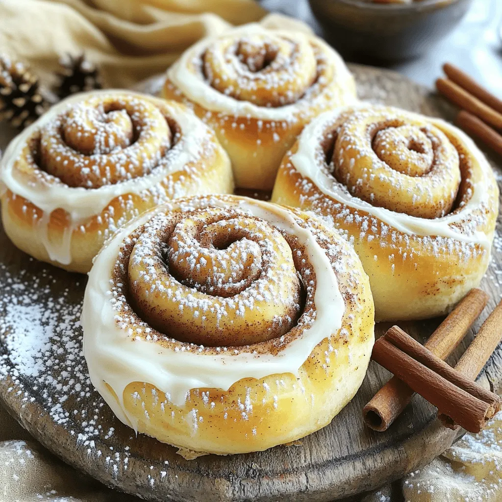 - 4 cups all-purpose flour - 1 packet (2 ¼ tsp) active dry yeast - 1 cup warm milk (110°F/45°C) - 1/3 cup granulated sugar - 1/2 cup unsalted butter, melted - 1 large egg - 1 tsp vanilla extract - 1 tsp salt - 1 tbsp ground cinnamon - 1/2 cup packed brown sugar - 1/4 cup raisins (optional) - 1 cup powdered sugar (for frosting) - 2 tbsp milk (for frosting) - 1/2 tsp vanilla extract (for frosting) Importance of Fresh Yeast: Fresh yeast is key for soft rolls. It gives the dough its rise and fluffy texture. Always check the expiration date on the packet. If it’s fresh, it will foam when mixed with warm milk. Choosing the Right Flour for Texture: All-purpose flour works best for these rolls. It gives a nice balance between chewiness and fluffiness. Avoid using bread flour, as it can make the rolls too dense. Options for Dairy-Free Alternatives in the Recipe: You can replace milk with almond or soy milk for a dairy-free option. Use dairy-free butter in place of regular butter for a fully vegan roll. These ingredients and notes are essential for making the best homemade cinnamon rolls. For the full recipe, check the detailed instructions to create these irresistible treats! To start, we need to activate the yeast for the best rise. In a small bowl, mix warm milk with yeast and a pinch of sugar. Let it sit for about 5-10 minutes. You will see bubbles form, which means the yeast is ready. Next, we mix the wet and dry ingredients. In a large bowl, combine melted butter, sugar, egg, vanilla, and salt. Stir these well to blend. Add the yeast mixture to the bowl and mix until combined. Gradually add three cups of flour, one cup at a time, until you form a soft dough. Now it's time to knead the dough effectively. Turn the dough onto a lightly floured surface. Knead for about 5-7 minutes, adding the remaining flour as needed. You want the dough to be smooth and elastic. Finding a warm place for the dough to rise is key. Place the kneaded dough in a greased bowl and cover it with a damp cloth. Let it rise in a warm spot for about one hour until it doubles in size. Once the dough has risen, we can roll it out. Punch the dough down and roll it into a rectangle, about 16x12 inches, on a floured surface. This size is perfect for nice rolls. Next, distribute the filling evenly. Brush the rolled-out dough with melted butter. Then, mix brown sugar, ground cinnamon, and raisins in a bowl. Spread this mixture over the dough, ensuring an even layer for every bite. Before baking, we need to check if the rolls are ready. After slicing the dough into 12 equal pieces, place them in a greased pan. Cover them with a cloth and let them rise for another 30-40 minutes until they puff up. For baking, preheat your oven to 350°F (175°C). Bake the cinnamon rolls for 20-25 minutes. Look for a golden brown color on top. This means they are fluffy and ready to enjoy. Once baked, let them cool for a few minutes before adding the frosting. The full recipe can guide you through the frosting process to finish these delicious rolls. To make the best homemade cinnamon rolls, start with warm ingredients. The milk should be about 110°F (45°C). This warmth helps the yeast activate. If the milk is too hot, it can kill the yeast. If it’s too cold, the dough won’t rise well. Common mistakes include not letting the dough rise enough. Make sure you give it time to double in size. Kneading is also key. Do this until the dough feels smooth and elastic. If it's sticky, add a bit more flour. For a great frosting, mix powdered sugar, milk, and vanilla extract well. The right consistency is thick but spreadable. If it’s too thin, add more sugar. If it’s too thick, add a little milk. You can enhance the flavor by adding citrus zest. Lemon or orange zest can brighten the frosting. This adds a fresh twist that pairs well with cinnamon. Get creative when serving your cinnamon rolls! They are great warm on a big platter. Dust with extra powdered sugar for a nice touch. You can also serve them with cinnamon sticks for a pretty look. For drinks, pair cinnamon rolls with coffee or tea. The warmth of the drink matches the rolls perfectly. You can also enjoy them with milk or hot chocolate for a cozy treat. {{image_2}} You can make your cinnamon rolls even better. Adding fruits introduces fresh flavors. Try diced apples for a sweet crunch. Berries like blueberries or raspberries add a nice tart twist. Nuts can also enhance your rolls. Chopped pecans or walnuts give a lovely texture. If you love chocolate, mix in some chocolate chips. They melt and create gooey bites in every roll. While the classic frosting is great, you can mix it up. A cream cheese frosting adds a tangy flavor. To make it, use 8 oz of cream cheese, 1 cup powdered sugar, and 2 tbsp milk. Blend until smooth and creamy. For a different twist, try a maple glaze. Mix 1 cup powdered sugar with 2-3 tbsp maple syrup and a bit of milk. Drizzle it on warm rolls for a delicious finish. If you need gluten-free rolls, there are good flour choices. Almond flour or a gluten-free blend works well. Make sure it has xanthan gum for the right texture. You must adjust baking time and dough handling. Gluten-free dough may be stickier. Use extra flour on your hands and work surface. Let the dough rise longer for best results. To keep your cinnamon rolls fresh, store them in an airtight container. You can also wrap them in plastic wrap or aluminum foil. This preserves moisture and keeps them soft. If you have a lot left, consider dividing them into smaller portions. This way, you can enjoy just what you need. When you're ready to enjoy your rolls again, preheat your oven to 350°F (175°C). Place the rolls on a baking sheet and cover them with foil. Heat for about 10-15 minutes. This method helps restore their fluffiness. You can also use a microwave. Heat one roll at a time for about 15 seconds. It will be warm, but may not be as fluffy. You can freeze cinnamon rolls either before or after baking. To freeze before baking, roll and cut them, then place them on a baking sheet. Freeze until solid, then transfer to a freezer bag. To bake later, let them thaw in the fridge overnight and rise before baking. If you freeze after baking, let them cool completely first. Wrap them well and place them in a freezer bag. Thaw them at room temperature for a few hours before reheating. This keeps their taste and texture just right. Homemade cinnamon rolls can last about 2 to 3 days on the counter. Keep them in an airtight container to stay fresh. If you place them in the fridge, they can last up to a week. Just remember, the colder air can dry them out, so always seal them well. Yes, you can make cinnamon rolls ahead of time! Prepare the dough and fill it as usual. Then, cover the rolls tightly and place them in the fridge overnight. In the morning, let them sit at room temperature for about 30 minutes before baking. This helps them rise perfectly. If your dough doesn’t rise, check the yeast first. It should be fresh. Mix it with warm milk, but not too hot—110°F is ideal. If your kitchen is cold, find a warm spot, like near the oven. Cover the dough with a damp cloth to keep it warm and moist. To boost flavor, try adding extra spices. A pinch of nutmeg or cardamom can work wonders. You can also mix in some vanilla extract or even almond extract for a unique taste. Don’t forget to sprinkle a bit of salt in the filling to enhance sweetness. Absolutely! To make mini cinnamon rolls, roll your dough thinner and cut smaller pieces. Bake them for about 15-20 minutes instead of the usual time. Keep an eye on them to avoid overbaking. Mini rolls are perfect for sharing and make great snacks! By using the right ingredients and following each step, you can make perfect cinnamon rolls. Remember the key points: fresh yeast and proper kneading can change everything. You can also explore fun variations, from different fruits to unique frostings. Store your rolls well and try reheating for that fresh-out-of-the-oven taste. With these tips, your baking will impress friends and family. Enjoy trying out these recipes and make them your own!