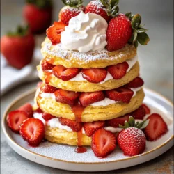 To make a delightful strawberry shortcake, you'll need a few key ingredients: - 2 cups fresh strawberries, hulled and sliced - 2 tablespoons sugar - 2 cups all-purpose flour - 1 tablespoon baking powder - 1/2 teaspoon salt - 1/4 cup unsalted butter, cold and cubed - 3/4 cup milk - 1 teaspoon vanilla extract - 1 cup heavy whipping cream - 3 tablespoons powdered sugar - Additional strawberries for garnish (optional) These ingredients work together to create a sweet and tasty dessert. The strawberries shine with their fresh flavor, while the cream adds a rich touch. You can add your own twist to this shortcake. Here are some fun ideas: - Lemon zest for a citrusy kick - Mint leaves for a fresh taste - Different berries like blueberries or raspberries - Flavored extracts, like almond or coconut Feel free to mix and match these options. They can change the flavor and make the dish your own. To make this recipe, gather some basic kitchen tools: - Mixing bowls - Baking sheet - Parchment paper - Electric mixer or whisk - Biscuit cutter or glass Having the right tools makes cooking easier. You’ll find that these items help you with each step in the recipe. If you're ready to dive in, check out the Full Recipe for detailed instructions. Start by rinsing the strawberries. Remove the green tops and slice them into thin pieces. Place the sliced strawberries in a medium bowl. Add 2 tablespoons of sugar to the bowl. Toss the strawberries gently to coat them in sugar. This helps the strawberries release their juices. Let them sit for about 30 minutes. You will see a lovely syrup form at the bottom of the bowl. This syrup adds sweetness and flavor to the dessert. Preheat your oven to 425°F (220°C). Line a baking sheet with parchment paper for easy cleanup. In a large bowl, whisk together 2 cups of all-purpose flour, 1 tablespoon of baking powder, and 1/2 teaspoon of salt. Next, take 1/4 cup of cold, cubed unsalted butter. Cut it into the flour mixture. Use your fingers or a pastry cutter. You want the mixture to look like coarse crumbs. In another bowl, mix 3/4 cup of milk with 1 teaspoon of vanilla extract. Slowly add this to the flour mixture. Stir gently until just combined. Avoid overmixing, or your shortcakes may be tough. Turn the dough out onto a floured surface. Gently knead it a few times to bring it together. Pat the dough into a rectangle about 1 inch thick. Use a round biscuit cutter or a glass to cut out shortcakes. Place them on the prepared baking sheet. Bake the shortcakes for 12-15 minutes. They should be golden brown on top. Once baked, remove them from the oven and let them cool slightly on a wire rack. While the shortcakes bake, prepare the whipped cream. In a mixing bowl, pour in 1 cup of heavy whipping cream. Add 3 tablespoons of powdered sugar for sweetness. Use an electric mixer to whip the cream. Beat until soft peaks form. This will take a few minutes. The whipped cream should be fluffy and thick. It will add a rich creaminess to your strawberry shortcake. For the full recipe, check out the provided details. Enjoy making this sweet delight! To make soft and fluffy shortcakes, use cold butter. Cold butter creates a nice rise. You should cut the butter into the flour until it looks like crumbs. Don’t overmix the dough; it should be slightly lumpy. When rolling it out, keep it about one inch thick. This thickness helps it bake evenly and stay soft. For the best whipped cream, start with cold cream. Chill your mixing bowl and beaters too. Beat the cream on medium speed until it starts to thicken. Add powdered sugar to sweeten it. Keep beating until you see soft peaks form. Don't overwhip, or it will turn to butter! Serve your shortcake warm for the best taste. Layer the strawberries and cream generously. You can also add a drizzle of chocolate sauce for extra flavor. For a fun twist, try using other fruits like peaches or blueberries. Don’t forget to check out the Full Recipe for more tips! {{image_2}} You can easily make a gluten-free version. Use gluten-free flour blend instead of all-purpose flour. Make sure to check that your baking powder is gluten-free too. This swap keeps the taste but makes it safe for gluten-sensitive folks. The texture might be a bit different, but it will still be delightful. While strawberries shine in this dish, feel free to switch it up! Ripe peaches, blueberries, or raspberries work great too. Just chop them up and toss with sugar, like you do with strawberries. Each fruit will add its own unique flavor, giving you a new treat every time. You can customize the whipped cream to match your taste. Try adding vanilla extract or almond extract for a twist. For a chocolate flavor, mix in cocoa powder. Fresh herbs like mint or basil can also add a fresh kick. These small changes can turn your dessert into something special! For the full recipe, check the Easy Strawberry Shortcake section. After enjoying your delicious strawberry shortcake, you may have some left. To keep your shortcakes fresh, store them in an airtight container. Place them at room temperature for up to two days. If you need to store them longer, refrigerate for up to five days. Be sure to keep the strawberries and whipped cream separate. This prevents the shortcakes from getting soggy. Want to save some for later? You can freeze the shortcakes and strawberries! Wrap shortcakes tightly in plastic wrap and place them in a freezer bag. They can last up to three months in the freezer. For strawberries, wash and slice them. Then, toss them with sugar and freeze in a single layer on a baking sheet. Once frozen, transfer them to a freezer bag. They will stay fresh for up to six months. When you’re ready to enjoy your frozen shortcakes, take them out of the freezer. Let them thaw in the fridge overnight. To reheat, place them in a 350°F (175°C) oven for about 10 minutes. This warms them up nicely without drying them out. If you have frozen strawberries, let them sit at room temperature for a few minutes. They will soften and be ready to use on your shortcake. For a fresh taste, always top with whipped cream once ready to serve. Yes, you can make the shortcakes ahead of time. Bake them and let them cool. Store them in an airtight container. They stay fresh for two days. When ready to serve, you can warm them in the oven for a few minutes. This gives them a nice, soft texture. If you want a lighter option, use coconut cream or whipped topping. Both can work well in this recipe. For a dairy-free choice, try almond milk blended with a little oil. You won’t get the same rich taste, but it will still be tasty. To prevent mushy strawberries, use fresh ones and slice them right before serving. Toss them with sugar and let them sit for only 15 minutes. This will keep them firm and juicy. If you wait too long, they will release too much juice. Yes, you can easily make a vegan version! Use plant-based milk and coconut oil in place of butter. For the cream, use coconut cream or a vegan whipped topping. This way, you can enjoy a delicious strawberry shortcake without any animal products. For the full recipe, check out the Easy Strawberry Shortcake section. You learned how to make easy strawberry shortcake. We discussed the key ingredients and optional ones for a twist. I shared step-by-step instructions to guide you through the process. We explored tips to enhance texture and flavor. You also found variations and storage tips to keep your treats fresh. With this knowledge, you can impress friends and family. Enjoy making this classic dessert in your kitchen. Happy baking!