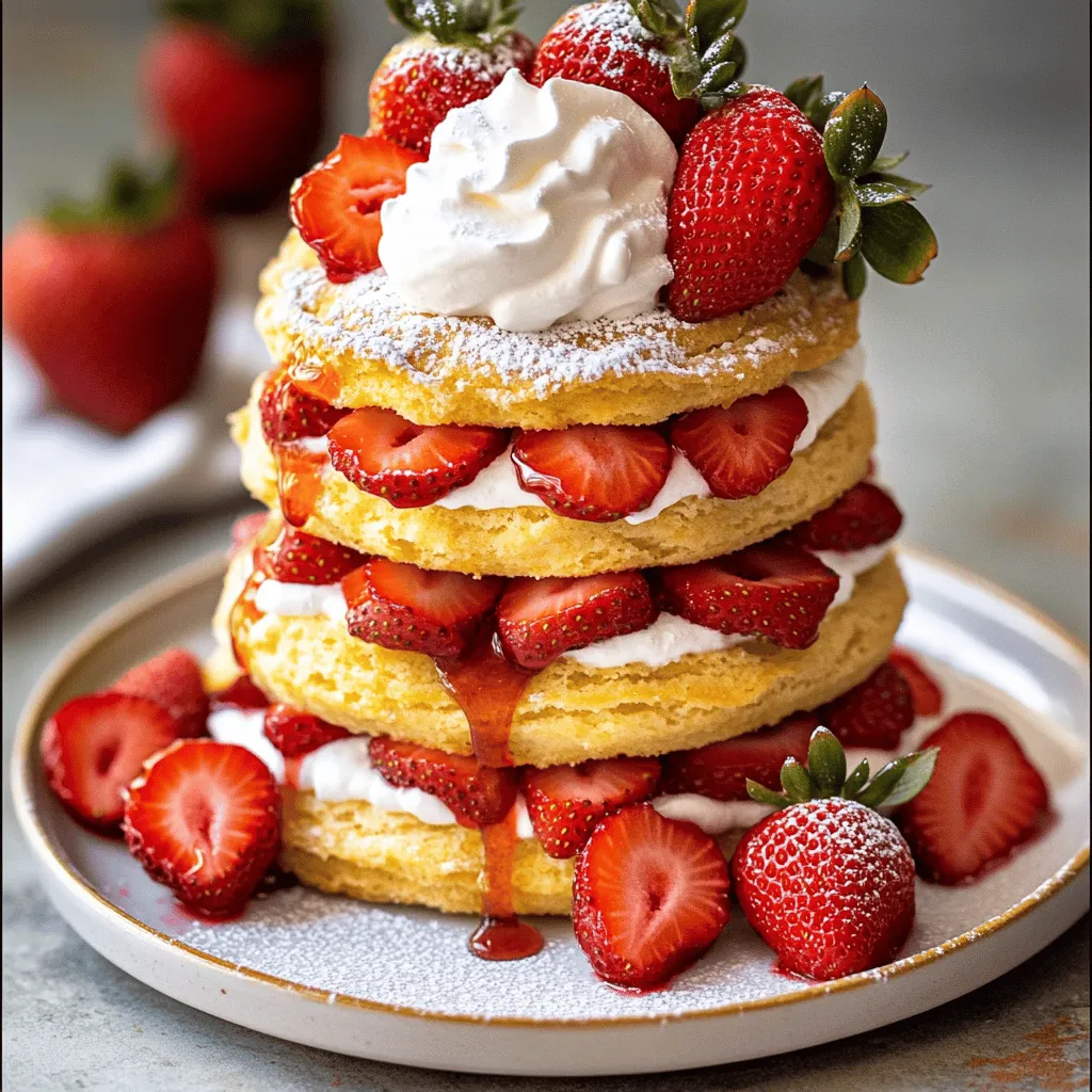To make a delightful strawberry shortcake, you'll need a few key ingredients: - 2 cups fresh strawberries, hulled and sliced - 2 tablespoons sugar - 2 cups all-purpose flour - 1 tablespoon baking powder - 1/2 teaspoon salt - 1/4 cup unsalted butter, cold and cubed - 3/4 cup milk - 1 teaspoon vanilla extract - 1 cup heavy whipping cream - 3 tablespoons powdered sugar - Additional strawberries for garnish (optional) These ingredients work together to create a sweet and tasty dessert. The strawberries shine with their fresh flavor, while the cream adds a rich touch. You can add your own twist to this shortcake. Here are some fun ideas: - Lemon zest for a citrusy kick - Mint leaves for a fresh taste - Different berries like blueberries or raspberries - Flavored extracts, like almond or coconut Feel free to mix and match these options. They can change the flavor and make the dish your own. To make this recipe, gather some basic kitchen tools: - Mixing bowls - Baking sheet - Parchment paper - Electric mixer or whisk - Biscuit cutter or glass Having the right tools makes cooking easier. You’ll find that these items help you with each step in the recipe. If you're ready to dive in, check out the Full Recipe for detailed instructions. Start by rinsing the strawberries. Remove the green tops and slice them into thin pieces. Place the sliced strawberries in a medium bowl. Add 2 tablespoons of sugar to the bowl. Toss the strawberries gently to coat them in sugar. This helps the strawberries release their juices. Let them sit for about 30 minutes. You will see a lovely syrup form at the bottom of the bowl. This syrup adds sweetness and flavor to the dessert. Preheat your oven to 425°F (220°C). Line a baking sheet with parchment paper for easy cleanup. In a large bowl, whisk together 2 cups of all-purpose flour, 1 tablespoon of baking powder, and 1/2 teaspoon of salt. Next, take 1/4 cup of cold, cubed unsalted butter. Cut it into the flour mixture. Use your fingers or a pastry cutter. You want the mixture to look like coarse crumbs. In another bowl, mix 3/4 cup of milk with 1 teaspoon of vanilla extract. Slowly add this to the flour mixture. Stir gently until just combined. Avoid overmixing, or your shortcakes may be tough. Turn the dough out onto a floured surface. Gently knead it a few times to bring it together. Pat the dough into a rectangle about 1 inch thick. Use a round biscuit cutter or a glass to cut out shortcakes. Place them on the prepared baking sheet. Bake the shortcakes for 12-15 minutes. They should be golden brown on top. Once baked, remove them from the oven and let them cool slightly on a wire rack. While the shortcakes bake, prepare the whipped cream. In a mixing bowl, pour in 1 cup of heavy whipping cream. Add 3 tablespoons of powdered sugar for sweetness. Use an electric mixer to whip the cream. Beat until soft peaks form. This will take a few minutes. The whipped cream should be fluffy and thick. It will add a rich creaminess to your strawberry shortcake. For the full recipe, check out the provided details. Enjoy making this sweet delight! To make soft and fluffy shortcakes, use cold butter. Cold butter creates a nice rise. You should cut the butter into the flour until it looks like crumbs. Don’t overmix the dough; it should be slightly lumpy. When rolling it out, keep it about one inch thick. This thickness helps it bake evenly and stay soft. For the best whipped cream, start with cold cream. Chill your mixing bowl and beaters too. Beat the cream on medium speed until it starts to thicken. Add powdered sugar to sweeten it. Keep beating until you see soft peaks form. Don't overwhip, or it will turn to butter! Serve your shortcake warm for the best taste. Layer the strawberries and cream generously. You can also add a drizzle of chocolate sauce for extra flavor. For a fun twist, try using other fruits like peaches or blueberries. Don’t forget to check out the Full Recipe for more tips! {{image_2}} You can easily make a gluten-free version. Use gluten-free flour blend instead of all-purpose flour. Make sure to check that your baking powder is gluten-free too. This swap keeps the taste but makes it safe for gluten-sensitive folks. The texture might be a bit different, but it will still be delightful. While strawberries shine in this dish, feel free to switch it up! Ripe peaches, blueberries, or raspberries work great too. Just chop them up and toss with sugar, like you do with strawberries. Each fruit will add its own unique flavor, giving you a new treat every time. You can customize the whipped cream to match your taste. Try adding vanilla extract or almond extract for a twist. For a chocolate flavor, mix in cocoa powder. Fresh herbs like mint or basil can also add a fresh kick. These small changes can turn your dessert into something special! For the full recipe, check the Easy Strawberry Shortcake section. After enjoying your delicious strawberry shortcake, you may have some left. To keep your shortcakes fresh, store them in an airtight container. Place them at room temperature for up to two days. If you need to store them longer, refrigerate for up to five days. Be sure to keep the strawberries and whipped cream separate. This prevents the shortcakes from getting soggy. Want to save some for later? You can freeze the shortcakes and strawberries! Wrap shortcakes tightly in plastic wrap and place them in a freezer bag. They can last up to three months in the freezer. For strawberries, wash and slice them. Then, toss them with sugar and freeze in a single layer on a baking sheet. Once frozen, transfer them to a freezer bag. They will stay fresh for up to six months. When you’re ready to enjoy your frozen shortcakes, take them out of the freezer. Let them thaw in the fridge overnight. To reheat, place them in a 350°F (175°C) oven for about 10 minutes. This warms them up nicely without drying them out. If you have frozen strawberries, let them sit at room temperature for a few minutes. They will soften and be ready to use on your shortcake. For a fresh taste, always top with whipped cream once ready to serve. Yes, you can make the shortcakes ahead of time. Bake them and let them cool. Store them in an airtight container. They stay fresh for two days. When ready to serve, you can warm them in the oven for a few minutes. This gives them a nice, soft texture. If you want a lighter option, use coconut cream or whipped topping. Both can work well in this recipe. For a dairy-free choice, try almond milk blended with a little oil. You won’t get the same rich taste, but it will still be tasty. To prevent mushy strawberries, use fresh ones and slice them right before serving. Toss them with sugar and let them sit for only 15 minutes. This will keep them firm and juicy. If you wait too long, they will release too much juice. Yes, you can easily make a vegan version! Use plant-based milk and coconut oil in place of butter. For the cream, use coconut cream or a vegan whipped topping. This way, you can enjoy a delicious strawberry shortcake without any animal products. For the full recipe, check out the Easy Strawberry Shortcake section. You learned how to make easy strawberry shortcake. We discussed the key ingredients and optional ones for a twist. I shared step-by-step instructions to guide you through the process. We explored tips to enhance texture and flavor. You also found variations and storage tips to keep your treats fresh. With this knowledge, you can impress friends and family. Enjoy making this classic dessert in your kitchen. Happy baking!