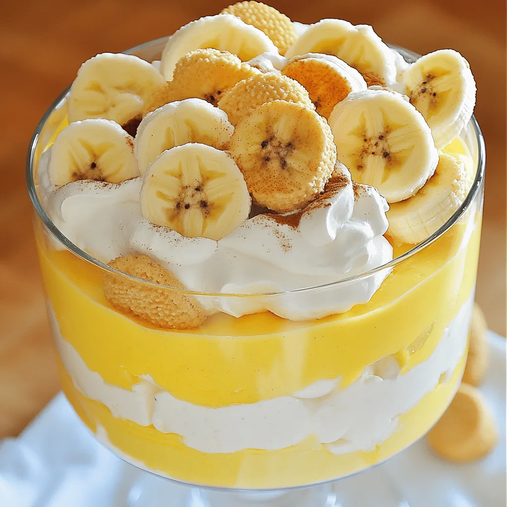 To make the best banana pudding, you need simple, fresh ingredients. Here is what you will need: - 4 ripe bananas, sliced - 1 box (5.1 oz) instant vanilla pudding mix - 2 cups whole milk - 1 cup heavy cream - 1/3 cup powdered sugar - 1 teaspoon vanilla extract - 1 teaspoon lemon juice - 24 vanilla wafer cookies (plus extra for garnish) - A sprinkle of ground cinnamon (optional) These ingredients come together to create a creamy, sweet delight that everyone will love. You can add some fun twists to your banana pudding. Consider these optional ingredients: - Chocolate chips: Add a handful for a chocolatey flavor. - Peanut butter: Swirl in some for a nutty taste. - Crushed nuts: Almonds or walnuts can add a nice crunch. - Different cookies: Try gingersnaps or chocolate wafers for variety. Feel free to mix and match these options to suit your taste. Choosing the right bananas is key to great pudding. Here are tips for picking the best ones: - Look for ripeness: Choose bananas that are yellow with a few brown spots. - Check firmness: They should be firm but yield slightly when pressed. - Freshness: Avoid any with dark bruises or spots. - Size matters: Medium-sized bananas are easier to slice for layering. Using ripe bananas will give your pudding the best flavor and texture. To start, grab a medium mixing bowl. Add the instant vanilla pudding mix and the whole milk. Whisk them together for about 2 minutes. You want it to be thick and smooth. Then, place the bowl in the fridge for at least 5 minutes. This helps the pudding mix set nicely. Next, take a large bowl for the cream. Pour in the heavy cream, powdered sugar, and vanilla extract. Use an electric mixer to beat the cream until stiff peaks form. This will only take a few minutes. Stiff peaks mean the cream will hold its shape when you mix it with the pudding. Now it’s time to build your pudding layers. Get a large trifle dish or some small cups. Start with a layer of vanilla wafer cookies at the bottom. Then, add a layer of banana slices. After that, spoon in a layer of your pudding mixture. Repeat these layers until you run out of your ingredients. Finish with the last layer of pudding. Cover it and chill in the fridge for at least 2 hours. This step is key for the flavors to mix and the cookies to soften. When ready to serve, top with some banana slices, a sprinkle of cinnamon, and extra vanilla wafers. Enjoy the creamy delight! For the complete recipe, check out the Full Recipe. When making banana pudding, avoid using overripe bananas. They can make your pudding mushy. Use ripe bananas that are firm and yellow. Don't skip whipping the cream; it adds lightness. If you overwhip, the cream can turn grainy. Also, avoid mixing the pudding too aggressively. Gently fold it in to keep it fluffy. To make your banana pudding even better, try adding a splash of rum. It adds depth and pairs well with bananas. You can also mix in a bit of peanut butter for a twist. Another tip is to add a hint of cinnamon. It brings warmth to the dessert. If you love chocolate, consider adding chocolate chips between layers. Serve banana pudding chilled for the best taste. Use clear cups to show off the layers. Top each serving with extra banana slices and a sprinkle of cinnamon. You can also add a dollop of whipped cream for extra flair. If you want to impress, garnish with mint leaves. This adds a pop of color and freshness. For the full recipe, check out the Banana Bliss Pudding. {{image_2}} You can easily make this banana pudding gluten-free. Just swap the vanilla wafers for gluten-free cookies. Look for brands that taste good and hold up well. This way, everyone can enjoy a creamy delight without worry. If you love chocolate, mix in some cocoa powder. You can add two tablespoons of cocoa to the pudding mix. For peanut butter lovers, stir in half a cup of creamy peanut butter into the pudding. Both options add rich flavors that transform the dish into something special. You can make this pudding vegan by using plant-based milk and cream. Almond milk or coconut milk works great. For the whipped topping, use coconut cream instead of heavy cream. You can find it in cans at the store. With these swaps, you still get a tasty, creamy banana pudding that everyone can enjoy. For the full recipe, check out the detailed instructions above. To store leftover banana pudding, place it in an airtight container. Make sure to cover it tightly. This keeps the pudding fresh and prevents it from absorbing other smells in the fridge. If you have banana slices on top, they may brown quickly. You can add more fresh slices before serving. Store the pudding for up to three days in the fridge. Yes, you can freeze banana pudding, but it may change in texture. The cream and pudding may separate when thawed. If you choose to freeze it, leave out the bananas and wafer cookies. Freeze the pudding mixture in a freezer-safe container for up to two months. When ready to eat, thaw it in the fridge overnight. You can add fresh bananas and cookies once it is thawed. To serve leftover banana pudding, I recommend using it straight from the fridge. It tastes best chilled. If you need to reheat it, do so gently. Place it in the microwave for a few seconds, just to take the chill off. Be cautious not to overheat it, as this can ruin the texture. Adding fresh banana slices and cookies before serving makes it extra special. For the full recipe, check the details above. The secret to making great banana pudding lies in the balance of flavors and textures. Use ripe bananas for sweetness. Choose a good vanilla pudding mix for flavor. Combine whipped cream for a creamy texture. Lemon juice helps keep the banana flavor bright. This mix of creamy, sweet, and tart makes every bite a delight. Follow the Full Recipe for perfect results. Yes, you can make banana pudding ahead of time! It actually tastes better when chilled. Assemble everything and cover it well. Refrigerate it for at least two hours. This wait allows the cookies to soften and flavors to blend. Just remember to add fresh banana slices right before serving for the best look. To prevent bananas from browning, use lemon juice. A teaspoon mixed into the pudding helps. You can also coat banana slices with lemon juice right after slicing. This keeps them looking fresh and tasty. If you layer them quickly in the pudding, they stay pretty longer. Enjoy your creamy banana pudding without any brown spots! This blog post covered how to make great banana pudding. We looked at key ingredients and tips for choosing the best bananas. You learned how to prep the pudding, whip cream, and layer it for a stunning look. We also shared common mistakes to avoid and tasty variations. Lastly, we discussed storage tips to help keep leftovers fresh. Now, you have all the tools to make this dessert a hit! Enjoy creating your own delicious banana pudding and sharing it with friends and family.