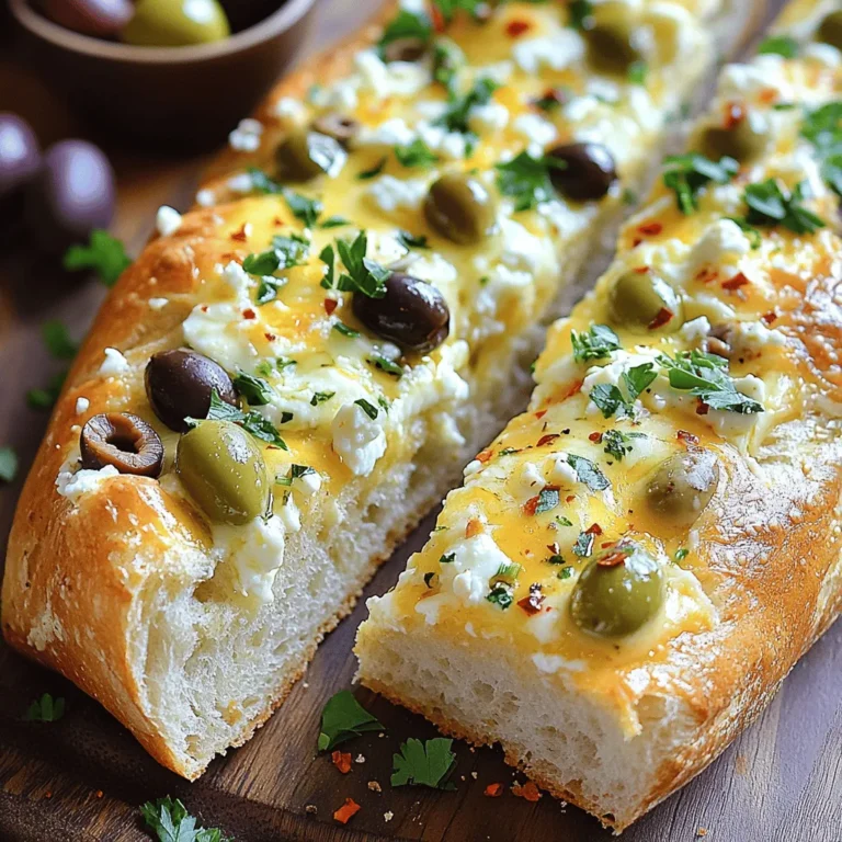 - 1 loaf of crusty artisan bread (like ciabatta or sourdough) - 1 cup pitted green olives, chopped - 1 cup pitted black olives, chopped - 1 cup grated mozzarella cheese - 1/2 cup crumbled feta cheese - 1/4 cup grated Parmesan cheese - 3 cloves garlic, minced - 2 tablespoons fresh parsley, chopped - 1 teaspoon dried oregano - 1/4 teaspoon red pepper flakes (optional) - 1/4 cup olive oil - Salt and pepper to taste When I make this Olive Cheese Bread, I focus on fresh ingredients. The combination of green and black olives adds depth. The mozzarella gives creaminess, while feta adds tang. Parmesan offers a nice salty kick. Garlic is key for flavor, and fresh parsley brightens the dish. Oregano and red pepper flakes (if you like spice) round out the taste. - Prep Time: 10 mins - Cook Time: 20 mins - Servings: 8-10 pieces This appetizer is quick to prepare and feeds a crowd. In just 30 minutes, you can serve a warm, cheesy treat. Perfect for parties or family gatherings! - Preheat the oven to 375°F (190°C). - Slice the artisan bread in half lengthwise. This gives you two long pieces. - In a bowl, combine the chopped green olives, black olives, mozzarella, feta, Parmesan, minced garlic, parsley, oregano, and red pepper flakes. Stir well to mix all the ingredients. - Drizzle olive oil over the olive and cheese mixture. Season with salt and pepper. Mix until everything is evenly coated. Spread the mixture generously over the cut side of each half of the bread. Cover every inch for maximum flavor! - Place the prepared bread halves on a baking sheet. Bake in the preheated oven for about 15-20 minutes. The cheese should melt and bubble, and the bread's edges should turn golden brown. - Remove from the oven and let it cool slightly. Slice into pieces and serve warm. Enjoy the ooey-gooey, cheesy goodness! For more details, check out the Full Recipe. To get the best taste, spread the filling evenly. This ensures every bite has a mix of cheese and olives. When you mix the ingredients, make sure they blend well. This creates a rich and savory flavor that shines through. While mozzarella and feta are great, you can try other cheeses. Gouda adds a smoky flavor. Goat cheese brings a tangy taste. Use your favorite cheese to make this dish your own. Mixing cheeses can create fun and unique flavors. How you serve Olive Cheese Bread matters. Serve it on a rustic wooden board for a nice look. Garnish with fresh parsley to add color. A small bowl of olives next to the bread makes it more inviting. This will impress your guests and make your dish pop. For the full recipe, check the detailed instructions. {{image_2}} You can change the olives for different flavors. Try kalamata olives for a rich taste or sun-dried tomatoes for a twist. Mixing green and black olives creates a nice contrast in flavor and color. You can also swap cheeses. Use goat cheese for a tangy kick or cheddar for a sharp taste. Each choice you make adds its own flair. If you're looking for a vegan version, replace the cheese with a plant-based alternative. Nutritional yeast can add a cheesy flavor without dairy. For gluten-free options, use gluten-free bread. This way, everyone can enjoy this tasty treat without worry. To boost flavor, consider adding fresh herbs. Basil or thyme can brighten the dish. You might also add spices like smoked paprika for a warm touch. Adding vegetables like diced bell peppers or spinach can enhance the taste and add color. Each addition makes the dish more unique and personal. To store leftover Olive Cheese Bread, let it cool first. Wrap it tightly in plastic wrap or foil. You can also place it in an airtight container. This keeps it fresh and prevents it from drying out. Make sure to cover it well to avoid moisture loss. When you are ready to enjoy the leftovers, preheat your oven to 350°F (175°C). Place the bread on a baking sheet. Heat it for about 10-15 minutes. This keeps the cheese melty and the bread crispy. Avoid using the microwave, as it can make the bread soggy. If stored properly, Olive Cheese Bread will last in the fridge for about 3-4 days. After that, it may lose flavor and texture. Always check for any signs of spoilage before eating. Enjoy this savory treat while it’s at its best! You can find the Full Recipe for more details. Yes, you can prepare Olive Cheese Bread ahead. Assemble the bread and filling, then wrap it tightly in plastic. Store it in the fridge for up to 24 hours. Bake it right before serving for the best taste and texture. This makes your party prep easy and stress-free. Olive Cheese Bread pairs well with many dishes. Serve it with a fresh salad for a light touch. You can also add a platter of cured meats and cheeses. A bowl of marinated vegetables or a selection of dips like hummus works great too. This variety makes your appetizer spread exciting. To serve more people, simply increase the ingredient amounts. For every additional 4-5 guests, add another half loaf of bread and adjust the filling accordingly. You can also make multiple batches. This way, everyone can enjoy a piece of this delicious treat. You can add sauces like marinara or pesto for a fun twist. Try drizzling balsamic glaze for a nice touch. These sauces add depth and flavor to the dish. Feel free to experiment and find your favorite combination. Yes, you can freeze Olive Cheese Bread. After baking, let it cool completely. Wrap it tightly in foil or plastic wrap. It can last up to three months in the freezer. To enjoy, thaw it in the fridge overnight. Then, reheat in the oven to restore its crispy texture. This blog post covered the key ingredients and steps for making Olive Cheese Bread. You learned about the perfect mix of flavors and textures, along with tips for a great result. Remember, you can switch ingredients to match your taste. Keep leftovers fresh and reheatable for later enjoyment. This tasty dish suits any gathering and sparks joy around the table. Enjoy making it your own, and share this delight with friends!