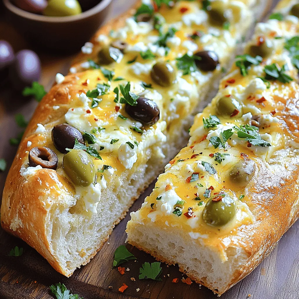- 1 loaf of crusty artisan bread (like ciabatta or sourdough) - 1 cup pitted green olives, chopped - 1 cup pitted black olives, chopped - 1 cup grated mozzarella cheese - 1/2 cup crumbled feta cheese - 1/4 cup grated Parmesan cheese - 3 cloves garlic, minced - 2 tablespoons fresh parsley, chopped - 1 teaspoon dried oregano - 1/4 teaspoon red pepper flakes (optional) - 1/4 cup olive oil - Salt and pepper to taste When I make this Olive Cheese Bread, I focus on fresh ingredients. The combination of green and black olives adds depth. The mozzarella gives creaminess, while feta adds tang. Parmesan offers a nice salty kick. Garlic is key for flavor, and fresh parsley brightens the dish. Oregano and red pepper flakes (if you like spice) round out the taste. - Prep Time: 10 mins - Cook Time: 20 mins - Servings: 8-10 pieces This appetizer is quick to prepare and feeds a crowd. In just 30 minutes, you can serve a warm, cheesy treat. Perfect for parties or family gatherings! - Preheat the oven to 375°F (190°C). - Slice the artisan bread in half lengthwise. This gives you two long pieces. - In a bowl, combine the chopped green olives, black olives, mozzarella, feta, Parmesan, minced garlic, parsley, oregano, and red pepper flakes. Stir well to mix all the ingredients. - Drizzle olive oil over the olive and cheese mixture. Season with salt and pepper. Mix until everything is evenly coated. Spread the mixture generously over the cut side of each half of the bread. Cover every inch for maximum flavor! - Place the prepared bread halves on a baking sheet. Bake in the preheated oven for about 15-20 minutes. The cheese should melt and bubble, and the bread's edges should turn golden brown. - Remove from the oven and let it cool slightly. Slice into pieces and serve warm. Enjoy the ooey-gooey, cheesy goodness! For more details, check out the Full Recipe. To get the best taste, spread the filling evenly. This ensures every bite has a mix of cheese and olives. When you mix the ingredients, make sure they blend well. This creates a rich and savory flavor that shines through. While mozzarella and feta are great, you can try other cheeses. Gouda adds a smoky flavor. Goat cheese brings a tangy taste. Use your favorite cheese to make this dish your own. Mixing cheeses can create fun and unique flavors. How you serve Olive Cheese Bread matters. Serve it on a rustic wooden board for a nice look. Garnish with fresh parsley to add color. A small bowl of olives next to the bread makes it more inviting. This will impress your guests and make your dish pop. For the full recipe, check the detailed instructions. {{image_2}} You can change the olives for different flavors. Try kalamata olives for a rich taste or sun-dried tomatoes for a twist. Mixing green and black olives creates a nice contrast in flavor and color. You can also swap cheeses. Use goat cheese for a tangy kick or cheddar for a sharp taste. Each choice you make adds its own flair. If you're looking for a vegan version, replace the cheese with a plant-based alternative. Nutritional yeast can add a cheesy flavor without dairy. For gluten-free options, use gluten-free bread. This way, everyone can enjoy this tasty treat without worry. To boost flavor, consider adding fresh herbs. Basil or thyme can brighten the dish. You might also add spices like smoked paprika for a warm touch. Adding vegetables like diced bell peppers or spinach can enhance the taste and add color. Each addition makes the dish more unique and personal. To store leftover Olive Cheese Bread, let it cool first. Wrap it tightly in plastic wrap or foil. You can also place it in an airtight container. This keeps it fresh and prevents it from drying out. Make sure to cover it well to avoid moisture loss. When you are ready to enjoy the leftovers, preheat your oven to 350°F (175°C). Place the bread on a baking sheet. Heat it for about 10-15 minutes. This keeps the cheese melty and the bread crispy. Avoid using the microwave, as it can make the bread soggy. If stored properly, Olive Cheese Bread will last in the fridge for about 3-4 days. After that, it may lose flavor and texture. Always check for any signs of spoilage before eating. Enjoy this savory treat while it’s at its best! You can find the Full Recipe for more details. Yes, you can prepare Olive Cheese Bread ahead. Assemble the bread and filling, then wrap it tightly in plastic. Store it in the fridge for up to 24 hours. Bake it right before serving for the best taste and texture. This makes your party prep easy and stress-free. Olive Cheese Bread pairs well with many dishes. Serve it with a fresh salad for a light touch. You can also add a platter of cured meats and cheeses. A bowl of marinated vegetables or a selection of dips like hummus works great too. This variety makes your appetizer spread exciting. To serve more people, simply increase the ingredient amounts. For every additional 4-5 guests, add another half loaf of bread and adjust the filling accordingly. You can also make multiple batches. This way, everyone can enjoy a piece of this delicious treat. You can add sauces like marinara or pesto for a fun twist. Try drizzling balsamic glaze for a nice touch. These sauces add depth and flavor to the dish. Feel free to experiment and find your favorite combination. Yes, you can freeze Olive Cheese Bread. After baking, let it cool completely. Wrap it tightly in foil or plastic wrap. It can last up to three months in the freezer. To enjoy, thaw it in the fridge overnight. Then, reheat in the oven to restore its crispy texture. This blog post covered the key ingredients and steps for making Olive Cheese Bread. You learned about the perfect mix of flavors and textures, along with tips for a great result. Remember, you can switch ingredients to match your taste. Keep leftovers fresh and reheatable for later enjoyment. This tasty dish suits any gathering and sparks joy around the table. Enjoy making it your own, and share this delight with friends!