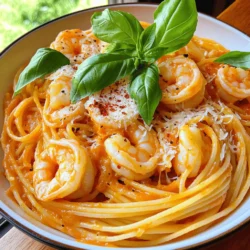 - 8 oz spaghetti - 1 lb large shrimp, peeled and deveined - 1 tablespoon olive oil - 3 cloves garlic, minced - 1 can (14 oz) crushed tomatoes - 1 cup heavy cream - 1 teaspoon Italian seasoning - 1 teaspoon red pepper flakes (optional, for heat) - Salt and pepper to taste - Fresh basil leaves, for garnish - Grated Parmesan cheese, for serving - Calories per serving: Approximately 500 calories - Macronutrients: - Fats: 25g - Carbohydrates: 50g - Proteins: 20g - Recommended serving size: 1 cup of spaghetti with sauce and shrimp To make this dish shine, you need quality ingredients. Start with fresh shrimp. They should be pink and firm. I love using large shrimp for this recipe because they add a nice bite. The spaghetti should be cooked al dente. This means it should be firm to the bite. The heavy cream gives the sauce its rich texture. Crushed tomatoes add a nice sweetness. I often choose Italian seasoning because it blends well with the tomatoes and cream. If you like a bit of heat, add red pepper flakes. For garnish, fresh basil leaves and grated Parmesan cheese make the dish look and taste amazing. These ingredients transform simple pasta into a delightful meal. Don't forget to check the Full Recipe for more details on cooking this dish perfectly! To start, cook the spaghetti in a large pot of salted boiling water. Follow the instructions on the package for the best results. You want the pasta to be al dente, which means it should be firm but cooked through. This usually takes about 8 to 10 minutes. Once done, drain the spaghetti in a colander and set it aside. This will help it stay warm while you prepare the rest of the dish. Next, grab a large skillet and heat one tablespoon of olive oil over medium heat. Add three minced garlic cloves and sauté them for about one minute. You want to smell the garlic but avoid burning it. Now, add your one pound of large shrimp to the skillet. Cook the shrimp for about 2 to 3 minutes on each side. They should turn pink and opaque. Once they are cooked, take them out of the skillet and set them aside. In the same skillet, pour in one can of crushed tomatoes. Next, stir in one cup of heavy cream and one teaspoon of Italian seasoning. Bring this mixture to a gentle simmer. Reduce the heat to low, and season with salt and pepper to taste. If you like some heat, add one teaspoon of red pepper flakes. Let the sauce simmer for about five minutes. This helps all the flavors blend together nicely. Finally, add the cooked shrimp back into the sauce and heat through for another two minutes. Now, toss the cooked spaghetti into the creamy tomato sauce until it’s well coated. For the full recipe, check out the complete instructions to make this dish shine! To cook spaghetti perfectly, use plenty of water and salt. Bring the water to a rolling boil before adding the pasta. Stir it often to prevent sticking. Cook the spaghetti until it's al dente, which means it should be firm to the bite. This usually takes about 8-10 minutes. Drain it and set it aside. For shrimp, timing is key. Cook it for just 2-3 minutes on each side. Perfect shrimp should be pink and opaque. If you cook them too long, they'll become rubbery. Take them out of the pan as soon as they're done. To boost the taste, adjust the seasoning. Try adding more Italian seasoning or a pinch of salt if needed. If you like heat, increase the red pepper flakes. Fresh ingredients make a big difference. Use fresh garlic and real tomatoes when you can. Fresh herbs, like basil, will add a bright taste. Canned tomatoes work well too, but fresh gives more flavor. Choose high-quality canned tomatoes for the best results if you go this route. Plating is important for a great meal. Twirl the spaghetti on the plate for a nice look. Use a fork or tongs to create a nest shape. Add a basil leaf on top for color. A sprinkle of freshly grated Parmesan cheese adds elegance. This makes the dish look as good as it tastes. Enjoy serving this beautiful meal! {{image_2}} You can make this dish lighter and healthier. First, swap regular spaghetti for whole wheat or gluten-free spaghetti. Whole wheat adds fiber and nutrients. Gluten-free options cater to those with dietary needs. Next, consider using lighter cream alternatives. You can use half-and-half or coconut milk. These swaps lower fat and calories while keeping the creamy texture. Want to spice it up? Add fresh vegetables to your dish. Spinach, bell peppers, or zucchini work well. They add color and nutrients. You might also try different herbs and spices. Fresh basil, thyme, or parsley can enhance the flavor. A sprinkle of lemon zest can bring a fresh twist, too. Feel adventurous with your sauce? Try a base of pesto instead of tomato. This gives a rich, herby flavor. You can also combine the sauce with white wine. This adds depth and a nice acidity. Just let the wine simmer until it reduces, creating a lovely balance. These variations let you customize your spaghetti with shrimp in creamy tomato sauce. For the full recipe, check out the details above. Enjoy experimenting! To store leftovers, place the spaghetti and shrimp in an airtight container. Make sure to cool it down to room temperature first. This helps keep the food fresh and safe. You can store it in the fridge for up to three days. If you want to enjoy it later, don't forget to label it with the date. You can freeze this dish for longer storage. First, let it cool completely. Then, pack it into freezer-safe containers or bags. Remove as much air as possible to prevent freezer burn. This dish can last up to three months in the freezer. When you're ready to eat, move it to the fridge to thaw overnight. For best results, reheat in a pot on the stove. This method warms the pasta evenly and keeps it moist. Stir often to avoid any hot spots. You can also add a splash of cream or water if it seems dry. Avoid using the microwave because it can dry out the pasta. Enjoy your tasty meal again! I recommend using large shrimp for this dish. They provide a nice bite and hold up well in the sauce. You can also use medium shrimp if that's what you have. Look for shrimp that are fresh, firm, and have a slight ocean smell. Avoid shrimp with a strong fishy odor. Wild-caught shrimp often have better flavor than farmed shrimp. If you want to save time, use pre-peeled and deveined shrimp. Yes, you can prepare parts of this dish ahead of time. Cook the spaghetti and store it in an airtight container in the fridge. You can also make the sauce ahead. Just keep it in the fridge for up to three days. When you're ready to eat, heat the sauce and add the shrimp. Then, toss everything together with the spaghetti. This method saves time and makes meal prep easy. Yes, this dish can be very kid-friendly. To make it more appealing to children, you can reduce the spice. Use less or no red pepper flakes. You can also add veggies like peas or spinach for color and nutrition. Kids often enjoy the creamy sauce and the fun shape of spaghetti. Serve it with a sprinkle of cheese on top to make it even more tempting. For the complete recipe for Spaghetti with Shrimp in Creamy Tomato Sauce, check out the [Full Recipe](#). This blog post covered a delicious spaghetti dish featuring shrimp in a creamy tomato sauce. It outlined essential ingredients, step-by-step instructions, and tips for perfecting the recipe. You learned how to enhance flavor and make variations. Storage tips ensure your leftovers stay fresh. Overall, making this meal can be easy and fun. Enjoy creativity in your kitchen and share with family and friends. Happy cooking!