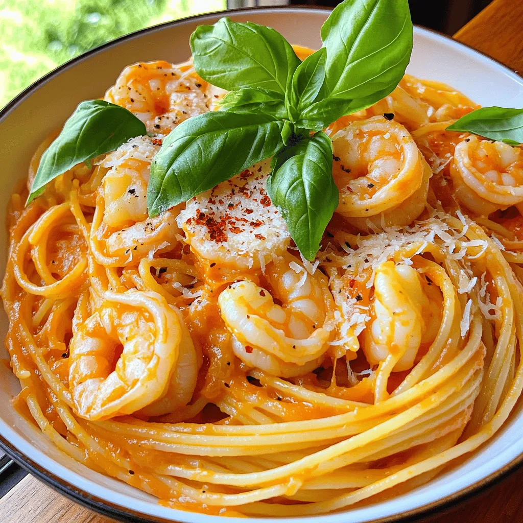 - 8 oz spaghetti - 1 lb large shrimp, peeled and deveined - 1 tablespoon olive oil - 3 cloves garlic, minced - 1 can (14 oz) crushed tomatoes - 1 cup heavy cream - 1 teaspoon Italian seasoning - 1 teaspoon red pepper flakes (optional, for heat) - Salt and pepper to taste - Fresh basil leaves, for garnish - Grated Parmesan cheese, for serving - Calories per serving: Approximately 500 calories - Macronutrients: - Fats: 25g - Carbohydrates: 50g - Proteins: 20g - Recommended serving size: 1 cup of spaghetti with sauce and shrimp To make this dish shine, you need quality ingredients. Start with fresh shrimp. They should be pink and firm. I love using large shrimp for this recipe because they add a nice bite. The spaghetti should be cooked al dente. This means it should be firm to the bite. The heavy cream gives the sauce its rich texture. Crushed tomatoes add a nice sweetness. I often choose Italian seasoning because it blends well with the tomatoes and cream. If you like a bit of heat, add red pepper flakes. For garnish, fresh basil leaves and grated Parmesan cheese make the dish look and taste amazing. These ingredients transform simple pasta into a delightful meal. Don't forget to check the Full Recipe for more details on cooking this dish perfectly! To start, cook the spaghetti in a large pot of salted boiling water. Follow the instructions on the package for the best results. You want the pasta to be al dente, which means it should be firm but cooked through. This usually takes about 8 to 10 minutes. Once done, drain the spaghetti in a colander and set it aside. This will help it stay warm while you prepare the rest of the dish. Next, grab a large skillet and heat one tablespoon of olive oil over medium heat. Add three minced garlic cloves and sauté them for about one minute. You want to smell the garlic but avoid burning it. Now, add your one pound of large shrimp to the skillet. Cook the shrimp for about 2 to 3 minutes on each side. They should turn pink and opaque. Once they are cooked, take them out of the skillet and set them aside. In the same skillet, pour in one can of crushed tomatoes. Next, stir in one cup of heavy cream and one teaspoon of Italian seasoning. Bring this mixture to a gentle simmer. Reduce the heat to low, and season with salt and pepper to taste. If you like some heat, add one teaspoon of red pepper flakes. Let the sauce simmer for about five minutes. This helps all the flavors blend together nicely. Finally, add the cooked shrimp back into the sauce and heat through for another two minutes. Now, toss the cooked spaghetti into the creamy tomato sauce until it’s well coated. For the full recipe, check out the complete instructions to make this dish shine! To cook spaghetti perfectly, use plenty of water and salt. Bring the water to a rolling boil before adding the pasta. Stir it often to prevent sticking. Cook the spaghetti until it's al dente, which means it should be firm to the bite. This usually takes about 8-10 minutes. Drain it and set it aside. For shrimp, timing is key. Cook it for just 2-3 minutes on each side. Perfect shrimp should be pink and opaque. If you cook them too long, they'll become rubbery. Take them out of the pan as soon as they're done. To boost the taste, adjust the seasoning. Try adding more Italian seasoning or a pinch of salt if needed. If you like heat, increase the red pepper flakes. Fresh ingredients make a big difference. Use fresh garlic and real tomatoes when you can. Fresh herbs, like basil, will add a bright taste. Canned tomatoes work well too, but fresh gives more flavor. Choose high-quality canned tomatoes for the best results if you go this route. Plating is important for a great meal. Twirl the spaghetti on the plate for a nice look. Use a fork or tongs to create a nest shape. Add a basil leaf on top for color. A sprinkle of freshly grated Parmesan cheese adds elegance. This makes the dish look as good as it tastes. Enjoy serving this beautiful meal! {{image_2}} You can make this dish lighter and healthier. First, swap regular spaghetti for whole wheat or gluten-free spaghetti. Whole wheat adds fiber and nutrients. Gluten-free options cater to those with dietary needs. Next, consider using lighter cream alternatives. You can use half-and-half or coconut milk. These swaps lower fat and calories while keeping the creamy texture. Want to spice it up? Add fresh vegetables to your dish. Spinach, bell peppers, or zucchini work well. They add color and nutrients. You might also try different herbs and spices. Fresh basil, thyme, or parsley can enhance the flavor. A sprinkle of lemon zest can bring a fresh twist, too. Feel adventurous with your sauce? Try a base of pesto instead of tomato. This gives a rich, herby flavor. You can also combine the sauce with white wine. This adds depth and a nice acidity. Just let the wine simmer until it reduces, creating a lovely balance. These variations let you customize your spaghetti with shrimp in creamy tomato sauce. For the full recipe, check out the details above. Enjoy experimenting! To store leftovers, place the spaghetti and shrimp in an airtight container. Make sure to cool it down to room temperature first. This helps keep the food fresh and safe. You can store it in the fridge for up to three days. If you want to enjoy it later, don't forget to label it with the date. You can freeze this dish for longer storage. First, let it cool completely. Then, pack it into freezer-safe containers or bags. Remove as much air as possible to prevent freezer burn. This dish can last up to three months in the freezer. When you're ready to eat, move it to the fridge to thaw overnight. For best results, reheat in a pot on the stove. This method warms the pasta evenly and keeps it moist. Stir often to avoid any hot spots. You can also add a splash of cream or water if it seems dry. Avoid using the microwave because it can dry out the pasta. Enjoy your tasty meal again! I recommend using large shrimp for this dish. They provide a nice bite and hold up well in the sauce. You can also use medium shrimp if that's what you have. Look for shrimp that are fresh, firm, and have a slight ocean smell. Avoid shrimp with a strong fishy odor. Wild-caught shrimp often have better flavor than farmed shrimp. If you want to save time, use pre-peeled and deveined shrimp. Yes, you can prepare parts of this dish ahead of time. Cook the spaghetti and store it in an airtight container in the fridge. You can also make the sauce ahead. Just keep it in the fridge for up to three days. When you're ready to eat, heat the sauce and add the shrimp. Then, toss everything together with the spaghetti. This method saves time and makes meal prep easy. Yes, this dish can be very kid-friendly. To make it more appealing to children, you can reduce the spice. Use less or no red pepper flakes. You can also add veggies like peas or spinach for color and nutrition. Kids often enjoy the creamy sauce and the fun shape of spaghetti. Serve it with a sprinkle of cheese on top to make it even more tempting. For the complete recipe for Spaghetti with Shrimp in Creamy Tomato Sauce, check out the [Full Recipe](#). This blog post covered a delicious spaghetti dish featuring shrimp in a creamy tomato sauce. It outlined essential ingredients, step-by-step instructions, and tips for perfecting the recipe. You learned how to enhance flavor and make variations. Storage tips ensure your leftovers stay fresh. Overall, making this meal can be easy and fun. Enjoy creativity in your kitchen and share with family and friends. Happy cooking!