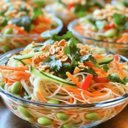 - 200g rice vermicelli noodles - 1 cup shredded carrots - 1 cup cucumber, julienned - 1 red bell pepper, thinly sliced - 1 cup edamame, cooked and shelled - 1/2 cup fresh cilantro leaves, roughly chopped - 1/4 cup fresh mint leaves, roughly chopped - 1/4 cup roasted peanuts, crushed - 3 tablespoons fish sauce - 1 tablespoon lime juice - 1 tablespoon sugar - 1 clove garlic, minced - 1 red chili, sliced (optional, for heat) I love using rice vermicelli noodles for this salad. They are light and soak up flavors well. You can find them in most grocery stores. When you cook them, they become soft and chewy, which gives the salad a nice texture. Fresh vegetables are key here. Carrots add crunch, while cucumbers give a refreshing bite. Red bell peppers bring sweetness and color, and edamame adds protein. This mix makes each bite lively and fun. Herbs like cilantro and mint are must-haves. They add brightness and aroma. You can adjust them based on your taste. If you like more mint, go ahead! The dressing is simple yet powerful. Fish sauce adds umami, and lime juice gives a tart kick. Sugar balances the flavors, while garlic adds depth. If you like some heat, add a red chili. It makes the dish exciting! For the full recipe, check out the cooking instructions. You'll see how easy it is to make this dish! Start by cooking the rice vermicelli noodles. You should soak them in hot water. Let them sit for about five minutes until they are tender. After soaking, drain the noodles well. Rinse them under cold water. This step helps prevent sticking, making it easier to mix later. Next, grab your fresh veggies. Begin by shredding the carrots finely. Then, julienne the cucumber into thin strips. Slice the red bell pepper into thin pieces. If you have edamame, cook it according to the package. Once done, add all the veggies to a large mixing bowl. In a small bowl, whisk together the fish sauce, lime juice, sugar, and minced garlic. Mix until the sugar fully dissolves. If you like it spicy, add sliced red chili to this mix. This dressing brings all the flavors together, making each bite delicious. Now you have everything ready! For the full recipe, check the top of this article. Enjoy your cooking! To make your Quick Vietnamese Noodle Salad burst with flavor, balance sweet, savory, and acidic notes. The fish sauce adds depth, while lime juice gives it a bright kick. You can adjust the sweetness with sugar. Taste as you go. If you like heat, add sliced red chili for a spicy touch. Start with a little and increase to your liking. Prep is key for a quick meal. I often chop my vegetables a day ahead. This makes assembly quick and easy. You can also use pre-packaged shredded carrots and sliced bell peppers. They save time and keep things simple. Presentation can elevate your dish. Serve the salad on a colorful platter or in clear bowls. This shows off the vibrant colors of the veggies. You can add lime wedges to the side for a zesty pop. Finally, sprinkle crushed peanuts on top for a nice crunch and texture. These small touches make a big difference! For the full recipe, check out the details above. Enjoy your cooking! {{image_2}} For a protein boost, consider adding chicken, tofu, or shrimp. Chicken adds a nice flavor. Simply grill or poach it, then slice. Tofu works well for a vegetarian option. Use firm tofu for a hearty texture. Shrimp cooks quickly and adds a lovely sweetness. Just sauté them in a pan until pink and firm. If you want to keep it vegetarian, go for edamame or chickpeas. Feel free to swap out some vegetables and herbs. You can use bell peppers in different colors or even snap peas. Try adding radishes for a peppery crunch. Fresh basil can replace mint, giving a unique twist. If you need gluten-free noodles, use rice noodles instead. They pair well with all the flavors in this salad. The dressing can change based on your taste. Try adding sesame oil for a nutty flavor. You can also make it sweeter with more lime juice or sugar. For heat, use different chili options like Sriracha or chili flakes. Adjust the spice level to suit your palate. A little can go a long way! For the full recipe, check out the Quick Vietnamese Noodle Salad. To keep your Quick Vietnamese Noodle Salad fresh, place it in an airtight container. Make sure the container is sealed well to prevent air from getting in. Store it in the fridge. The salad will last for about three days. After that, the veggies may lose their crunch. If you want to enjoy the salad warm, reheat it gently. Use a microwave but avoid overcooking. Heat it for short bursts. This will help maintain the texture and flavor. To keep noodles from getting soggy, add a bit of fresh lime juice before heating. This adds zing and keeps the dish lively. When ready to serve, check the salad for freshness. You can add a splash of lime juice for a fresh taste. If it seems dry, mix in a bit of fish sauce or some of the dressing. This revives the flavors. You can serve the salad cold or at room temperature. Both options highlight its vibrant tastes and textures. For an extra touch, top it with more fresh herbs or crushed peanuts. Enjoy every bite! Making this salad is quick and easy. The prep time is about 15 minutes. You will spend a total of 20 minutes from start to finish. This is perfect for a busy day when you need a healthy meal fast. Yes, you can! It is a great salad to prepare in advance. Just follow these tips: - Store the noodles and veggies separately from the dressing. - Keep the salad in the fridge for up to two days. - Mix everything together right before serving for the best taste. If you want a vegetarian salad, try these substitutes for fish sauce: - Use soy sauce for a savory taste. - Try coconut aminos for a sweeter flavor. - Mix soy sauce with a splash of lime juice for a bright kick. These options will keep your salad tasty and fresh! For the full recipe, check out the section above. You can easily create a colorful and tasty Quick Vietnamese Noodle Salad. We covered all the key ingredients, from rice vermicelli to fresh veggies and fragrant herbs. I shared step-by-step cooking tips, helping you avoid common mistakes. Remember, balance in flavors makes it shine. You can customize it with proteins or swap ingredients based on your taste. Store leftovers properly for freshness. Go ahead, enjoy making this healthy dish! It’s simple, fun, and packed with flavor.