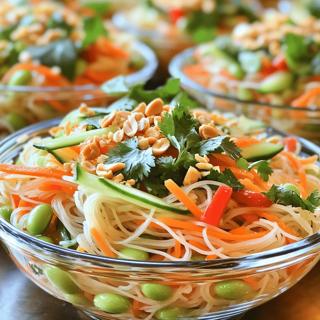 - 200g rice vermicelli noodles - 1 cup shredded carrots - 1 cup cucumber, julienned - 1 red bell pepper, thinly sliced - 1 cup edamame, cooked and shelled - 1/2 cup fresh cilantro leaves, roughly chopped - 1/4 cup fresh mint leaves, roughly chopped - 1/4 cup roasted peanuts, crushed - 3 tablespoons fish sauce - 1 tablespoon lime juice - 1 tablespoon sugar - 1 clove garlic, minced - 1 red chili, sliced (optional, for heat) I love using rice vermicelli noodles for this salad. They are light and soak up flavors well. You can find them in most grocery stores. When you cook them, they become soft and chewy, which gives the salad a nice texture. Fresh vegetables are key here. Carrots add crunch, while cucumbers give a refreshing bite. Red bell peppers bring sweetness and color, and edamame adds protein. This mix makes each bite lively and fun. Herbs like cilantro and mint are must-haves. They add brightness and aroma. You can adjust them based on your taste. If you like more mint, go ahead! The dressing is simple yet powerful. Fish sauce adds umami, and lime juice gives a tart kick. Sugar balances the flavors, while garlic adds depth. If you like some heat, add a red chili. It makes the dish exciting! For the full recipe, check out the cooking instructions. You'll see how easy it is to make this dish! Start by cooking the rice vermicelli noodles. You should soak them in hot water. Let them sit for about five minutes until they are tender. After soaking, drain the noodles well. Rinse them under cold water. This step helps prevent sticking, making it easier to mix later. Next, grab your fresh veggies. Begin by shredding the carrots finely. Then, julienne the cucumber into thin strips. Slice the red bell pepper into thin pieces. If you have edamame, cook it according to the package. Once done, add all the veggies to a large mixing bowl. In a small bowl, whisk together the fish sauce, lime juice, sugar, and minced garlic. Mix until the sugar fully dissolves. If you like it spicy, add sliced red chili to this mix. This dressing brings all the flavors together, making each bite delicious. Now you have everything ready! For the full recipe, check the top of this article. Enjoy your cooking! To make your Quick Vietnamese Noodle Salad burst with flavor, balance sweet, savory, and acidic notes. The fish sauce adds depth, while lime juice gives it a bright kick. You can adjust the sweetness with sugar. Taste as you go. If you like heat, add sliced red chili for a spicy touch. Start with a little and increase to your liking. Prep is key for a quick meal. I often chop my vegetables a day ahead. This makes assembly quick and easy. You can also use pre-packaged shredded carrots and sliced bell peppers. They save time and keep things simple. Presentation can elevate your dish. Serve the salad on a colorful platter or in clear bowls. This shows off the vibrant colors of the veggies. You can add lime wedges to the side for a zesty pop. Finally, sprinkle crushed peanuts on top for a nice crunch and texture. These small touches make a big difference! For the full recipe, check out the details above. Enjoy your cooking! {{image_2}} For a protein boost, consider adding chicken, tofu, or shrimp. Chicken adds a nice flavor. Simply grill or poach it, then slice. Tofu works well for a vegetarian option. Use firm tofu for a hearty texture. Shrimp cooks quickly and adds a lovely sweetness. Just sauté them in a pan until pink and firm. If you want to keep it vegetarian, go for edamame or chickpeas. Feel free to swap out some vegetables and herbs. You can use bell peppers in different colors or even snap peas. Try adding radishes for a peppery crunch. Fresh basil can replace mint, giving a unique twist. If you need gluten-free noodles, use rice noodles instead. They pair well with all the flavors in this salad. The dressing can change based on your taste. Try adding sesame oil for a nutty flavor. You can also make it sweeter with more lime juice or sugar. For heat, use different chili options like Sriracha or chili flakes. Adjust the spice level to suit your palate. A little can go a long way! For the full recipe, check out the Quick Vietnamese Noodle Salad. To keep your Quick Vietnamese Noodle Salad fresh, place it in an airtight container. Make sure the container is sealed well to prevent air from getting in. Store it in the fridge. The salad will last for about three days. After that, the veggies may lose their crunch. If you want to enjoy the salad warm, reheat it gently. Use a microwave but avoid overcooking. Heat it for short bursts. This will help maintain the texture and flavor. To keep noodles from getting soggy, add a bit of fresh lime juice before heating. This adds zing and keeps the dish lively. When ready to serve, check the salad for freshness. You can add a splash of lime juice for a fresh taste. If it seems dry, mix in a bit of fish sauce or some of the dressing. This revives the flavors. You can serve the salad cold or at room temperature. Both options highlight its vibrant tastes and textures. For an extra touch, top it with more fresh herbs or crushed peanuts. Enjoy every bite! Making this salad is quick and easy. The prep time is about 15 minutes. You will spend a total of 20 minutes from start to finish. This is perfect for a busy day when you need a healthy meal fast. Yes, you can! It is a great salad to prepare in advance. Just follow these tips: - Store the noodles and veggies separately from the dressing. - Keep the salad in the fridge for up to two days. - Mix everything together right before serving for the best taste. If you want a vegetarian salad, try these substitutes for fish sauce: - Use soy sauce for a savory taste. - Try coconut aminos for a sweeter flavor. - Mix soy sauce with a splash of lime juice for a bright kick. These options will keep your salad tasty and fresh! For the full recipe, check out the section above. You can easily create a colorful and tasty Quick Vietnamese Noodle Salad. We covered all the key ingredients, from rice vermicelli to fresh veggies and fragrant herbs. I shared step-by-step cooking tips, helping you avoid common mistakes. Remember, balance in flavors makes it shine. You can customize it with proteins or swap ingredients based on your taste. Store leftovers properly for freshness. Go ahead, enjoy making this healthy dish! It’s simple, fun, and packed with flavor.