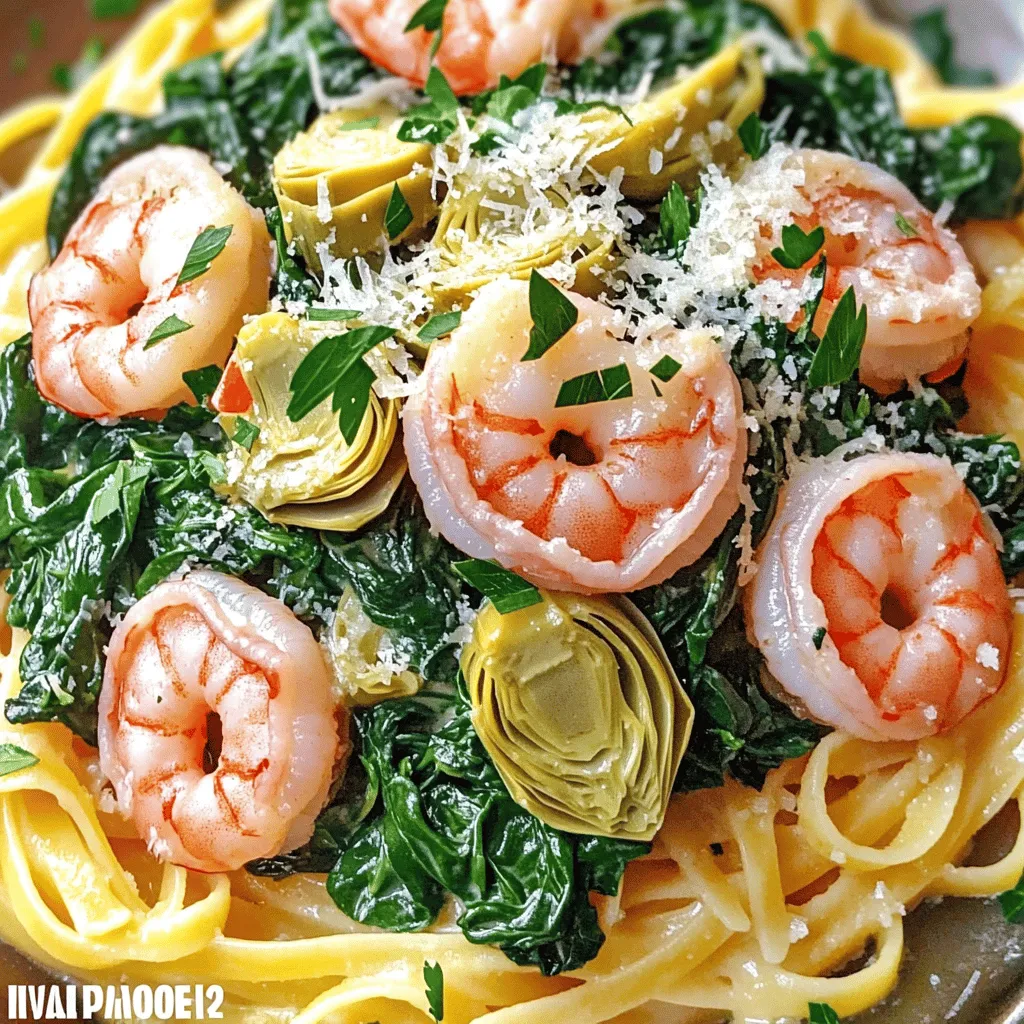 - 1 lb large shrimp, peeled and deveined - 2 tablespoons olive oil - 3 cloves garlic, minced - 1 cup fresh spinach, chopped - 1 cup canned artichoke hearts, drained and chopped - 1 cup heavy cream - ½ cup grated Parmesan cheese - 1 teaspoon Italian seasoning - ½ teaspoon red pepper flakes (optional) - Salt and black pepper to taste - Fresh parsley, chopped (for garnish) - Prep Time: 10 minutes - Total Time: 25 minutes - Servings: 4 Gather these ingredients before you start. Having everything ready helps the cooking go smoothly. You can find the full recipe [here](Full Recipe). The fresh shrimp, creamy sauce, and bright spinach make this dish shine. Enjoy the vibrant colors and flavors as you cook! - Step 1: Heat olive oil over medium heat in a large skillet. - Step 2: Sauté minced garlic for 1 minute until fragrant. In this first part, you want to set the stage. The olive oil should shimmer, showing it's ready. Then, add the garlic. This step fills your kitchen with a warm, inviting aroma. - Step 3: Add shrimp and season with salt, pepper, and red pepper flakes. - Step 4: Cook shrimp for 3-4 minutes until pink and opaque. - Step 5: Remove shrimp and set aside. Next, toss in the shrimp. They need that seasoning to shine. Watch as they change color. The transformation from gray to pink is a sign they are cooking. Once cooked, take them out to keep them tender. - Step 6: Cook spinach and artichokes until spinach wilts. - Step 7: Pour in heavy cream and simmer, adding Italian seasoning. - Step 8: Stir in Parmesan cheese and thicken the sauce. - Step 9: Return shrimp to skillet, adjust seasoning, and garnish with parsley. Now, add the spinach and artichokes. Stir until the spinach wilts. Then, pour in the heavy cream and let it simmer. This is where the magic happens! Add the Parmesan cheese to create a rich sauce. Finally, mix in the shrimp again for a creamy delight. Don't forget to taste and adjust the seasoning. You can find the full recipe for Tuscan Shrimp with Spinach Artichokes online. Enjoy making this dish! - Ensure shrimp are fresh for the best flavor. Fresh shrimp taste sweet and juicy. - Adjust cooking time based on shrimp size. Larger shrimp need a bit more time. - Use a heavy skillet for even heat distribution. This helps cook your shrimp perfectly. When cooking shrimp, timing is key. Overcooking makes them tough. - Serve over pasta, rice, or a bed of greens. Each option adds a tasty base. - Drizzle with extra olive oil or a splash of lemon juice. This adds brightness. - Garnish with additional Parmesan cheese if desired. It adds a rich, savory touch. I love serving this dish with fresh bread. It soaks up all the creamy sauce. You can find the full recipe [here](#). {{image_2}} You can easily change some ingredients in this dish. If you want variety, try using chicken or tofu instead of shrimp. Both options will absorb the creamy sauce well. For a lighter dish, swap the heavy cream with non-dairy cream. Almond or coconut milk works great here. To boost the flavor, consider adding sun-dried tomatoes. They bring a nice sweetness and depth. You can also mix in fresh herbs like basil or oregano. These herbs will brighten the dish and make it even more aromatic. Do you like it spicy? Adjust the red pepper flakes to your taste. If you want more heat, try adding some diced jalapeños. This will give your dish a nice kick. Just remember, always taste as you go! You can explore more ideas with the [Full Recipe]. Store any leftovers in an airtight container in the fridge. This keeps the shrimp fresh and safe to eat. Aim to consume the dish within 2-3 days for the best taste and quality. The creamy sauce may thicken over time, but it will still be delicious. If you have more than you can eat, freeze the dish in portions. Use a freezer-safe container to keep it fresh for up to 3 months. When you're ready to enjoy it again, thaw the dish in the fridge. This slow thawing helps maintain flavor and texture. Reheat your Tuscan shrimp gently. You can use the stovetop or microwave. If the sauce seems thick, add a splash of cream. This will bring back its creamy texture. Make sure it’s heated through before serving. Enjoy your meal again! To make this dish healthier, use low-fat cream instead of heavy cream. You can also add more vegetables like zucchini or bell peppers. These options boost nutrition without losing flavor. They also add color and texture to your dish. Yes, you can use frozen shrimp. Just ensure they are fully thawed before cooking. This step helps the shrimp cook evenly and keeps them tender. Place them in the fridge overnight or run them under cold water. This dish pairs well with garlic bread. A light salad also complements the creamy sauce. If you enjoy wine, try a glass of white wine. These sides enhance the meal and create a balanced dining experience. Yes, this recipe is naturally gluten-free. Just be sure to avoid pasta unless you use gluten-free options. You can serve the shrimp over rice or a bed of greens for a delightful meal. This blog post walked you through a simple, tasty recipe for Tuscan shrimp with spinach and artichokes. You learned about the key ingredients, easy cooking steps, and thoughtful serving suggestions. Remember to choose fresh shrimp for the best outcome. Adjust spices and swap ingredients to make it your own. Enjoy your dish over pasta or greens for a delightful meal. Cooking can be fun and rewarding, so don’t hesitate to experiment with flavors!