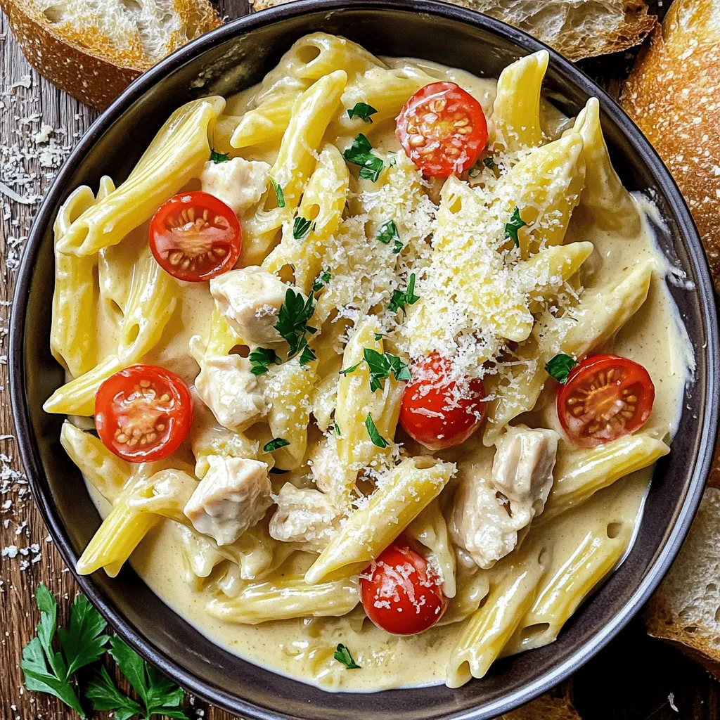 - Pasta Type Suggestions: You can use penne or rotini. Both work great. Penne has a nice bite, while rotini holds sauce well. - Chicken Breast Selection: Choose boneless, skinless chicken breast. Dice it into small pieces for even cooking. - Cream and Ranch Dressing Details: Use heavy cream for richness. The ranch dressing adds flavor and creaminess. - Recommended Spices: Use salt, pepper, garlic powder, onion powder, and dried thyme. These spices boost the dish's flavor. - Cheese Options: Grated Parmesan cheese adds a nice savory touch. It melts perfectly into the sauce. - Optional Garnishes: Fresh parsley adds color and flavor. Halved cherry tomatoes give a sweet burst. You can sprinkle these on top when serving. This simple recipe comes together quickly. Check out the Full Recipe for all the details! Start by boiling a large pot of salted water. Bring it to a rolling boil before adding the pasta. Cook the pasta according to the package instructions until it is al dente. This means it should be firm to the bite. Once done, drain the pasta and set it aside. Remember to reserve about half a cup of pasta water. This water is starchy and helps to adjust the sauce later. To cook the chicken, heat a large skillet over medium heat. Add two tablespoons of olive oil, then toss in the diced chicken. Season it with salt, pepper, garlic powder, onion powder, and dried thyme. Stir the chicken often. Cook it for about six to seven minutes, until it turns golden brown and is cooked through. Once the chicken is cooked, lower the heat. Pour in one cup of chicken broth and scrape up any tasty bits stuck to the pan. Next, add one cup of heavy cream and half a cup of ranch dressing. Stir everything together. Allow the sauce to simmer for three to four minutes until it thickens slightly. This will create a creamy and flavorful base for your dish. Now, it’s time to bring it all together. Add the cooked pasta to the skillet with the chicken and sauce. Toss it well to coat the pasta completely. If the sauce seems too thick, gradually mix in the reserved pasta water until you reach your desired consistency. This will ensure that the pasta is well-coated without being too dry. Stir in one cup of grated Parmesan cheese until it melts and blends into the sauce. Then, gently fold in one cup of halved cherry tomatoes. Cook for another minute to warm the tomatoes. Don’t forget to taste your dish! Adjust the seasoning with salt and pepper if needed. This will enhance the flavors and make your meal truly delicious. For a full recipe, refer to the earlier sections to gather all the details needed. When cooking chicken, make sure to cut it into even pieces. This helps it cook at the same rate. A common mistake is overcooking the chicken, which makes it dry. Aim for a golden brown color to know it’s ready. For the pasta, always use a large pot of salted water. This adds flavor to the pasta. Check the cooking time on the package for best results. Remember to save some pasta water. It helps make the sauce creamy. To ensure a creamy sauce, keep the heat low when adding the cream and ranch dressing. Stir gently to blend all the flavors. If the sauce is too thick, add in some reserved pasta water. This gives you the perfect texture. To serve Creamy Chicken Ranch Pasta beautifully, use a large platter or individual bowls. Garnish each serving with fresh parsley for a pop of color. Add a sprinkle of Parmesan cheese on top for extra flavor. A drizzle of ranch dressing adds a nice touch, too. For side dishes, crusty bread pairs perfectly. A fresh green salad can also balance the meal. Both options complement the creamy pasta well and make your dinner even more delightful. For the full recipe, check the details above. {{image_2}} You can change some ingredients to fit your needs. For heavy cream, try Greek yogurt or sour cream. These swaps keep the dish creamy but reduce fat. If you need a lighter option, use low-fat versions of these ingredients. For protein, chicken is great, but you can use shrimp or tofu. Shrimp cooks quickly and adds a nice touch. Tofu works well for a plant-based meal. Just make sure to season it well for flavor. Adding vegetables boosts the dish’s nutrition and taste. Spinach and bell peppers are excellent choices. They add color and crunch. You can sauté them with the chicken for extra flavor. Adjusting the seasoning can change the dish's profile. You might want to try spicy ranch or add herbs for freshness. Spicy ranch gives a kick, while herbs like basil or oregano add depth. Experiment with these options for a unique twist. For the full recipe, check out the details above. To store your creamy chicken ranch pasta, let it cool first. Place it in an airtight container. This keeps the dish fresh. You can store it in the fridge for up to three days. Make sure to check for any signs of spoilage before eating. When reheating, keep the creaminess intact. You can use a microwave or a stovetop. If using the microwave, heat in short intervals. Stir between each interval to avoid hot spots. For the stovetop, add a splash of chicken broth or cream to the pasta. This helps refresh the dish. Heat over low heat until warm. Enjoy your creamy chicken ranch pasta! For the full recipe, check the link. Making Creamy Chicken Ranch Pasta takes about 25 minutes. You need around 10 minutes to prep. Then, cook everything in about 15 minutes. This quick meal fits well into a busy day. Yes, you can prepare this dish ahead of time. Cook the pasta and chicken, then store them separately. Keep the sauce in a different container. When ready to eat, just reheat them together. This keeps everything fresh and tasty. Yes, you can make a vegetarian version. Use mushrooms or tofu instead of chicken. Swap the heavy cream with Greek yogurt or coconut milk. Use vegetable broth and a vegan ranch dressing. This way, you still enjoy a creamy and flavorful dish. You can freeze this pasta dish. To freeze, let it cool completely. Then, place it in an airtight container. When you want to eat it, thaw it overnight in the fridge. Reheat it on low heat, adding a bit of water or cream to keep it creamy. This pasta pairs well with many sides. You can serve a fresh green salad with a light dressing. Garlic bread or crusty rolls work great too. Steamed vegetables like broccoli or green beans add color and nutrition. Enjoy your meal with a balanced plate! This blog post guides you through making Creamy Chicken Ranch Pasta. I shared tips on ingredients, cooking methods, and how to garnish. You learned about ingredient substitutions and storage tips. In closing, this dish is quick, versatile, and delicious. With simple tweaks, you can easily customize it to your tastes. Enjoy cooking and serving this delightful meal!