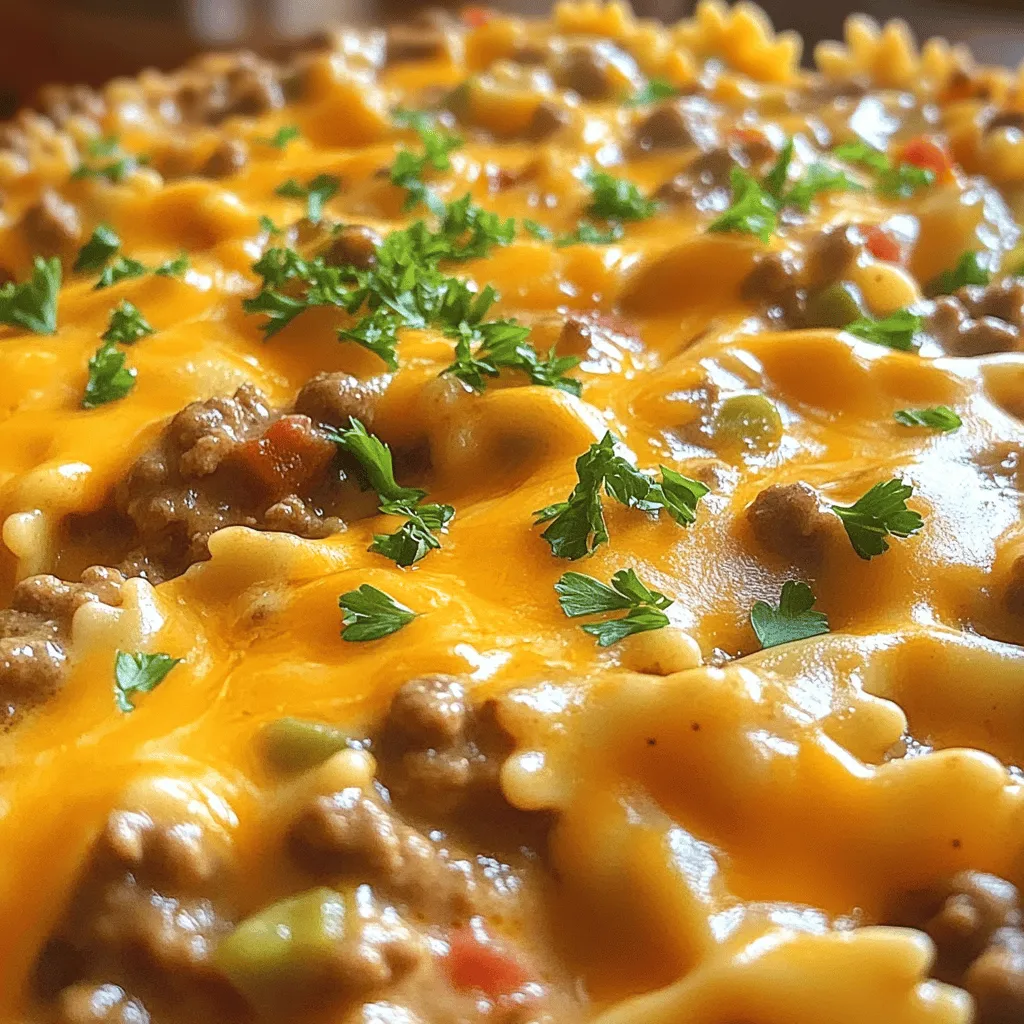 - 12 oz bowtie pasta - 1 lb ground beef - 1 small onion, finely chopped - 2 cloves garlic, minced - 1 can (15 oz) diced tomatoes with green chilies - 1 cup beef broth - 1 tsp Italian seasoning - 1/2 tsp paprika - Salt and pepper to taste - 2 cups shredded cheddar cheese - 1 cup sour cream - 1/4 cup fresh parsley, chopped (for garnish) When I make Cheesy Beef and Bowtie Pasta, I love using quality ingredients. Fresh items always make a big difference in taste. The ground beef gives the dish a hearty base. The bowtie pasta is fun and holds sauce well. I also enjoy the kick from the diced tomatoes with green chilies. - 1 cup bell peppers, diced - 1/2 cup corn, frozen or canned - 1/2 tsp red pepper flakes - 1/4 cup grated Parmesan cheese Adding bell peppers brings a nice crunch. Corn adds sweetness, and red pepper flakes can spice things up. Parmesan cheese on top can enhance the flavor profile even more. - Garlic bread - Green salad with vinaigrette - Roasted vegetables I often serve this dish with garlic bread. It’s a great way to scoop up every bit of cheesy goodness. A fresh salad adds a nice crunch and balances the meal. Roasted veggies round out the plate beautifully. They add color and nutrition, making your meal even more satisfying. Start by boiling water. Use a big pot and add salt. Bring the water to a boil. Once boiling, add 12 oz of bowtie pasta. Cook it until it's firm but tender, about 8-10 minutes. Drain the pasta in a colander. Rinse it under cool water to stop the cooking. Set it aside for later. Next, grab a large skillet. Heat it over medium heat. Add 1 lb of ground beef to the skillet. Use a wooden spoon to break it apart. Cook the meat until it's brown and no longer pink. This should take about 5-7 minutes. If there's extra fat, drain it off. Now, it’s time to add flavor. Toss in a small chopped onion. Cook for 3-4 minutes until it softens. Then, add 2 minced garlic cloves. Stir for 1 minute until you smell the garlic. Now, let’s bring it all together. Pour in a 15 oz can of diced tomatoes with green chilies. Include the juice too. Add 1 cup of beef broth, 1 tsp Italian seasoning, and 1/2 tsp paprika. Season with salt and pepper to your taste. Stir it well and let it simmer for 5-7 minutes. After that, reduce the heat to low. Add the cooked bowtie pasta to the skillet. Mix in 1 cup of sour cream and half of the shredded cheese. Stir until everything is heated through and mixed well. Finally, sprinkle the rest of the cheese on top. Cover the skillet for a few minutes until the cheese melts. Now, you can serve it up! Garnish with chopped fresh parsley for a nice touch. Enjoy this cheesy beef and bowtie pasta meal with your family. For the full recipe, check out the details above. When making Cheesy Beef and Bowtie Pasta, some common errors can ruin your dish. First, don’t overcook the pasta. You want it al dente, which means firm when bitten. If you cook it too long, it becomes mushy. Second, watch the beef closely. If you don’t drain the fat, the dish can be greasy. Lastly, be careful with salt. The broth and cheese add flavor, so taste before adding more. You can make this dish your own! To spice it up, add chopped jalapeños or red pepper flakes. For a fresh taste, mix in chopped spinach or zucchini. You can change the cheese too. Try pepper jack for a kick or mozzarella for a milder flavor. For a richer taste, add a splash of Worcestershire sauce or a dash of hot sauce. Getting that gooey cheese topping is key. After adding the cheese, cover the skillet. This traps steam and helps the cheese melt evenly. Use freshly shredded cheese instead of pre-shredded for better melting. Pre-shredded cheese can have additives that prevent it from melting well. If you want a crispy top, broil the dish for a minute after the cheese melts. Just watch it closely to avoid burning. For the full recipe, check out the complete details above. {{image_2}} If you want a meat-free version of cheesy beef and bowtie pasta, you can easily swap out the beef. Use plant-based ground meat or lentils instead. These options have great flavor and texture. You can also add extra vegetables like bell peppers, zucchini, or mushrooms for more nutrition. Just sauté them with the onions and garlic. For a cheesy touch, use vegan cheese or a mix of cream cheese and nutritional yeast. This way, you still get that creamy, cheesy goodness without meat. While bowtie pasta is fun, you can try other shapes too. Penne, rotini, or even shells work great. Each pasta shape holds onto the sauce differently. If you're feeling adventurous, use whole wheat or gluten-free pasta. These options add a different taste and texture. Just remember to adjust cooking times based on the pasta package instructions. This keeps your dish perfect and tasty. If you love heat, boost the spice level of your dish! You can add crushed red pepper flakes or a diced jalapeño when cooking the beef. For a smoky flavor, try adding chipotle powder. If you prefer milder heat, stick with mild diced tomatoes. This controls how spicy your meal gets. Adjust the seasoning to fit your family's taste. Everyone can enjoy a delicious, customized bowl of cheesy beef and bowtie pasta! To keep Cheesy Beef and Bowtie Pasta fresh, let it cool first. Transfer it into an airtight container. This helps prevent moisture loss and keeps the flavors strong. Store it in the fridge for up to three days. Label your container with the date, so you know when to eat it. When you're ready to enjoy your leftovers, you can reheat them easily. Use a microwave-safe dish. Add a splash of beef broth or water to keep it moist. Cover it loosely with a lid or microwave-safe wrap. Heat in the microwave for about two to three minutes. Stir halfway through to ensure even heating. If you prefer the stove, heat a non-stick skillet over medium heat. Add your pasta, along with a little beef broth. Stir it frequently until it’s hot. This method can help revitalize the dish's creamy texture. Freezing is a great way to save this dish for later. Portion the pasta into freezer-safe bags or containers. Remove as much air as possible to prevent freezer burn. Label each bag with the date. You can freeze it for up to three months. To enjoy later, thaw it overnight in the fridge. Then, reheat it using the instructions above. This way, you can have a tasty meal ready to go anytime! For the full recipe, check back to create this delicious dish from scratch. To make this dish gluten-free, swap the regular bowtie pasta for gluten-free pasta. Many brands offer gluten-free options. Check the package for cooking times, as they may differ. Ensure all other ingredients, like beef broth and seasonings, are gluten-free. This swap keeps the flavors intact while making it safe for those avoiding gluten. Yes, you can prepare Cheesy Beef and Bowtie Pasta ahead of time. Cook the pasta and mix it with the beef and sauce. Store it in the fridge for up to two days. When ready to eat, reheat in a skillet. Add a splash of beef broth to keep it moist. Top with cheese and let it melt before serving. This dish pairs well with a simple side salad. A green salad with mixed greens, tomatoes, and a light vinaigrette works great. You can also serve garlic bread for dipping. Both options complement the cheesy flavors of the pasta. For a refreshing touch, consider a fruit salad for dessert. This blog post covered how to make Cheesy Beef and Bowtie Pasta. You learned about the key ingredients, optional flavors, and great pairings. I shared step-by-step instructions, tips to avoid mistakes, and ways to customize your dish. You also found out about variations, storage guidelines, and frequently asked questions. Enjoy trying this dish and making it your own. Share it with friends and family. Happy cooking!