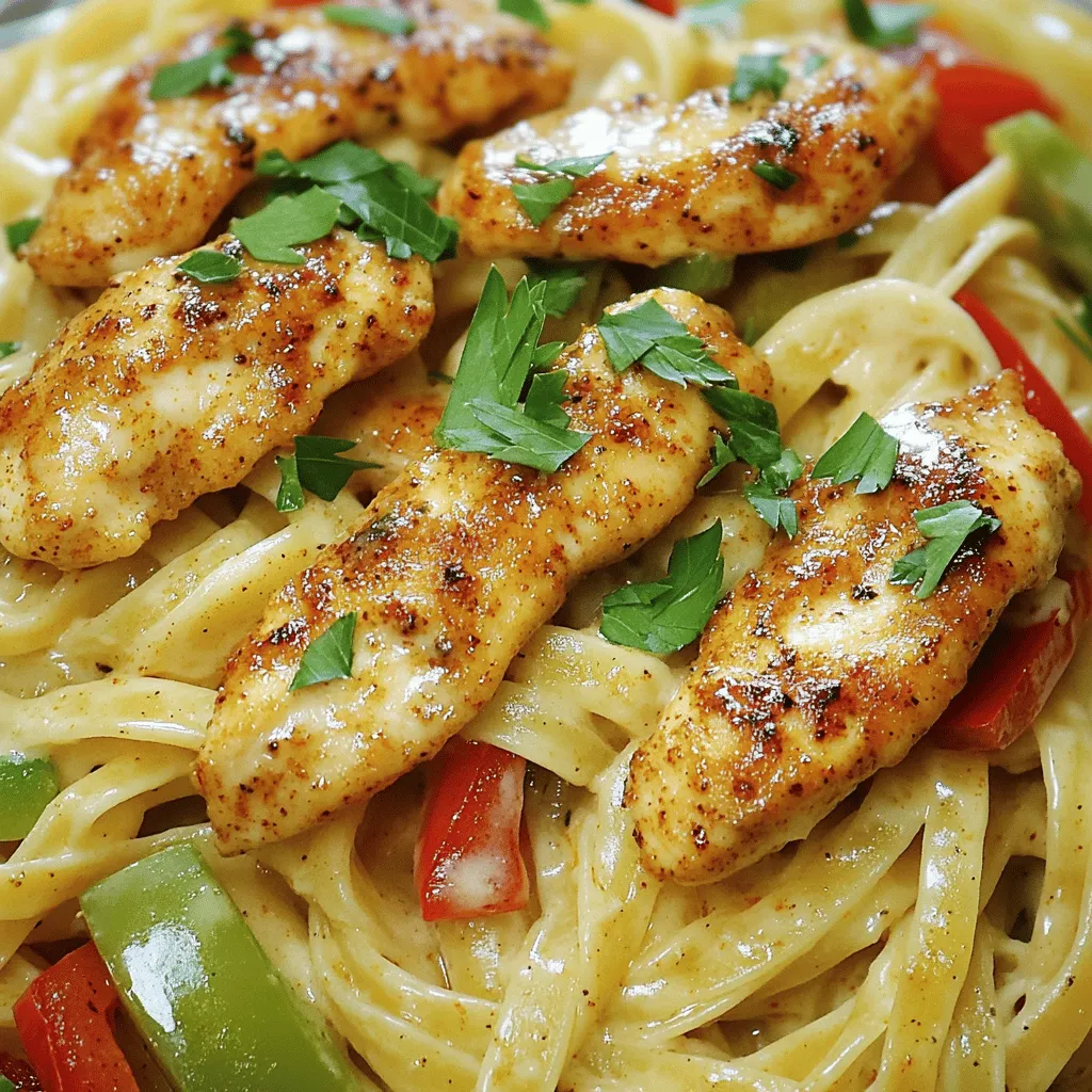 - 2 boneless, skinless chicken breasts - 1 tablespoon Cajun seasoning - 2 tablespoons olive oil - 8 oz fettuccine or penne pasta - 1 red bell pepper, sliced - 1 green bell pepper, sliced - 1 medium onion, chopped - 3 cloves garlic, minced - 1 cup heavy cream - 1 cup chicken broth - 1 cup grated Parmesan cheese - Salt and pepper to taste - Fresh parsley, chopped (for garnish) Cajun Chicken Pasta is a delightful dish that brings big flavors to your table. You can make this meal with a few simple ingredients. The chicken and veggies make it colorful and tasty. Each serving has about 500 calories. This includes a good mix of protein, carbs, and fats. You can enjoy a hearty meal while still being mindful of nutrition. - Skillet - Pot for boiling pasta - Cutting board and knife When you gather your tools, cooking becomes more enjoyable. A well-organized kitchen makes your time more fun and stress-free. With the right ingredients and tools, you’re ready to create a flavorful meal. For the full recipe, check out the detailed instructions in the next section. To start, season your chicken. Take two boneless, skinless chicken breasts and coat them with Cajun seasoning. Make sure you cover all sides well. This step gives the chicken a bold flavor that makes the dish pop. Next, heat a skillet with one tablespoon of olive oil. Keep the heat at medium-high. Once the oil is hot, add the chicken. Cook it for about 5-7 minutes on each side until it turns golden brown. When done, remove the chicken from the pan and let it rest. This resting time helps keep the chicken juicy. In the same skillet, add the other tablespoon of olive oil. Then, toss in the chopped onion and the sliced red and green bell peppers. Sauté these veggies for 4-5 minutes. You want them to soften up a bit. After the veggies start to soften, add the minced garlic. Cook this mix for one more minute. The garlic will bring a nice aroma and flavor to your dish. While you cook the veggies, bring a large pot of salted water to a boil. Use it to cook 8 oz of fettuccine or penne pasta. Follow the package instructions to cook until al dente. This means the pasta should be firm but not hard. Once cooked, drain the pasta and set it aside. Make sure not to rinse the pasta so it keeps some starch that helps the sauce stick. Now, let’s make the sauce. In the skillet with the veggies, pour in one cup of chicken broth and one cup of heavy cream. Stir it well to combine everything. Allow this mix to simmer for about five minutes. This simmering lets the sauce thicken slightly and blend the flavors. Now it’s time to bring everything together. Slice the rested chicken into strips. Add these strips and the cooked pasta back to the skillet. Toss everything together to coat the pasta in the creamy sauce. Finally, stir in one cup of grated Parmesan cheese. This will make the dish creamy and cheesy. Season with salt and pepper to taste. Before serving, garnish it with some chopped fresh parsley. For the full recipe, you can refer to the Full Recipe section. Enjoy your Cajun Chicken Pasta! To avoid overcooking pasta, follow these steps: - Set a timer based on package instructions. - Taste the pasta a minute before it's done. - Drain pasta while it's still firm. For seasoning the cooking water, add a generous amount of salt. This step enhances the pasta’s flavor. Use about one tablespoon of salt for every four quarts of water. To ensure your chicken is juicy and tender: - Start with room-temperature chicken. - Sear it on high heat for a nice crust. - Use a meat thermometer; aim for 165°F (75°C). Let the chicken rest for five minutes before slicing. This step keeps the juices inside. To adjust creaminess to your taste, change the amount of heavy cream. For a lighter sauce, use less cream. If you want it richer, add more. Enhance flavor with herbs and spices. Consider adding: - Fresh basil or thyme for freshness. - A pinch of cayenne for extra heat. - Smoked paprika for a deeper flavor. These simple changes can elevate your dish to new heights. For the full recipe, check out the detailed steps. {{image_2}} For a meat-free meal, you can swap the chicken with plant-based proteins. Tofu or tempeh works well. You can also use chickpeas for added protein. To make it vibrant, add vegetables like zucchini, mushrooms, or spinach. These veggies bring color and flavor to your dish. They also enhance the texture and nutrition. If you love seafood, try adding shrimp or crawfish for a tasty twist. Start by cooking the shrimp in the same skillet after the chicken. Cook for about 3-4 minutes until they turn pink. For crawfish, add them near the end to keep them tender. Adjust the cooking time based on the seafood you choose. This dish will take on a wonderful ocean flavor. For those who need gluten-free options, use gluten-free pasta. There are many types available now, like brown rice or chickpea pasta. If you want to go dairy-free, consider using coconut cream instead of heavy cream. Nutritional yeast can add a cheesy flavor without the dairy. These options keep the dish delicious and accessible for everyone. For the complete recipe, check out the Full Recipe section. To store leftover Cajun chicken pasta, cool it down first. Place it in an airtight container. Make sure to use a container that seals well. This helps keep the pasta fresh. Refrigerate it within two hours of cooking. Leftovers will stay good for about three to four days. When you reheat Cajun chicken pasta, avoid using high heat. This can dry out the pasta. The best method is to use a skillet on low heat. Add a splash of chicken broth or cream to keep it moist. Stir often to heat evenly. To freshen up the flavors, add a sprinkle of Cajun seasoning or some fresh parsley. If you want to freeze Cajun chicken pasta, first let it cool completely. Divide it into meal-sized portions. Use freezer-safe bags or containers. Be sure to remove as much air as possible from bags. Properly stored, it can last up to three months in the freezer. When you're ready to eat it, thaw overnight in the fridge. Then, follow the reheating instructions above to enjoy it again. For the full recipe, check out the previous sections. Cajun chicken pasta is a creamy dish packed with flavor. It combines spicy Cajun-seasoned chicken with pasta and colorful vegetables. This dish has roots in Louisiana, where Cajun cooking thrives. The mix of heavy cream, chicken broth, and Parmesan cheese creates a rich sauce. Each bite bursts with warmth from the spices and freshness from the peppers. Yes, you can use many types of pasta. While fettuccine and penne are popular, other shapes work well too. You might try rotini, bowtie, or even spaghetti. Each shape holds the sauce differently, giving you a unique taste each time. To add heat, increase the Cajun seasoning. You can also add red pepper flakes or chopped jalapeños. If you want more flavor, consider using spicy sausage or hot sauce. Adjust spice to your liking, but remember to taste as you go. This dish pairs well with many sides. A simple green salad adds freshness. Garlic bread complements the creamy sauce nicely. You could also serve it with roasted vegetables for a healthy touch. Yes, you can prep Cajun chicken pasta ahead. Cook the chicken and sauce, then store them separately. Keep the pasta in the fridge too. When you’re ready to eat, just reheat and combine. This dish lasts well for up to 3 days in the fridge. For the best taste, you can also find the Full Recipe online. This blog post covered a tasty Cajun chicken pasta dish. You learned about the ingredients needed, how to cook them, and even some helpful tips. The dish is easy to tweak for vegetarians or seafood lovers, too. Remember, storing leftovers properly can keep your meals fresh. With this recipe, you can bring some Cajun flavor to your table. Enjoy cooking and sharing this meal with family and friends. Make it your own by trying new flavors and ingredients. Happy cooking!