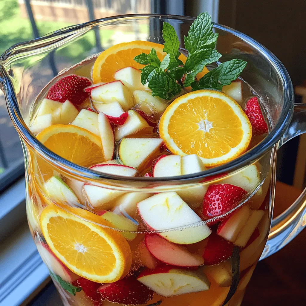 - Sparkling water or lemon-lime soda - Unsweetened white grape juice - Fresh fruits: orange, lemon, apple, strawberries - Fresh mint leaves - Optional: honey for sweetness