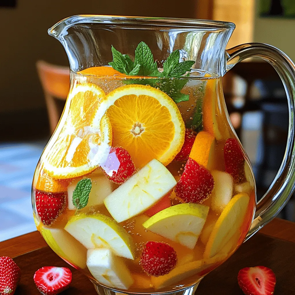 - Sparkling water or lemon-lime soda - Unsweetened white grape juice - Fresh fruits: orange, lemon, apple, strawberries - Fresh mint leaves - Optional: honey for sweetness