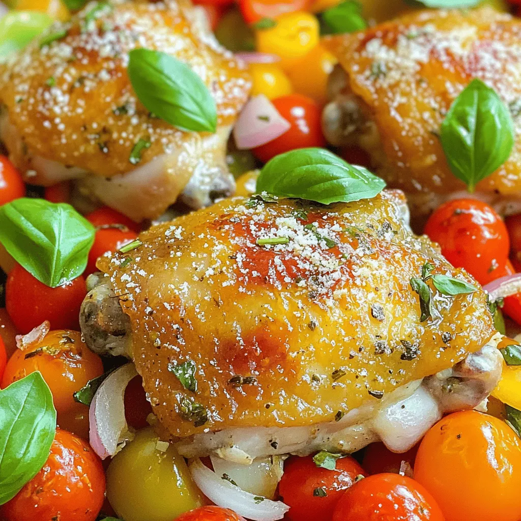 - 4 chicken thighs (bone-in, skin-on) - 2 tablespoons olive oil - 1 teaspoon dried oregano - 1 teaspoon dried basil - 1 teaspoon garlic powder - 1 teaspoon onion powder - Salt and pepper to taste - 1 cup cherry tomatoes, halved - 1 cup bell peppers (mixed colors), sliced - 1 medium onion, sliced - Fresh basil leaves for garnish - Grated Parmesan cheese for serving