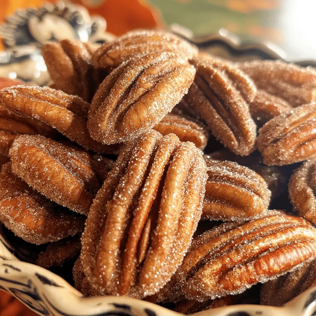 - 2 cups pecan halves - 1/2 cup granulated sugar - 1 tablespoon ground cinnamon - 1/4 teaspoon salt - 1/4 cup unsalted butter, melted - 1 teaspoon vanilla extract - 1/4 teaspoon nutmeg (optional for extra warmth) - Baking sheet - Parchment paper - Mixing bowls - Measuring cups and spoons Pecans are packed with healthy fats. They can help lower bad cholesterol. They also have fiber, which aids digestion. One ounce of pecans has about 200 calories. Cinnamon offers many health perks, too. It can help reduce inflammation and lower blood sugar. Plus, it adds a warm flavor. When you make cinnamon sugar pecans, you enjoy a tasty treat. Each serving is about 200 calories, plus all the benefits from pecans and cinnamon. For the complete recipe, check out the Full Recipe link. - Preheat your oven to 350°F (175°C). - Line a baking sheet with parchment paper. This keeps the pecans from sticking. - In a medium bowl, mix together: - 1/2 cup granulated sugar - 1 tablespoon ground cinnamon - 1/4 teaspoon salt - 1/4 teaspoon nutmeg (optional) - In a large bowl, stir together: - 1/4 cup unsalted butter, melted - 1 teaspoon vanilla extract - Add 2 cups of pecan halves to the butter mixture. Stir well to coat. - Gradually sprinkle the cinnamon sugar mixture over the pecans. Toss to cover evenly. - Spread the coated pecans in a single layer on the baking sheet. - Bake for 12-15 minutes. Stir halfway to ensure they roast evenly. - Keep an eye on them. They should turn golden brown and smell great. - Once done, let the pecans cool on the baking sheet. They will get crisp as they cool. - Break apart any clumps before serving. For the full recipe, refer to the earlier section. To prevent burning, watch your pecans closely. Set a timer for every five minutes. This way, you can check them and stir as needed. Stirring halfway through baking helps them roast evenly. This ensures all sides get that tasty crunch. Serve your cinnamon sugar pecans in a bright bowl or a glass jar. This makes them look extra inviting. You can also gift them in small bags with ribbons. This adds a personal touch and shows you care. Be careful not to overmix the ingredients. This can lead to clumping and uneven coating. Also, let your pecans cool fully after baking. They will become crisp as they cool down. If you skip this step, they may stay soft and chewy. {{image_2}} You can switch up the flavors of your cinnamon sugar pecans. Try adding cayenne for heat or ginger for warmth. Both spices will give your snack a unique twist. If you want a different sweet taste, use honey or maple syrup instead of granulated sugar. They will add a nice flavor depth. You can cook these pecans in different ways. The stovetop caramelization method is quick. Just melt the butter and sugar in a pan, then add the pecans. Stir until they are coated and golden brown. If you prefer, you can use a slow cooker. This method takes longer but makes the pecans very tender and flavorful. If you follow a vegan diet, use coconut oil instead of butter. This will keep the recipe plant-based. For those watching sugar intake, you can try sugar substitutes like stevia or erythritol. These options help reduce calories while keeping the sweet flavor alive. For the full recipe, be sure to check the complete instructions above. To keep your cinnamon sugar pecans fresh, use an airtight container. A glass jar or a plastic container works well. Make sure the container seals tightly. Store the pecans in a cool, dark place, like a pantry. Avoid direct sunlight or heat, as this can make them go stale quickly. Cinnamon sugar pecans stay fresh for about two weeks when stored properly. Over time, they may lose their crunch and flavor. Signs that they have gone bad include a soft texture, off smell, or any signs of mold. If you notice these signs, it's best to throw them away. Freezing pecans is a great way to keep them fresh longer. Here’s how to do it: 1. Let the pecans cool completely after baking. 2. Place them in a freezer-safe bag or container. 3. Remove as much air as possible to prevent freezer burn. 4. Label the bag with the date for easy reference. To thaw, simply remove them from the freezer. Let them sit at room temperature for about 30 minutes before enjoying. For best results, avoid microwaving them, as this can affect their texture. For the full recipe and to make this delicious snack, click on [Full Recipe]. To make cinnamon sugar pecans, follow these simple steps: 1. Preheat your oven to 350°F (175°C) and line a baking sheet with parchment paper. 2. Mix sugar, cinnamon, salt, and optional nutmeg in a bowl. 3. In a separate bowl, combine melted butter and vanilla extract. 4. Toss in the pecans and coat them well. 5. Gradually add the cinnamon sugar mixture, stirring to coat evenly. 6. Spread pecans in a single layer on the baking sheet. 7. Bake for 12 to 15 minutes, stirring halfway. 8. Once golden brown, cool them completely on the baking sheet. For a detailed guide, check out the Full Recipe. Yes, you can buy cinnamon sugar pecans at various stores. Look for them in: - Grocery stores - Specialty nut shops - Online retailers These options make it easy to enjoy this tasty treat without the hassle of making them yourself. Pecans are not just delicious; they also offer health benefits: - They are high in healthy fats, which support heart health. - They provide fiber, aiding digestion. - Pecans contain vitamins and minerals, like vitamin E and magnesium. - They are rich in antioxidants, which help fight free radicals. This makes pecans a great choice for a healthy snack. Yes, cinnamon sugar pecans are gluten-free. Pecans do not contain gluten, making them a safe snack for those with gluten sensitivities. For gluten-free alternatives, consider: - Using gluten-free granulated sugar. - Checking labels on any pre-made mixes. This way, you can enjoy your snack worry-free! Cinnamon sugar pecans blend taste and health in a simple recipe. We covered ingredients, tools, and nutritional benefits, making this recipe easy to follow. Remember to adjust flavors and storage methods for the best results. Whether you're serving guests or gifting them, these nuts are a hit. Enjoy experimenting with variations to find your favorite mix. Healthy snacking never tasted so good!