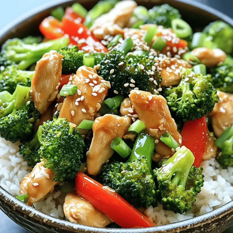 - 1 lb boneless, skinless chicken breast, thinly sliced - 3 cups broccoli florets - 1 red bell pepper, sliced - 3 cloves garlic, minced - 1 tablespoon ginger, finely grated - 1/4 cup soy sauce (low sodium recommended) - 2 tablespoons hoisin sauce - 1 tablespoon sesame oil - 2 tablespoons vegetable oil (for cooking) - 1 teaspoon cornstarch mixed with 1 tablespoon of water (for thickening) - Salt and pepper to taste - Cooked jasmine rice or rice noodles, for serving In this dish, the chicken is key. I use one pound of boneless, skinless chicken breast. Thin slices help it cook fast and stay tender. Broccoli adds great color and nutrients. I love using three cups of fresh broccoli florets for a bright, crisp bite. The red bell pepper brings sweetness and crunch. I slice one for that perfect texture contrast. Garlic and ginger add an aromatic punch. I use three cloves of garlic and one tablespoon of finely grated ginger. They really boost the flavor. For the sauces, I recommend low sodium soy sauce. A quarter cup keeps it savory but not too salty. Hoisin sauce, two tablespoons, adds sweetness and depth. A tablespoon of sesame oil gives a nutty finish. To thicken the sauce, I mix one teaspoon of cornstarch with water. This helps the sauce cling to the chicken and veggies. Don't forget salt and pepper for seasoning. For a complete meal, serve the stir-fry over cooked jasmine rice or rice noodles. You can find the Full Recipe in the article for step-by-step guidance. To start, we need to marinate the chicken. - Cut 1 lb of boneless, skinless chicken breast into thin slices. - In a bowl, sprinkle salt and pepper over the chicken. - Mix well and let it sit for a few minutes while you prepare the veggies. This simple step adds flavor and keeps the chicken juicy. Next, let's cook the chicken. - Heat 2 tablespoons of vegetable oil in a large skillet over medium-high heat. - When the oil is hot, add the marinated chicken in a single layer. - Cook it for about 4-5 minutes. Stir occasionally until the chicken turns brown and is fully cooked. - Once done, remove the chicken from the skillet and set it aside. This method ensures the chicken cooks evenly and stays tender. Now, it's time to sauté the vegetables. - In the same skillet, add 3 minced garlic cloves and 1 tablespoon of grated ginger. - Sauté for about 30 seconds until you smell the fragrance. - Next, add 3 cups of broccoli florets and 1 sliced red bell pepper. - Stir-fry for 3-4 minutes. The broccoli should look bright green and stay crisp. Careful not to overcook the veggies! Now, let’s bring it all together. - Return the cooked chicken to the skillet with the veggies. - Pour in 1/4 cup of soy sauce and 2 tablespoons of hoisin sauce. - Stir well to combine everything. For the sauce, mix 1 teaspoon of cornstarch with 1 tablespoon of water. - Pour this mixture into the skillet as you stir constantly until it thickens. This should take about 1-2 minutes. This step makes the dish rich and flavorful. Almost done! - Drizzle 1 tablespoon of sesame oil over the stir-fry. - Toss everything to mix well. - Taste and add more salt or pepper if needed. For serving, spoon the stir-fry over cooked jasmine rice or rice noodles. - For a special touch, sprinkle some sesame seeds and sliced green onions on top. This dish looks great and tastes amazing! Check out the Full Recipe for more details. To make your Chinese chicken and broccoli stir-fry quick and easy, follow these steps: - Use high heat: This cooks the chicken and veggies fast while keeping them crisp. - Prepare all ingredients: Chop chicken, broccoli, and garlic before you start. This saves time. - Work in batches: If your skillet is small, cook chicken first, then veggies. This keeps everything from steaming. For the best results, use a wok or large skillet. The wide surface area allows for even cooking and quick tossing. To make your dish even tastier, consider adding: - Red pepper flakes: For a bit of heat. - Sesame seeds: For crunch and flavor. - Chopped green onions: For fresh taste and color. For serving, place the stir-fry in a big bowl. Top with sesame seeds and sliced green onions. This makes your dish look great. To keep your stir-fry perfect, avoid these issues: - Don’t overcook: Cook chicken for about 4-5 minutes. For veggies, stir-fry for just 3-4 minutes. They should stay bright and crisp. - Get the sauce right: If it’s too thin, mix a bit of cornstarch with water. Add it while stirring to thicken. By following these tips, you will make a delicious Chinese chicken and broccoli stir-fry that everyone will love. Check out the Full Recipe for detailed steps! {{image_2}} You can change the veggies to suit your taste. Use seasonal vegetables like snap peas or carrots. These add crunch and color. You can also try bok choy or bell peppers for added flavor. If you prefer something different, use zucchini or cauliflower. Want to switch up the protein? You can use beef, shrimp, or tofu. Cut beef into thin strips for easy cooking. Shrimp cooks quickly, so add it last to avoid overcooking. For tofu, press it to remove extra water. Then, cube and sauté until golden brown. Each protein brings a unique flavor and texture. If you want a twist on the sauce, try making your own. Combine soy sauce with garlic and a hint of brown sugar for sweetness. You can also mix in some chili paste for heat. For a tangy flavor, add rice vinegar. Adjust the ingredients based on your taste for a personal touch. For the full recipe, check the instructions provided. To store your leftover Chinese chicken and broccoli stir-fry, put it in an airtight container. This helps keep it fresh and safe. You can enjoy your stir-fry for up to three days in the fridge. Always let it cool down before sealing the container. This step helps prevent moisture build-up, which can make your dish soggy. If you want to keep your stir-fry longer, freezing is a great option. Divide the stir-fry into portions using freezer-safe containers. Make sure to leave some space at the top of each container. This space allows for expansion as the food freezes. You can freeze it for up to three months. When you're ready to eat, move a portion to the fridge to thaw overnight. Reheating your stir-fry can be done in several ways. You can use the microwave, a skillet, or even a steamer. If you use the microwave, heat it in short bursts, stirring in between. This method helps it heat evenly. If you choose a skillet, add a splash of water or broth to keep it moist. Stir constantly until it is hot. This keeps your dish flavorful and enjoyable. To make this dish, follow these steps: 1. Prepare the chicken. Slice the chicken thinly and season it with salt and pepper. 2. Heat the oil. Use vegetable oil in a large skillet or wok. 3. Cook the chicken. Add the chicken to the hot oil. Cook until browned. 4. Sauté the vegetables. Add garlic and ginger, then broccoli and bell pepper. Stir-fry until bright. 5. Combine the chicken and veggies. Return the cooked chicken to the skillet. 6. Add the sauce. Pour in soy sauce and hoisin sauce. Stir well. 7. Thicken the sauce. Add the cornstarch mixture while stirring until it thickens. 8. Finishing touch. Drizzle with sesame oil and toss everything together. 9. Serve. Place the stir-fry over jasmine rice or rice noodles. This process takes about 30 minutes. For the full recipe, check the complete details above. You have great options to enhance your meal: - Jasmine rice. This fluffy rice pairs well with the stir-fry. - Rice noodles. These noodles soak up the sauce nicely. - Spring rolls. They add a crunchy texture to the meal. - Egg rolls. A tasty side that complements the flavors. - Asian-style salad. Fresh greens with a sesame dressing work well too. Each of these sides adds a new layer to your dining experience. Yes, you can prepare some parts ahead of time: - Marinate the chicken. Do this a few hours before cooking. - Chop the vegetables. Keep them in the fridge until you are ready. - Cook and store. You can cook the stir-fry and store it in the fridge for up to 3 days. Just reheat it on the stove or in the microwave before serving. Absolutely! Here are some ways to make it meatless: - Tofu. Use firm tofu instead of chicken and cook it until golden. - Tempeh. This nutty protein works well and adds texture. - Mushrooms. Use shiitake or portobello for a hearty bite. You can replace the sauces with vegetarian versions as needed. Enjoy the vibrant flavors just the same! This blog post covers how to make a tasty Chinese Chicken and Broccoli Stir-Fry. We discussed the key ingredients like chicken, broccoli, and sauces. The step-by-step instructions guide you through marinating, cooking, and combining flavors. I shared tips to ensure quick cooking and avoid common mistakes. Variations help you switch up veggies or proteins based on your taste. Lastly, I provided storage tips for leftovers. Remember, cooking is fun, and with these steps, you can enjoy a delicious dish anytime!