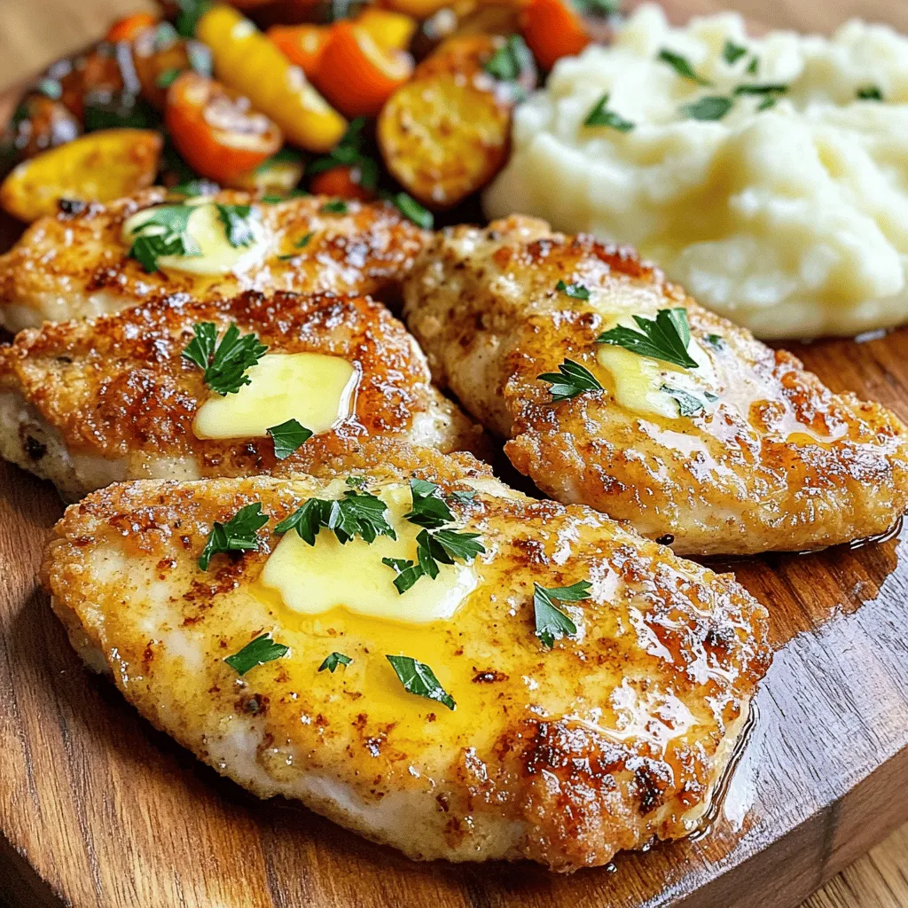 - 4 boneless, skinless chicken breasts - 1 cup buttermilk - 1 teaspoon garlic powder - 1 teaspoon onion powder - 1 teaspoon smoked paprika - 1 teaspoon salt - ½ teaspoon black pepper The main ingredients make this dish special. The buttermilk helps the chicken stay moist. It adds a bit of tang too. Garlic and onion powders enhance the flavor. Smoked paprika gives a nice, smoky touch. Salt and black pepper round out the taste well. - ½ cup all-purpose flour - ¼ cup cornstarch - 1 teaspoon baking powder - ½ teaspoon dried thyme - ½ teaspoon cayenne pepper (optional for a kick) The coating ingredients create a crispy crust. All-purpose flour is the base. Cornstarch adds extra crunch. Baking powder helps the coating puff up. Dried thyme adds a nice herbal note. If you like heat, add cayenne pepper for a kick. - Fresh parsley for presentation Fresh parsley adds color and freshness. It makes your dish look beautiful. A little sprinkle of parsley can make a big difference. It’s a simple touch that elevates your meal. Follow the [Full Recipe] for the complete steps to create this tasty Melt In Your Mouth Chicken Breasts dish. To marinate the chicken, start by mixing the buttermilk, garlic powder, onion powder, smoked paprika, salt, and black pepper in a large bowl. Whisk it well until smooth. Then, add the chicken breasts, ensuring they are fully coated in the marinade. Cover the bowl and place it in the fridge. I recommend marinating for at least 2 hours. If you have time, letting it sit overnight will give you even better flavor and tenderness. For the coating, grab a separate shallow dish. In this dish, combine the all-purpose flour, cornstarch, baking powder, dried thyme, and cayenne pepper if you want some heat. Mix these dry ingredients thoroughly. An even coating is key to achieving that crispy texture. Make sure each piece of chicken is fully covered for the best results. Now, let’s cook that chicken! First, preheat your oven to 400°F (200°C). Line a baking sheet with parchment paper for easy cleanup. Heat a large skillet over medium-high heat and melt ¼ cup of butter. Once hot, add the coated chicken breasts to the skillet. Sear them for about 4-5 minutes on each side until they are golden brown. If your skillet is small, work in batches to avoid overcrowding. After searing, transfer the chicken to your baking sheet. Cut the remaining butter into small pieces and place them on top of the chicken. Now, bake in the oven for 20-25 minutes. Check that the chicken reaches an internal temperature of 165°F (75°C). This step ensures it's cooked through but still juicy. To make sure your chicken is tender, cook it at the right temperature. Aim for an internal temperature of 165°F (75°C). This ensures the chicken is safe to eat while keeping it juicy. Use a meat thermometer for accuracy. You can also keep the chicken moist by marinating it. Soaking it in buttermilk works wonders. The acid in the buttermilk helps break down protein, making it tender. Let it sit for at least 2 hours, or better yet, overnight. For more flavor, try different marinades. You can mix buttermilk with garlic powder, onion powder, and smoked paprika. This combination adds depth to the dish. If you like heat, add cayenne pepper to your spice mix. It gives the chicken a nice kick without overpowering the other flavors. Adjust the amount to your taste. When plating your chicken, arrange it neatly on a serving platter. Drizzle some melted butter on top for a shiny finish. This makes the dish look more appealing. Pair the chicken with sides like roasted vegetables or creamy mashed potatoes. These complement the flavors perfectly. Consider adding a sprinkle of fresh parsley for a pop of color. {{image_2}} You can change the taste of your melt in your mouth chicken breasts easily. Try different spice blends for fun. Here are some ideas: - Italian Blend: Use oregano, basil, and rosemary for an herbaceous kick. - Cajun Spice Mix: Add paprika, thyme, and cayenne for a spicy twist. - Lemon Zest: Grate fresh lemon peel for a bright, zesty flavor. - Garlic and Herb: Mix garlic powder with fresh parsley for a classic taste. Adding herbs or citrus lifts the dish. Fresh herbs like thyme or rosemary add flavor and aroma. Lemon juice or zest brightens up the chicken and makes it refreshing. This recipe can fit many dietary needs. For a gluten-free version, swap all-purpose flour with almond flour or coconut flour. Check labels to ensure they are gluten-free. To make it dairy-free, replace buttermilk with a plant-based milk. You can make your own buttermilk using almond milk and vinegar. Simply mix one cup of almond milk with a tablespoon of vinegar and let it sit for five minutes. Pair your chicken with healthy sides. Salads add freshness. Try a simple green salad with a light vinaigrette. You can also serve it with grains, like quinoa or rice. They soak up the juices well. For sauces, consider these options: - Garlic Butter Sauce: Drizzle melted garlic butter over the chicken. - Honey Mustard Dip: Mix honey and mustard for a sweet and tangy dip. - Creamy Avocado Sauce: Blend avocado with lime juice for a creamy touch. These ideas will make your meal even more delicious. For the full recipe, check out the instructions above. After enjoying your melt in your mouth chicken breasts, store any leftovers in an airtight container. Refrigerate them within two hours of cooking. This keeps the chicken fresh and safe to eat. It can last in the fridge for up to three days. If you notice any off smells or changes in color, it’s best to toss it. To reheat your chicken without drying it out, use the oven or stovetop. Preheat your oven to 350°F (175°C). Place the chicken on a baking sheet. Cover it with foil to retain moisture. Heat for about 15-20 minutes or until warm. On the stovetop, use a skillet over medium heat. Add a splash of chicken broth or water. This helps keep the chicken juicy while you reheat it. If you want to keep your chicken longer, freezing is a great option. First, let the chicken cool completely. Wrap each piece tightly in plastic wrap. Then, place them in a freezer-safe bag or container. This helps prevent freezer burn. You can freeze the chicken for up to three months. To reheat frozen chicken, thaw it in the fridge overnight. Then, follow the reheating methods mentioned above for the best results. Yes, you can make this recipe ahead of time. Marinating the chicken breasts is key. Mix the marinade in a bowl and add the chicken. Cover it and place it in the fridge. You can marinate it for at least two hours, but overnight works best. This helps the chicken soak up all the good flavors. You can also coat the chicken early. Just keep it in the fridge until you are ready to cook. This makes meal prep easy and saves time on busy nights. The best way to check chicken doneness is by using a meat thermometer. The chicken should reach a safe internal temperature of 165°F (75°C). Insert the thermometer into the thickest part of the chicken. Avoid touching the bone if using bone-in chicken. If you don't have a thermometer, cut into the chicken to check if the juices run clear. If they do, the chicken is done. To add more flavor, try using different spices or herbs. Garlic powder and onion powder are great starters. You can also add herbs like rosemary, thyme, or oregano. For a spicy kick, sprinkle in some cayenne pepper or chili powder. You can even mix in a splash of lemon juice or balsamic vinegar for brightness. Experiment with what you have in your kitchen to find your favorite combo. Yes, you can use bone-in chicken. However, cooking time may change. Bone-in chicken takes longer to cook than boneless pieces. Make sure to adjust the baking time to about 35-45 minutes. Always check the internal temperature to ensure it reaches 165°F (75°C). If you use bone-in chicken, sear it the same way and then bake it. The skin will get nice and crispy, adding great flavor. This blog post covered key steps to make the best tender chicken. You learned about essential ingredients, including spices and marinades. Proper marination and cooking techniques ensure flavor and moisture. I shared tips for variations and optimal storage methods. Don’t forget the presentation ideas, as they make your dish pop. Enjoy experimenting with flavors and impressing your friends and family with your tasty results. Following these steps will help you create a delicious meal every time.