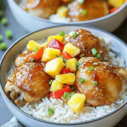 To make Sweet Pineapple Chicken & Rice, you need some simple and fresh ingredients. Here’s what you will need: - 2 cups jasmine rice - 4 boneless, skinless chicken thighs - 1 cup fresh pineapple, diced - 1/2 cup bell pepper, diced (red or yellow) - 1/2 cup onion, finely chopped - 3 cloves garlic, minced - 1/4 cup soy sauce (low sodium) - 1/4 cup honey - 1 tablespoon sesame oil - 1 teaspoon ginger, grated - 1/2 teaspoon red pepper flakes (optional) - 2 tablespoons green onions, chopped (for garnish) - Salt and pepper to taste - Water or chicken broth for cooking rice Each ingredient brings its own flavor to the dish. The jasmine rice adds a soft base, while the chicken provides protein. Fresh pineapple gives a sweet touch that pairs well with the savory flavors. You can add bell peppers for color and crunch. Don’t forget the garlic and ginger; they add depth and warmth to the dish. You can check the [Full Recipe] for all the steps and tips to make this meal shine. Start by rinsing the jasmine rice. Place it in a fine sieve and run cold water over it. Do this until the water runs clear. This step removes excess starch and makes the rice fluffy. Next, combine the rinsed rice with 4 cups of water or chicken broth in a medium pot. Bring it to a boil over high heat. Once boiling, reduce the heat to low. Cover the pot with a lid and let it simmer for 15 to 18 minutes. The rice will absorb all the liquid and become tender. After cooking, turn off the heat and let it sit covered for 5 more minutes. Fluff the rice with a fork and set it aside. While the rice cooks, it's time to prepare the chicken. Take 4 boneless, skinless chicken thighs and season them with salt and pepper. Heat 1 tablespoon of sesame oil in a large skillet over medium-high heat. Add the chicken thighs to the skillet and cook for 5 to 7 minutes on each side. You want them to be golden brown and fully cooked. Once done, remove the chicken from the skillet and set it aside. For a golden color, avoid moving the chicken too much while it cooks. In the same skillet, add 1/2 cup of diced onion, 1/2 cup of diced bell pepper, and 3 minced garlic cloves. Sauté these for about 3 to 4 minutes. You want them softened but not browned. After that, stir in 1/4 cup of honey, 1/4 cup of low-sodium soy sauce, 1 teaspoon of grated ginger, and, if you like heat, 1/2 teaspoon of red pepper flakes. Cook this mixture for an additional 2 minutes. This allows the flavors to blend well. Now it’s time to cut the cooked chicken into bite-sized pieces. Add the chicken back into the skillet. Then, toss in 1 cup of diced fresh pineapple. Stir everything together so the pineapple and chicken mix well. Cook for about 3 to 4 minutes. This heats the pineapple and lets it soak up some of the sauce. For serving, spoon the cooked rice onto deep plates or bowls. Top it generously with the sweet pineapple chicken mixture. To make it look nice, garnish with 2 tablespoons of chopped green onions. For a fun touch, add a few pineapple chunks on top. A sprig of cilantro can also freshen up the dish. This Sweet Pineapple Chicken & Rice is a colorful and tasty meal that will please everyone. Check out the Full Recipe for more details. To get your Sweet Pineapple Chicken & Rice just right, consider the balance of flavors. If you want more sweetness, add more honey. For extra heat, increase the red pepper flakes. Taste as you go! Use a non-stick skillet for even cooking and easier cleanup. A meat thermometer helps ensure chicken is cooked to 165°F. One common issue is overcooking the rice. Follow the cooking time closely to avoid mushy rice. Also, be careful with garlic. Burning it can create a bitter taste. Sauté it just until fragrant for the best flavor. You can try adding nuts like cashews for crunch. Fresh herbs like cilantro or basil can add brightness. Serve this dish with a side of steamed broccoli or a simple salad for a complete meal. Enjoy your cooking adventure! {{image_2}} You can switch out chicken for other proteins. Tofu works well for a plant-based dish. Shrimp also adds a nice touch and cooks quickly. For the rice, try brown rice for more fiber or quinoa for a protein boost. To make this dish gluten-free, use tamari instead of soy sauce. For a low-carb option, replace rice with cauliflower rice. This keeps the dish light yet flavorful, perfect for those watching their carbs. Adding fresh herbs can brighten the dish. Try cilantro or basil for a fresh twist. You can also add spices like cumin or paprika for depth. For sauces, consider sweet chili sauce or teriyaki sauce for a different flavor profile. These small changes can make a big impact on taste. Store leftovers in airtight containers. This keeps the dish fresh and tasty. I like using glass containers. They seal well and are easy to clean. Let the food cool first before sealing. This prevents moisture buildup. You can keep leftovers in the fridge for up to three days. For reheating, the microwave is quick and easy. Place the dish in a microwave-safe bowl. Cover it loosely to avoid splatters. Heat for one to two minutes. Stir halfway to warm evenly. You can also use a skillet. Heat it on low and stir often. This helps keep the rice fluffy and the chicken juicy. You can freeze Sweet Pineapple Chicken and Rice. First, let it cool completely. Then, place it in freezer-safe bags. Remove as much air as you can. This prevents freezer burn. The dish can last up to three months in the freezer. To thaw, place it in the fridge overnight. Reheat it using your preferred method. Enjoy the same great taste! For the Full Recipe, check out the complete instructions above. To make Sweet Pineapple Chicken & Rice, follow these steps: 1. Cook the rice: Rinse 2 cups of jasmine rice. Boil it with 4 cups of water or broth. Cover and simmer for 15-18 minutes. 2. Cook the chicken: Season 4 chicken thighs. Sauté in sesame oil until golden and cooked through. 3. Make the sauce: Sauté onion, bell pepper, and garlic. Add honey, soy sauce, and ginger. 4. Combine chicken and pineapple: Cut chicken and mix it with diced pineapple. Cook until heated. 5. Serve: Plate the rice and top with the chicken mixture. Garnish with green onions. Check out the Full Recipe for more details! Yes, you can use canned pineapple. However, it changes the flavor and texture. Canned pineapple is sweeter and softer. Fresh pineapple adds brightness and crunch. For best results, drain and rinse the canned pineapple. This reduces extra syrup and keeps flavors balanced. Sweet Pineapple Chicken & Rice lasts about 3 to 4 days in the fridge. Store it in an airtight container. Always cool it down before sealing. Reheat it well before eating. If it smells off or looks strange, throw it away for safety. You can serve this dish with various sides: - Steamed broccoli for a healthy crunch. - A fresh green salad to add brightness. - Egg rolls for a fun, crispy side. These pairings complement the flavors nicely! This post covered all you need for making Sweet Pineapple Chicken & Rice. We explored each ingredient, cooking steps, and tips to avoid mistakes. You learned how to enhance flavors and make substitutions. Keeping leftovers fresh and safe is important too. When you follow these steps, you can create a tasty dish every time. Enjoy your cooking journey and share your own twists on this recipe!