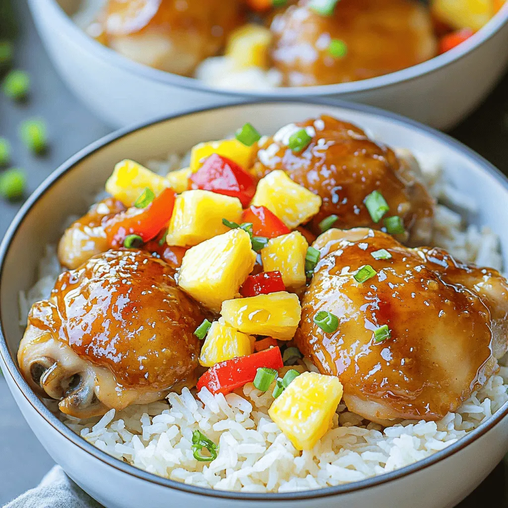 To make Sweet Pineapple Chicken & Rice, you need some simple and fresh ingredients. Here’s what you will need: - 2 cups jasmine rice - 4 boneless, skinless chicken thighs - 1 cup fresh pineapple, diced - 1/2 cup bell pepper, diced (red or yellow) - 1/2 cup onion, finely chopped - 3 cloves garlic, minced - 1/4 cup soy sauce (low sodium) - 1/4 cup honey - 1 tablespoon sesame oil - 1 teaspoon ginger, grated - 1/2 teaspoon red pepper flakes (optional) - 2 tablespoons green onions, chopped (for garnish) - Salt and pepper to taste - Water or chicken broth for cooking rice Each ingredient brings its own flavor to the dish. The jasmine rice adds a soft base, while the chicken provides protein. Fresh pineapple gives a sweet touch that pairs well with the savory flavors. You can add bell peppers for color and crunch. Don’t forget the garlic and ginger; they add depth and warmth to the dish. You can check the [Full Recipe] for all the steps and tips to make this meal shine. Start by rinsing the jasmine rice. Place it in a fine sieve and run cold water over it. Do this until the water runs clear. This step removes excess starch and makes the rice fluffy. Next, combine the rinsed rice with 4 cups of water or chicken broth in a medium pot. Bring it to a boil over high heat. Once boiling, reduce the heat to low. Cover the pot with a lid and let it simmer for 15 to 18 minutes. The rice will absorb all the liquid and become tender. After cooking, turn off the heat and let it sit covered for 5 more minutes. Fluff the rice with a fork and set it aside. While the rice cooks, it's time to prepare the chicken. Take 4 boneless, skinless chicken thighs and season them with salt and pepper. Heat 1 tablespoon of sesame oil in a large skillet over medium-high heat. Add the chicken thighs to the skillet and cook for 5 to 7 minutes on each side. You want them to be golden brown and fully cooked. Once done, remove the chicken from the skillet and set it aside. For a golden color, avoid moving the chicken too much while it cooks. In the same skillet, add 1/2 cup of diced onion, 1/2 cup of diced bell pepper, and 3 minced garlic cloves. Sauté these for about 3 to 4 minutes. You want them softened but not browned. After that, stir in 1/4 cup of honey, 1/4 cup of low-sodium soy sauce, 1 teaspoon of grated ginger, and, if you like heat, 1/2 teaspoon of red pepper flakes. Cook this mixture for an additional 2 minutes. This allows the flavors to blend well. Now it’s time to cut the cooked chicken into bite-sized pieces. Add the chicken back into the skillet. Then, toss in 1 cup of diced fresh pineapple. Stir everything together so the pineapple and chicken mix well. Cook for about 3 to 4 minutes. This heats the pineapple and lets it soak up some of the sauce. For serving, spoon the cooked rice onto deep plates or bowls. Top it generously with the sweet pineapple chicken mixture. To make it look nice, garnish with 2 tablespoons of chopped green onions. For a fun touch, add a few pineapple chunks on top. A sprig of cilantro can also freshen up the dish. This Sweet Pineapple Chicken & Rice is a colorful and tasty meal that will please everyone. Check out the Full Recipe for more details. To get your Sweet Pineapple Chicken & Rice just right, consider the balance of flavors. If you want more sweetness, add more honey. For extra heat, increase the red pepper flakes. Taste as you go! Use a non-stick skillet for even cooking and easier cleanup. A meat thermometer helps ensure chicken is cooked to 165°F. One common issue is overcooking the rice. Follow the cooking time closely to avoid mushy rice. Also, be careful with garlic. Burning it can create a bitter taste. Sauté it just until fragrant for the best flavor. You can try adding nuts like cashews for crunch. Fresh herbs like cilantro or basil can add brightness. Serve this dish with a side of steamed broccoli or a simple salad for a complete meal. Enjoy your cooking adventure! {{image_2}} You can switch out chicken for other proteins. Tofu works well for a plant-based dish. Shrimp also adds a nice touch and cooks quickly. For the rice, try brown rice for more fiber or quinoa for a protein boost. To make this dish gluten-free, use tamari instead of soy sauce. For a low-carb option, replace rice with cauliflower rice. This keeps the dish light yet flavorful, perfect for those watching their carbs. Adding fresh herbs can brighten the dish. Try cilantro or basil for a fresh twist. You can also add spices like cumin or paprika for depth. For sauces, consider sweet chili sauce or teriyaki sauce for a different flavor profile. These small changes can make a big impact on taste. Store leftovers in airtight containers. This keeps the dish fresh and tasty. I like using glass containers. They seal well and are easy to clean. Let the food cool first before sealing. This prevents moisture buildup. You can keep leftovers in the fridge for up to three days. For reheating, the microwave is quick and easy. Place the dish in a microwave-safe bowl. Cover it loosely to avoid splatters. Heat for one to two minutes. Stir halfway to warm evenly. You can also use a skillet. Heat it on low and stir often. This helps keep the rice fluffy and the chicken juicy. You can freeze Sweet Pineapple Chicken and Rice. First, let it cool completely. Then, place it in freezer-safe bags. Remove as much air as you can. This prevents freezer burn. The dish can last up to three months in the freezer. To thaw, place it in the fridge overnight. Reheat it using your preferred method. Enjoy the same great taste! For the Full Recipe, check out the complete instructions above. To make Sweet Pineapple Chicken & Rice, follow these steps: 1. Cook the rice: Rinse 2 cups of jasmine rice. Boil it with 4 cups of water or broth. Cover and simmer for 15-18 minutes. 2. Cook the chicken: Season 4 chicken thighs. Sauté in sesame oil until golden and cooked through. 3. Make the sauce: Sauté onion, bell pepper, and garlic. Add honey, soy sauce, and ginger. 4. Combine chicken and pineapple: Cut chicken and mix it with diced pineapple. Cook until heated. 5. Serve: Plate the rice and top with the chicken mixture. Garnish with green onions. Check out the Full Recipe for more details! Yes, you can use canned pineapple. However, it changes the flavor and texture. Canned pineapple is sweeter and softer. Fresh pineapple adds brightness and crunch. For best results, drain and rinse the canned pineapple. This reduces extra syrup and keeps flavors balanced. Sweet Pineapple Chicken & Rice lasts about 3 to 4 days in the fridge. Store it in an airtight container. Always cool it down before sealing. Reheat it well before eating. If it smells off or looks strange, throw it away for safety. You can serve this dish with various sides: - Steamed broccoli for a healthy crunch. - A fresh green salad to add brightness. - Egg rolls for a fun, crispy side. These pairings complement the flavors nicely! This post covered all you need for making Sweet Pineapple Chicken & Rice. We explored each ingredient, cooking steps, and tips to avoid mistakes. You learned how to enhance flavors and make substitutions. Keeping leftovers fresh and safe is important too. When you follow these steps, you can create a tasty dish every time. Enjoy your cooking journey and share your own twists on this recipe!