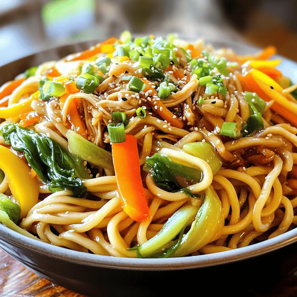 To make Shanghai Fried Noodles, gather these simple yet essential ingredients: - 8 oz thick egg noodles - 2 tablespoons vegetable oil - 3 cloves garlic, minced - 1 small onion, thinly sliced - 1 bell pepper (any color), julienned - 1 cup bok choy, chopped (or any leafy green) - 1 cup shredded carrots - 1/2 cup bean sprouts - 1 cup cooked chicken breast, shredded (or tofu for a vegetarian option) - 3 tablespoons soy sauce - 1 tablespoon oyster sauce (or mushroom sauce for vegetarian) - 1 teaspoon sesame oil - Salt and pepper to taste - 2 green onions, chopped (for garnish) - Sesame seeds (optional, for garnish) These ingredients create a vibrant and tasty dish. The thick egg noodles give a nice chew, while the mix of fresh vegetables adds color and crunch. The protein options let you choose between chicken or tofu, making it flexible for all diets. The sauces bring depth and umami to the dish. To cook your Shanghai Fried Noodles, you'll need a few key tools: - Large skillet or wok - Cooking utensils: spatula or wooden spoon A large skillet or wok helps you stir-fry the noodles and vegetables evenly. Use a spatula or wooden spoon to toss everything together, ensuring that all flavors blend well. Having the right tools makes the cooking process smooth and fun. For the full recipe, check out the [Full Recipe]. To cook egg noodles perfectly, boil water in a large pot. Add the noodles and cook until they are al dente. This usually takes about 4-6 minutes, but check the package for exact timing. Once cooked, drain the noodles and set them aside. To prevent sticky noodles, toss them with a little vegetable oil right after draining. This helps keep them separate. Start by heating 2 tablespoons of vegetable oil in a large skillet or wok. Add minced garlic and sliced onion first. Sauté them for about a minute until they smell great and the onion turns translucent. Next, add the bell pepper and shredded carrots. Cook these for about 2 minutes until they are slightly tender. After that, stir in the bok choy and bean sprouts. Cook them for about 2 more minutes until they wilt. This order ensures that each vegetable retains its best flavor and crunch. When the vegetables are ready, push them to one side of the skillet. Add your cooked chicken or tofu to the pan. Stir everything together so the chicken heats up. Then, add the drained egg noodles. Pour in the soy sauce, oyster sauce, and sesame oil. Toss all the ingredients well to coat the noodles evenly. Stir-fry everything together for another 2-3 minutes. This ensures that the flavors mix and the dish heats through. You want a nice, even sauce distribution for the best taste. For the full recipe, check the detailed instructions above. To get the best results, timing is key when sautéing. Start with garlic and onion. Sauté them for just one minute. This builds a strong flavor base. Then, add bell pepper and carrots. Cook for two minutes more. The goal is for them to be tender, but not mushy. High heat is also vital for stir-frying. It helps the food cook fast and keeps it crispy. Make sure your skillet is hot before adding any ingredients. This way, you achieve that perfect texture. One common mistake is overcooking the noodles. If you cook them too long, they become mushy. Always follow the package instructions for perfect al dente noodles. Toss them with oil once drained. This keeps them from sticking together. Another mistake is skipping the oil for tossing noodles. Oil helps coat the noodles and prevents them from clumping. It also allows the sauces to mix well. Adding spices can boost the flavor of your dish. Try a pinch of chili flakes for heat or some five-spice powder for depth. Just a little can change your dish dramatically! For presentation, serve the noodles hot in large bowls. Garnish them with chopped green onions and sesame seeds. This adds color and crunch. You can even sprinkle some chili flakes for a spicy touch. For a fun twist, try serving in takeout boxes for that authentic feel. For the full recipe, check out the detailed guide to ensure your Shanghai Fried Noodles are perfect! {{image_2}} When making Shanghai fried noodles, you can choose between chicken and tofu. Chicken gives a nice flavor and texture. Use cooked chicken breast, shredded for easy mixing. If you prefer a plant-based option, tofu works great. Just press and cube it before cooking. You can also add shrimp for a seafood twist. Cook the shrimp until pink and tender. This adds a different taste and protein boost. Feel free to mix and match based on what you have or enjoy. The beauty of this dish is its flexibility with veggies. You can swap seasonal vegetables as you like. Think zucchini, mushrooms, or snow peas for fresh flavors. Adding unique greens can change the dish too. Try kale, spinach, or even arugula for a different bite. These swaps keep your noodles exciting and colorful. For sauce, consider using vegetarian oyster sauce. It gives a rich flavor without seafood. You can also mix in other sauces for a unique taste. Try hoisin sauce for sweetness or chili paste for heat. These alternatives add depth to your dish. Experiment with sauces to find what you love best. You can discover new favorites with each batch of noodles. After you enjoy your Shanghai fried noodles, store leftovers safely. Let them cool down to room temperature first. Place the noodles in an airtight container. This method keeps them fresh. Use a container made of glass or BPA-free plastic. These options help maintain their taste and texture. When you're ready to eat leftovers, reheating them is key. The best way is to use a skillet. Heat it on low and add a splash of water. Stir the noodles gently as they warm up. This helps keep them from getting dry. You can also use a microwave. Cover the bowl with a damp paper towel. This keeps moisture in. To revitalize flavors, add a dash of soy sauce while reheating. It boosts the taste and makes the noodles pop again. Enjoy your meal just like it was fresh! Shanghai Fried Noodles is a tasty dish from China. It uses thick egg noodles, which are chewy and satisfying. Traditional ingredients include: - Thick egg noodles - Garlic and onions for flavor - Bell peppers, bok choy, and carrots for crunch - Chicken or tofu for protein - Soy sauce and oyster sauce for umami taste This dish is stir-fried, making it quick and simple to prepare. The mix of flavors and textures makes it a favorite among many. Yes, you can make Shanghai Fried Noodles ahead of time! Here are some meal prep tips: - Cook the noodles and store them in the fridge for up to three days. - Prepare the vegetables and protein in advance. - Store each component separately to keep them fresh. To serve, just stir-fry everything together and add sauces. This makes mealtime easy and stress-free. Finding the best Shanghai Fried Noodles can be fun! Look for local Chinese restaurants that specialize in Shanghai cuisine. They often have authentic dishes. You can also check food delivery apps for popular options. Look for high ratings and customer reviews. This way, you can enjoy a delicious meal without cooking! Shanghai Fried Noodles are not gluten-free due to the egg noodles and soy sauce. However, you can make it gluten-free by using: - Rice noodles or gluten-free egg noodles - Gluten-free soy sauce or tamari These swaps keep the dish tasty while meeting your dietary needs. Absolutely! You can make Shanghai Fried Noodles your own. Here are some tips for personalizing the recipe: - Change the protein: Use shrimp, beef, or keep it vegetarian with tofu. - Add your favorite vegetables: Try snow peas, mushrooms, or zucchini. - Adjust the sauces: Use more soy sauce for saltiness or add chili sauce for heat. Feel free to play with flavors and textures to create your perfect dish. For the full recipe, check out the section above! Shanghai Fried Noodles come together with simple ingredients and easy steps. Thick egg noodles, fresh veggies, and your choice of protein create a delightful dish. Cooking techniques matter too—timing and high heat are key. Remember, avoid common mistakes to get the best texture and flavor. You can experiment with variations, sauces, and storage tips for leftovers. This dish adapts to your tastes, making every meal special. Dive in, enjoy your cooking, and create delicious moments!