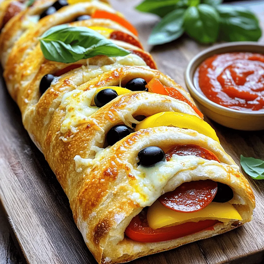 - 1 pound pizza dough (store-bought or homemade) - 1 cup marinara sauce - 1½ cups shredded mozzarella cheese - ½ cup sliced pepperoni - ½ cup sliced bell peppers (any color) - ½ cup sliced black olives - 1 teaspoon dried oregano - 1 teaspoon garlic powder - 1 tablespoon olive oil - 1 egg, beaten (for egg wash) - Fresh basil leaves for garnish (optional)