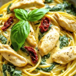 For a tasty chicken spaghetti, you need a mix of fresh and pantry items. Here are the main ingredients: - Fresh Ingredients: - 2 boneless, skinless chicken breasts, sliced into strips - 2 cups fresh spinach - Pantry Staples: - 12 oz spaghetti - 2 tablespoons olive oil - 3 cloves garlic, minced - 1 cup sun-dried tomatoes, chopped - 1 cup heavy cream - 1 cup grated Parmesan cheese - 1 teaspoon Italian seasoning - Salt and pepper to taste - Optional Toppings and Garnishes: - Fresh basil leaves for garnish Now, let’s look at the nutritional side. This dish is not just delicious but also packs a punch in nutrients. - Calories per Serving: About 550 calories - Macronutrient Breakdown: Each serving contains roughly: - 30g protein - 35g carbohydrates - 35g fat - Health Benefits of Main Ingredients: - Chicken provides lean protein for muscle health. - Spinach adds vitamins A and C, plus iron. - Olive oil offers healthy fats that are good for your heart. This chicken spaghetti recipe brings together flavor and nutrition in one bowl. You can find the Full Recipe above to guide you through the steps! To cook spaghetti perfectly, start with a large pot of salted water. Bring it to a full boil before adding the spaghetti. Cook it according to the package's time. I like to set a timer to avoid overcooking. Stir the pasta occasionally to keep it from sticking. After cooking, drain the spaghetti but save 1 cup of that pasta water. This water is magic for your sauce. It has starch that helps thicken and bind the sauce to the spaghetti. For juicy chicken, use boneless, skinless breasts. Slice them into strips for even cooking. Heat a large skillet over medium heat and add olive oil. Once hot, add the chicken and season it with salt and pepper. Cook for about 6-7 minutes until golden brown. Make sure it’s cooked all the way through. You can add flavor with spices like garlic powder or paprika. A sprinkle of Italian seasoning can also enhance the taste. To make a smooth sauce, use the same skillet where you cooked the chicken. First, add minced garlic and sauté it for about a minute. Then, stir in chopped sun-dried tomatoes and fresh spinach. Cook until the spinach wilts, which takes about 2-3 minutes. Next, pour in heavy cream and bring it to a gentle simmer. Stir in grated Parmesan cheese until it melts. If your sauce seems too thick, add a little of the reserved pasta water. This helps create a creamy texture that clings to your spaghetti. Once the sauce is ready, add the cooked chicken back to the skillet. Toss everything together with the spaghetti. This dish is all about combining flavors from the chicken, sauce, and pasta. If you want the full recipe, check it out for more details! - Overcooking chicken: Cook the chicken until it's golden brown. Aim for about 6-7 minutes. Check it with a meat thermometer; it should reach 165°F. Overcooked chicken can turn dry and tough. - Forgetting to reserve pasta water: Always save some pasta water before draining. It’s great for adjusting the sauce. A little starchy water makes your dish creamy and smooth. - Additional seasoning suggestions: Use garlic powder or onion powder for extra flavor. You can also add a pinch of red pepper flakes for heat. Fresh herbs like parsley or thyme can add brightness. - Using homemade vs. store-bought options: Homemade chicken broth gives a deeper taste. If time is short, store-bought works too. Just choose low-sodium versions to control the salt. - Best side dishes to pair: A crisp green salad works well. Garlic bread is a great choice too. Roasted vegetables can add color and nutrition. - Recommended wine pairings: A light white wine, like Sauvignon Blanc, complements the creamy sauce. If you prefer red, try a Pinot Noir. Both enhance the meal's flavors. You can find the full recipe for this dish to ensure every bite is delicious! {{image_2}} You can easily make chicken spaghetti vegetarian. Replace the chicken with plant-based proteins like tofu or tempeh. These options can absorb flavors well and add protein to your dish. Add more vegetables for a colorful meal. Try bell peppers, zucchini, or mushrooms. They not only bring flavor but also texture. Toss them in with the garlic when you sauté for the best taste. For a lighter dish, consider low-calorie variations. Use less cream or substitute it with Greek yogurt. This keeps the creaminess while cutting down on fat. You can also use almond milk instead of heavy cream for a dairy-free option. Choose whole grain or gluten-free pasta for a healthier twist. Whole grain adds fiber, while gluten-free can help those with sensitivities. Both options keep your meal tasty and hearty. Elevate your dish with flavorful add-ins. Fresh herbs like parsley or thyme can brighten the sauce. You can also add a touch of lemon juice for a zesty kick. For different dietary needs, adapt the recipe easily. Use vegan cheese for a dairy-free version. You can also swap out heavy cream for coconut milk for a unique taste. This makes the dish friendly for many diets and keeps it delicious. For the full recipe, check out the details above. To keep your chicken spaghetti fresh, store it in airtight containers. Glass containers work well. They keep the food fresh and let you see what's inside. Make sure to cool the dish before sealing it. This helps prevent moisture build-up. You can reheat chicken spaghetti in two ways: the microwave or stovetop. For the microwave, place the food in a bowl. Cover it with a lid or a paper towel to keep moisture in. Heat for 1-2 minutes, stirring halfway through. On the stovetop, use a skillet over medium heat. Add a splash of water or chicken broth to help keep it moist. Stir often to prevent sticking. To keep the sauce from separating, add a bit of extra cream or reserved pasta water while reheating. Stir well to mix it back together. Freezing chicken spaghetti is great for meal prep. Allow it to cool completely. Then, pack it in freezer-safe bags or containers. Remove as much air as possible to avoid freezer burn. Label the bags with the date so you can track freshness. When you're ready to eat, thaw the spaghetti overnight in the fridge. For quick thawing, use a microwave on defrost. After thawing, follow the reheating tips to warm it up. Enjoy a tasty meal anytime with this easy chicken spaghetti recipe! You can prep Chicken Spaghetti in advance. Cook the chicken and pasta but keep them separate. Store each in airtight containers in the fridge. When ready to eat, mix them with the sauce and heat. This keeps the dish fresh and tasty. Yes, you can use other types of pasta. Penne, fusilli, or even whole grain pasta work well. Just make sure to adjust the cooking time based on the pasta you choose. Definitely! Chicken Spaghetti is kid-friendly. To please picky eaters, you can cut the chicken into smaller bits. You may also leave out sun-dried tomatoes if your kids prefer simpler flavors. Serve with a side salad to balance the meal. You can serve garlic bread or a simple green salad with Chicken Spaghetti. A light Caesar salad pairs nicely too. These add a fresh touch and complement the creamy dish. Chicken Spaghetti has roots in Southern cuisine. It blends Italian and American flavors. Over time, many variations have emerged. Each region adds its own twist, making it a beloved comfort food. For a detailed recipe, check the Full Recipe. This blog post has shown you how to make delicious Chicken Spaghetti. You learned about the key ingredients, cooking tips, and nutrition facts. I shared steps for cooking juicy chicken and a creamy sauce. We discussed common mistakes and flavor tips to enhance your dish. In the end, Chicken Spaghetti is not just easy to make; it’s also adaptable. Feel free to switch ingredients based on your tastes and needs. Enjoy creating your version of this classic dish for family and friends!
