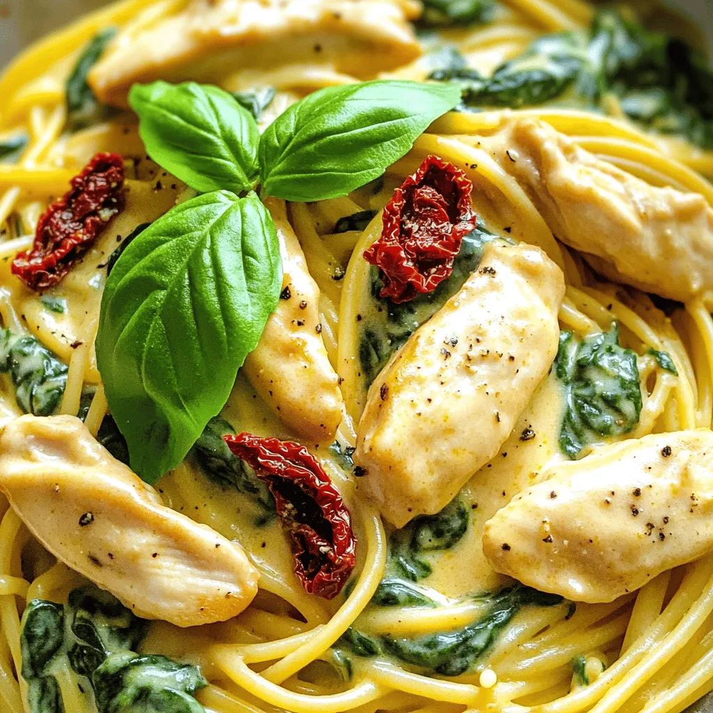 For a tasty chicken spaghetti, you need a mix of fresh and pantry items. Here are the main ingredients: - Fresh Ingredients: - 2 boneless, skinless chicken breasts, sliced into strips - 2 cups fresh spinach - Pantry Staples: - 12 oz spaghetti - 2 tablespoons olive oil - 3 cloves garlic, minced - 1 cup sun-dried tomatoes, chopped - 1 cup heavy cream - 1 cup grated Parmesan cheese - 1 teaspoon Italian seasoning - Salt and pepper to taste - Optional Toppings and Garnishes: - Fresh basil leaves for garnish Now, let’s look at the nutritional side. This dish is not just delicious but also packs a punch in nutrients. - Calories per Serving: About 550 calories - Macronutrient Breakdown: Each serving contains roughly: - 30g protein - 35g carbohydrates - 35g fat - Health Benefits of Main Ingredients: - Chicken provides lean protein for muscle health. - Spinach adds vitamins A and C, plus iron. - Olive oil offers healthy fats that are good for your heart. This chicken spaghetti recipe brings together flavor and nutrition in one bowl. You can find the Full Recipe above to guide you through the steps! To cook spaghetti perfectly, start with a large pot of salted water. Bring it to a full boil before adding the spaghetti. Cook it according to the package's time. I like to set a timer to avoid overcooking. Stir the pasta occasionally to keep it from sticking. After cooking, drain the spaghetti but save 1 cup of that pasta water. This water is magic for your sauce. It has starch that helps thicken and bind the sauce to the spaghetti. For juicy chicken, use boneless, skinless breasts. Slice them into strips for even cooking. Heat a large skillet over medium heat and add olive oil. Once hot, add the chicken and season it with salt and pepper. Cook for about 6-7 minutes until golden brown. Make sure it’s cooked all the way through. You can add flavor with spices like garlic powder or paprika. A sprinkle of Italian seasoning can also enhance the taste. To make a smooth sauce, use the same skillet where you cooked the chicken. First, add minced garlic and sauté it for about a minute. Then, stir in chopped sun-dried tomatoes and fresh spinach. Cook until the spinach wilts, which takes about 2-3 minutes. Next, pour in heavy cream and bring it to a gentle simmer. Stir in grated Parmesan cheese until it melts. If your sauce seems too thick, add a little of the reserved pasta water. This helps create a creamy texture that clings to your spaghetti. Once the sauce is ready, add the cooked chicken back to the skillet. Toss everything together with the spaghetti. This dish is all about combining flavors from the chicken, sauce, and pasta. If you want the full recipe, check it out for more details! - Overcooking chicken: Cook the chicken until it's golden brown. Aim for about 6-7 minutes. Check it with a meat thermometer; it should reach 165°F. Overcooked chicken can turn dry and tough. - Forgetting to reserve pasta water: Always save some pasta water before draining. It’s great for adjusting the sauce. A little starchy water makes your dish creamy and smooth. - Additional seasoning suggestions: Use garlic powder or onion powder for extra flavor. You can also add a pinch of red pepper flakes for heat. Fresh herbs like parsley or thyme can add brightness. - Using homemade vs. store-bought options: Homemade chicken broth gives a deeper taste. If time is short, store-bought works too. Just choose low-sodium versions to control the salt. - Best side dishes to pair: A crisp green salad works well. Garlic bread is a great choice too. Roasted vegetables can add color and nutrition. - Recommended wine pairings: A light white wine, like Sauvignon Blanc, complements the creamy sauce. If you prefer red, try a Pinot Noir. Both enhance the meal's flavors. You can find the full recipe for this dish to ensure every bite is delicious! {{image_2}} You can easily make chicken spaghetti vegetarian. Replace the chicken with plant-based proteins like tofu or tempeh. These options can absorb flavors well and add protein to your dish. Add more vegetables for a colorful meal. Try bell peppers, zucchini, or mushrooms. They not only bring flavor but also texture. Toss them in with the garlic when you sauté for the best taste. For a lighter dish, consider low-calorie variations. Use less cream or substitute it with Greek yogurt. This keeps the creaminess while cutting down on fat. You can also use almond milk instead of heavy cream for a dairy-free option. Choose whole grain or gluten-free pasta for a healthier twist. Whole grain adds fiber, while gluten-free can help those with sensitivities. Both options keep your meal tasty and hearty. Elevate your dish with flavorful add-ins. Fresh herbs like parsley or thyme can brighten the sauce. You can also add a touch of lemon juice for a zesty kick. For different dietary needs, adapt the recipe easily. Use vegan cheese for a dairy-free version. You can also swap out heavy cream for coconut milk for a unique taste. This makes the dish friendly for many diets and keeps it delicious. For the full recipe, check out the details above. To keep your chicken spaghetti fresh, store it in airtight containers. Glass containers work well. They keep the food fresh and let you see what's inside. Make sure to cool the dish before sealing it. This helps prevent moisture build-up. You can reheat chicken spaghetti in two ways: the microwave or stovetop. For the microwave, place the food in a bowl. Cover it with a lid or a paper towel to keep moisture in. Heat for 1-2 minutes, stirring halfway through. On the stovetop, use a skillet over medium heat. Add a splash of water or chicken broth to help keep it moist. Stir often to prevent sticking. To keep the sauce from separating, add a bit of extra cream or reserved pasta water while reheating. Stir well to mix it back together. Freezing chicken spaghetti is great for meal prep. Allow it to cool completely. Then, pack it in freezer-safe bags or containers. Remove as much air as possible to avoid freezer burn. Label the bags with the date so you can track freshness. When you're ready to eat, thaw the spaghetti overnight in the fridge. For quick thawing, use a microwave on defrost. After thawing, follow the reheating tips to warm it up. Enjoy a tasty meal anytime with this easy chicken spaghetti recipe! You can prep Chicken Spaghetti in advance. Cook the chicken and pasta but keep them separate. Store each in airtight containers in the fridge. When ready to eat, mix them with the sauce and heat. This keeps the dish fresh and tasty. Yes, you can use other types of pasta. Penne, fusilli, or even whole grain pasta work well. Just make sure to adjust the cooking time based on the pasta you choose. Definitely! Chicken Spaghetti is kid-friendly. To please picky eaters, you can cut the chicken into smaller bits. You may also leave out sun-dried tomatoes if your kids prefer simpler flavors. Serve with a side salad to balance the meal. You can serve garlic bread or a simple green salad with Chicken Spaghetti. A light Caesar salad pairs nicely too. These add a fresh touch and complement the creamy dish. Chicken Spaghetti has roots in Southern cuisine. It blends Italian and American flavors. Over time, many variations have emerged. Each region adds its own twist, making it a beloved comfort food. For a detailed recipe, check the Full Recipe. This blog post has shown you how to make delicious Chicken Spaghetti. You learned about the key ingredients, cooking tips, and nutrition facts. I shared steps for cooking juicy chicken and a creamy sauce. We discussed common mistakes and flavor tips to enhance your dish. In the end, Chicken Spaghetti is not just easy to make; it’s also adaptable. Feel free to switch ingredients based on your tastes and needs. Enjoy creating your version of this classic dish for family and friends!