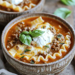 - 1 pound ground beef or Italian sausage - 1 medium onion, diced - 3 cloves garlic, minced - 1 can (28 oz) crushed tomatoes - 4 cups beef broth In this easy lasagna soup, I love using either ground beef or Italian sausage. The choice adds a rich flavor. Diced onion and minced garlic bring sweetness and aroma to the base. Crushed tomatoes give a nice, tangy touch while beef broth keeps the soup hearty and comforting. - 1 teaspoon dried oregano - 1 teaspoon dried basil - 1/2 teaspoon red pepper flakes (adjust to taste) - 8 lasagna noodles, broken into bite-size pieces For seasoning, I use dried oregano and basil. They give the soup an Italian flair. Red pepper flakes add a hint of heat, but you can adjust this to your taste. Broken lasagna noodles provide a fun texture and soak up all the flavors. - 1 cup ricotta cheese - 1 cup shredded mozzarella cheese - 1/2 cup grated Parmesan cheese - Fresh basil, for garnish Cheese makes this soup special. I mix ricotta cheese for creaminess. Shredded mozzarella melts nicely throughout the soup. Grated Parmesan adds a salty kick. For a fresh finish, I love to garnish with basil. It adds color and bright flavor. You can find the full recipe [here](#). First, we need to brown the meat. In a large pot, heat some olive oil over medium heat. Add 1 pound of ground beef or Italian sausage. Cook it until it turns brown, breaking it apart as it cooks. If there's extra fat, drain it out. Next, add 1 medium diced onion to the pot. Cook it for about 5 minutes or until it gets soft. Then, stir in 3 cloves of minced garlic. Let it cook for just 1 more minute until the garlic smells great. Now, it’s time to build the soup. Pour in 1 can of crushed tomatoes and 4 cups of beef broth. Stir in 1 teaspoon of dried oregano, 1 teaspoon of dried basil, and 1/2 teaspoon of red pepper flakes. Add salt and pepper to taste. Bring everything to a gentle simmer. Take 8 lasagna noodles and break them into bite-size pieces. Add these to the pot. Cook the noodles according to the package instructions, which usually takes about 9 to 11 minutes. Stir them often to prevent sticking. Once the noodles are ready, remove the pot from heat. Mix in 1 cup of shredded mozzarella cheese and 1/2 cup of grated Parmesan cheese. Stir until the cheeses melt and make the soup creamy. In a small bowl, mix 1 cup of ricotta cheese with a pinch of salt and pepper. Serve the soup in bowls and top each bowl with a spoonful of the ricotta. For a pop of color, garnish with fresh basil. For the full recipe, check the details above! To make your lasagna soup perfect, follow these tips: - Preventing noodles from sticking: Stir the noodles often while they cook. This helps keep them separate. You can also add a splash of oil to the pot. This will help prevent clumping. - Achieving the right seasoning balance: Taste your soup as it cooks. Start with a little salt and pepper, then adjust as needed. Adding dried herbs like oregano and basil enhances the flavor. Just remember, you can always add more, but you can't take it out! Serving your lasagna soup can be fun: - Presentation ideas with garnishes: Serve the soup in large bowls. Top each bowl with a spoonful of seasoned ricotta. Add a sprinkle of mozzarella and Parmesan. Finish with fresh basil leaves for color and taste. - Ideal side dishes or pairings: Pair this soup with garlic bread or a simple salad. These sides complement the flavors nicely and add a crunch to your meal. Here are some common pitfalls and how to steer clear of them: - Overcooking noodles: Keep an eye on your noodles. They should be al dente, not mushy. Follow the package time closely, and taste a piece to check. - Misjudging flavors: Don’t rush the seasoning. Add spices gradually and taste as you go. This ensures a well-balanced and flavorful soup. Remember, each ingredient adds its unique touch! For all the details, check out the Full Recipe. {{image_2}} For a lighter option, use ground turkey or chicken. These proteins offer a leaner taste. They mix well with the soup's flavors. If you prefer a vegetarian meal, try mushrooms or lentils. Mushrooms bring a rich, earthy flavor. Lentils add protein and texture without meat. If you need gluten-free options, swap out regular noodles for gluten-free pasta. Many brands make great substitutes that taste similar. For a healthier dish, consider low-fat cheese options. Ricotta and mozzarella come in lighter versions that work just as well. Add more veggies to boost flavor and nutrition. Spinach or zucchini are excellent choices. They cook quickly and blend into the soup nicely. You can also play with spices. Try adding Italian seasoning or even a pinch of smoked paprika for a unique twist. Each change makes your Easy Lasagna Soup more special. For the full recipe, refer to the complete guide above. To store leftovers, let the soup cool first. Then place it in airtight containers. Make sure to leave some space at the top. This will help the soup expand when it freezes. I recommend using glass or plastic containers for best results. - Use small containers for single servings. - Label the containers with the date. - Store in the fridge for up to 4 days. To freeze lasagna soup, let it cool completely. Pour it into freezer-safe bags or containers. Remove as much air as you can to avoid freezer burn. This soup can last in the freezer for up to 3 months. - Best to freeze in portions for easy reheating. - When ready to eat, thaw in the fridge overnight. - Reheat on the stove or in the microwave until hot. This way, you can enjoy this comforting soup anytime! If you want to make things easier, check the Full Recipe for guidance. The best way to reheat lasagna soup is on the stove. Pour the soup into a pot. Heat it over medium-low heat. Stir often to avoid sticking. You can also use the microwave. Place the soup in a microwave-safe bowl. Heat it in short bursts, stirring in between. This keeps the soup creamy and warm. Yes, you can make Easy Lasagna Soup ahead of time. Just follow the recipe and let it cool. Store it in an airtight container. It keeps well in the fridge for up to three days. Reheat it before serving. The flavors will mix nicely overnight. Easy Lasagna Soup lasts about three to four days in the fridge. Store it in a sealed container. If you notice any strange smell or color, it’s best to throw it away. You can use no-boil lasagna noodles! Break them into pieces like regular noodles. Just add them to the soup with the broth. They will cook as the soup simmers. This saves time and effort. To make this soup spicier, add more red pepper flakes. Start with an extra half teaspoon. Taste and adjust as you go. You can also add hot sauce or diced jalapeños for a kick. Yes, you can make this soup vegetarian. Simply replace the meat with mushrooms or lentils. Use vegetable broth instead of beef broth. The rest of the ingredients stay the same. You’ll still get a rich and tasty soup. In this blog post, we explored how to make Easy Lasagna Soup. We covered the key ingredients, like ground beef, tomatoes, and cheese. We walked through simple steps from preparation to serving. Remember to adjust and enhance flavors to suit your taste. Avoid common mistakes to have the best results. With these tips and variations, you can enjoy this hearty dish in many ways. Get creative and savor every bowl!