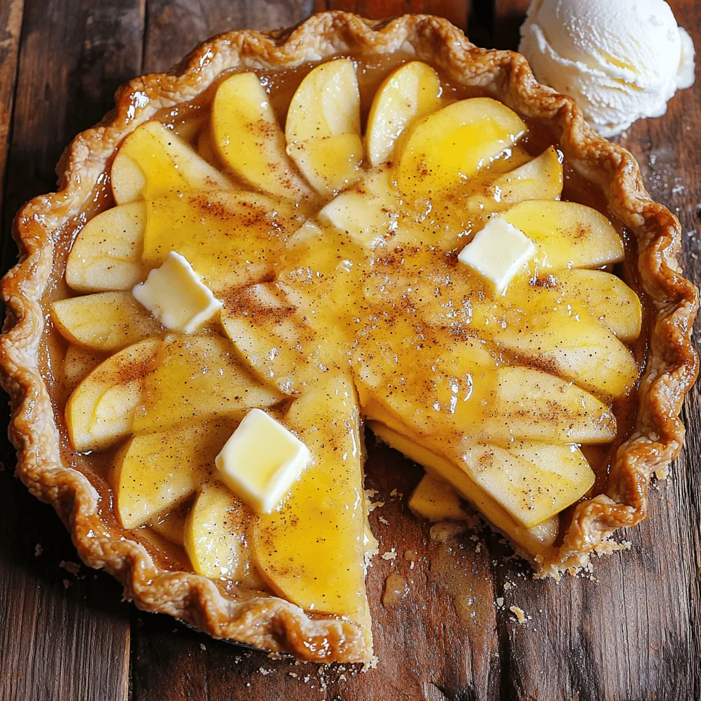 To make a classic apple pie, you need a few key ingredients. Here is a simple list: - 6 cups Granny Smith apples, peeled, cored, and sliced - 1 cup granulated sugar - ¼ cup brown sugar, packed - 2 tablespoons all-purpose flour - 1 teaspoon ground cinnamon - ½ teaspoon ground nutmeg - 2 tablespoons lemon juice - 1 tablespoon unsalted butter, cut into small pieces - 1 package (14 oz) refrigerated pie crusts (or homemade, if preferred) - 1 egg, beaten (for egg wash) - Pinch of salt These ingredients create a sweet and tart filling with a flaky crust. If you want to add more depth to your pie, consider these optional ingredients: - Vanilla extract for a warm flavor - A pinch of ginger for a spicy kick - Raisins or cranberries for added texture - Walnuts or pecans for crunch These extras can enhance the overall taste and make your pie unique. Choosing the right apples is key to a great pie. Here are some tips to help you pick the best ones: - Go for tart apples: Granny Smith apples work well. They balance the sweetness of sugar. - Mix apple types: Consider using a blend of tart and sweet apples. Honeycrisp or Fuji can add sweetness. - Check firmness: Choose firm apples, as they hold their shape when baked. Avoid soft or bruised apples. - Smell the apples: Fresh apples should have a sweet, fruity scent. This indicates ripeness. Using the best apples will help your pie shine in flavor and texture. For the full recipe, check the earlier section. Enjoy baking! Start by peeling, coring, and slicing six cups of Granny Smith apples. This type of apple works best for pies. In a large bowl, mix the sliced apples with one cup of granulated sugar, a quarter cup of brown sugar, and two tablespoons of flour. The sugar helps sweeten the apples, while flour thickens the filling. Add one teaspoon of ground cinnamon, half a teaspoon of nutmeg, and two tablespoons of lemon juice. Toss everything well. Let this mixture sit for about 15 minutes. This step lets the flavors blend and the juices flow. If you're using homemade pie crust, roll it out to fit your pie dish. If you choose store-bought crusts, unroll the first one. Fit it into a nine-inch pie dish. Make sure the dough covers the bottom and sides well. Trim any excess crust hanging over the edges. Keep the second crust in the fridge while you fill the pie. This helps it stay firm for later use. Pour the apple filling into the crust. Spread it evenly for a nice look. Dot the top with small pieces of unsalted butter for added richness. Now, roll out the second crust. Lay it over the filling. You can cut slits in the top for steam to escape or make a lattice design for style. Crimp the edges to seal the pie. Brush the top with a beaten egg for a golden finish. Now, place the pie on a baking sheet to catch drips. Bake it at 425°F (220°C) for 15 minutes. After that, lower the temperature to 350°F (175°C) and bake for another 35 to 45 minutes. The pie is done when the apples are tender and the crust is golden brown. Let it cool for at least two hours before slicing. This helps the filling set. Don’t forget to check the full recipe for more details! To get a perfect crust, start with cold ingredients. Use cold butter or shortening. This keeps the crust flaky. When rolling out the dough, use a light touch. Try not to overwork the dough. This helps it stay tender. Always chill the crust for 30 minutes. This helps it hold its shape during baking. To ensure even cooking, slice your apples uniformly. This helps them cook at the same rate. Mix your apples with sugar and spices well. This allows the flavors to meld. Use a mix of tart and sweet apples for the best taste. Granny Smith apples work well for tartness. Honeycrisp adds sweetness. Don’t forget the lemon juice; it brightens the flavor! One common mistake is not letting the pie cool. If you slice it too soon, the filling spills. Another mistake is using too much flour. This can make the filling dry and pasty. Avoid overcrowding the pie with apples. Too many apples can cause overflow. Finally, don’t forget the egg wash. It gives your crust a nice, golden finish. For a complete guide, check the Full Recipe. {{image_2}} You can use different apples for a unique taste. Granny Smith apples are tart and crisp. Honeycrisp apples add sweetness and crunch. Fuji apples give a juicy bite. Mix two or three types for a tasty blend. Each type adds its own flavor and texture to the pie. This makes every slice a delightful surprise. You have choices for the pie crust. A homemade crust tastes fresh and buttery. It may take more time but can be worth it. Use simple ingredients like flour, butter, and water. If you're short on time, store-bought crusts work well, too. They save effort and still taste great. Just roll out your choice and fill it with the apple mixture. You can boost the flavor with spices. Ground cinnamon is classic, but nutmeg adds warmth. Try adding a pinch of allspice for a twist. Consider topping the pie with a scoop of ice cream or whipped cream. A sprinkle of cinnamon on top makes it look nice. These extras make the pie even more enjoyable. For the full recipe, check the details above. To keep your leftover apple pie fresh, wrap it well. Use plastic wrap or foil to cover the pie. You can also place it in an airtight container. Store it at room temperature for up to two days. If you want it to last longer, put it in the fridge. This will keep it safe for about a week. When you want to enjoy your pie again, reheating it properly is key. Preheat your oven to 350°F (175°C). Place the pie on a baking sheet. Heat it for about 15 to 20 minutes. This will warm the pie without making the crust soggy. You can also microwave individual slices. Just heat them for 30 seconds at a time until warm. You can freeze your apple pie if you have extra. Wrap it tightly in plastic wrap and then foil. This will help prevent freezer burn. You can freeze it for up to three months. When you are ready to eat, thaw it in the fridge overnight. After thawing, reheat it in the oven to enjoy a warm slice again. Remember to check out the Full Recipe for more details on making this classic treat! The best apples for apple pie are Granny Smith. They offer a nice tartness. This balances the sweetness of the sugar. Other great choices include Honeycrisp and Braeburn. Their firmness helps the pie keep its shape. A mix of tart and sweet apples adds depth. Experiment to find your favorite combo. Yes, you can use different crust types. A buttery flaky crust works well. You can also try a graham cracker crust for a twist. Store-bought crusts save time and taste great. If you want, make a crumb topping instead. This gives a crunchy texture and extra flavor. Your pie is done when the crust is golden brown. The filling should bubble slightly. Check the apples for tenderness with a fork. If they are soft, it’s ready! Let the pie cool for two hours. This helps the filling set for perfect slices. For more details, check the full recipe. You now have everything needed to make a great apple pie. We explored essential ingredients and tips for choosing the best apples. I shared step-by-step instructions for preparing the filling, rolling out the crust, and baking. We covered important tips for perfecting your pie, including common mistakes to avoid. With variations and storage info, you can customize and keep your pie fresh. Remember, practice makes perfect. Enjoy the process, and soon, your apple pie will impress everyone!