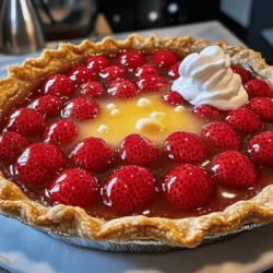To make the best strawberry pie, you need: - 1 pre-made pie crust (or homemade, if preferred) - 4 cups fresh strawberries, hulled and halved - 1 cup granulated sugar (divided) - 2 tablespoons cornstarch - 1 tablespoon lemon juice - 1 teaspoon vanilla extract - 1/4 teaspoon salt - 1 tablespoon unsalted butter, cut into small pieces - Whipped cream or vanilla ice cream for serving (optional) For this pie, I recommend quality brands for great taste: - Pie Crust: Look for Marie Callender’s or Pillsbury for pre-made options. - Sugar: Use Domino or C&H for consistent sweetness. - Cornstarch: Argo is a reliable brand for thickening. - Butter: Choose Land O'Lakes or Challenge for rich flavor. If you have allergies or want to make swaps, try these: - Pie Crust: Use gluten-free crust for a gluten-free option. - Sugar: Substitute with coconut sugar for a healthier choice. - Cornstarch: Arrowroot powder works well if you cannot use cornstarch. - Dairy-Free: Replace unsalted butter with coconut oil or vegan butter. Feel free to explore these options to suit your taste and dietary needs! 1. Prepare the Strawberries: In a large bowl, mix the halved strawberries with 1/2 cup sugar. Toss gently to coat them. Let them sit for about 15 minutes. This helps the strawberries release their juices. 2. Make the Filling: In a small bowl, combine the remaining 1/2 cup sugar, cornstarch, lemon juice, vanilla extract, and salt. Mix well until everything is combined. 3. Cook the Mixture: Pour the strawberry mix into a pot over medium heat. Add the cornstarch mix. Stir often until it bubbles and thickens, about 5-7 minutes. This step enhances the flavor and gives the strawberries a shiny glaze. Remove from heat and let it cool slightly. 4. Preheat the Oven: While the filling cools, set your oven to 375°F (190°C). 5. Assemble the Pie: Pour the strawberry filling into the pie crust. Spread it out evenly. Dot the top with small butter pieces to add richness. 6. Bake: Cover the pie loosely with aluminum foil. Bake for 25-30 minutes. Remove the foil and bake for another 10-15 minutes until the crust turns golden and the filling bubbles. 7. Cool: Let the pie cool at room temperature for at least 2 hours. This time helps it set before serving. 8. Serve: Slice the pie and top it with whipped cream or vanilla ice cream if you like. - Choose ripe strawberries. They should be bright red and firm. - Wash them gently under cool water. Pat them dry with a paper towel. - Remove the green tops carefully with a knife or huller. - Cut strawberries evenly to ensure they cook at the same rate. - If you have extra strawberries, you can freeze them for later use. - Use fresh strawberries in the summer when they are in season. They taste best at this time. - Frozen strawberries are great in winter or when fresh ones are not available. They work well in pies. - If using frozen strawberries, thaw them first and drain excess liquid. This helps avoid a soggy pie. To make a great pie crust, keep it cold. Use chilled butter and ice-cold water. This helps the crust stay flaky. Roll it out on a cool surface. If it gets too warm, pop it in the fridge for a few minutes. One big mistake is overworking the dough. This makes it tough. Mix just until combined. Also, don’t skip the chilling step. It helps the crust hold shape while baking. Lastly, check the browning. If it gets too dark, cover it with foil. You can add zest to your pie. Grate lemon or orange peel into the filling. This gives a bright taste. Try mixing in some fresh mint leaves for a refreshing twist. For a richer flavor, add a touch of almond extract too. Remember to balance flavors by adjusting sugar as needed. {{image_2}} You can make a richer strawberry pie by adding cream cheese. Start with 8 ounces of softened cream cheese. Mix it with 1/3 cup of sugar and 1 teaspoon of vanilla. Spread this mixture onto the pie crust before adding the strawberry filling. The cream cheese adds a smooth texture and a nice tang that works well with the strawberries. If you need a gluten-free option, use a gluten-free pie crust. You can find these at many stores. You could also make your own with almond flour or gluten-free baking mixes. Just be sure to check the ingredients. The filling stays the same, so your pie remains just as delicious and fresh! Try adding seasonal fruits for new flavors. In spring, mix in some rhubarb for a tart kick. In summer, add fresh peaches for sweetness. You can even add herbs like mint or basil for a fun twist. These small changes can make your strawberry pie stand out and impress your family and friends. To store leftover strawberry pie, cover it tightly with plastic wrap or aluminum foil. Place it in the fridge for up to three days. This keeps the pie fresh and the crust from getting soggy. If you have a slice left, use a pie server to lift it out gently. This keeps the filling intact and looks nice on your plate. If you want to save your pie for later, you can freeze it! First, let the pie cool completely. Wrap it in plastic wrap, then in aluminum foil. This prevents freezer burn. You can freeze it for up to three months. When you're ready to eat it, thaw it overnight in the fridge. To reheat your strawberry pie, preheat your oven to 350°F (175°C). Remove any plastic wrap or foil, and place the pie in an oven-safe dish. Heat it for about 10-15 minutes. This warms the filling and crust without making it soggy. Serve it warm with whipped cream or ice cream for a tasty treat. For more details on making the pie, check the Full Recipe. To make your pie less sweet, reduce the sugar. Use only 1/2 cup instead of 1 cup. You can also use less sugar in the filling. Try adding more lemon juice. The tart flavor will balance the sweetness. If you want, add fresh mint. It gives a nice flavor without extra sugar. Yes, you can use other fruits. Blueberries and raspberries work well. You can mix different berries for a fun twist. Apples or peaches can also be used. Just remember to adjust the sugar based on the fruit's sweetness. Each fruit will bring its own taste and texture. Serve your pie with whipped cream. A scoop of vanilla ice cream is also great. For a twist, try serving it with yogurt. You can even drizzle some chocolate sauce over it. Each option will add a new layer of flavor to your pie. You learned how to make a great strawberry pie. We covered the best ingredients, cooking steps, and tips to avoid mistakes. I shared fun ways to change the pie and how to store it. Remember, fresh strawberries give the best taste, but frozen can work too. Try the variations to keep it exciting. With a little care, you can impress everyone with your pie. Enjoy baking and sharing this delicious treat!